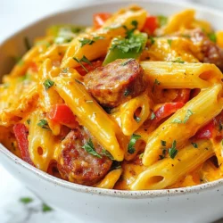 - 12 oz. penne pasta - 12 oz. smoked sausage, sliced - 1 tablespoon olive oil - 1 medium onion, diced - 3 cloves garlic, minced - 1 red bell pepper, diced - 1 green bell pepper, diced - 1 tablespoon Cajun seasoning - 1 teaspoon paprika - 1/2 teaspoon black pepper - 1 cup chicken broth - 1 cup heavy cream - 1 cup shredded cheddar cheese - Salt to taste - Fresh parsley, chopped (for garnish) When I make One Pot Creamy Cajun Sausage Pasta, I love using penne pasta. It holds sauce well. The smoked sausage adds a nice, rich flavor. Olive oil helps to brown the sausage and adds a lovely taste. Next, I dice a medium onion and mince three cloves of garlic. These two bring a strong aroma to the dish. I also add a red and a green bell pepper for color and crunch. The Cajun seasoning gives the dish its kick. I use paprika and black pepper for depth. For the creamy sauce, I pour in chicken broth and heavy cream. The heavy cream makes it rich and smooth. Shredded cheddar cheese melts into the sauce, making it even better. I finish with salt and fresh parsley for a bright touch. This blend of ingredients makes a filling and tasty meal. {{ingredient_image_1}} First, heat 1 tablespoon of olive oil in a large pot over medium heat. Add 12 ounces of sliced smoked sausage. Cook for about 5 minutes until the sausage turns brown. This step adds great flavor. Next, toss in 1 diced medium onion and 3 cloves of minced garlic. Sauté for 3 minutes until the onion gets soft and clear. The smell will be amazing! Now, add 1 diced red bell pepper and 1 diced green bell pepper. Cook for another 3 minutes until the peppers soften. This mix brings color and taste. Sprinkle 1 tablespoon of Cajun seasoning, 1 teaspoon of paprika, and 1/2 teaspoon of black pepper over your sausage and veggies. Stir well to blend the flavors. This blend gives your dish that Cajun kick. Next, add 12 ounces of penne pasta and pour in 1 cup of chicken broth. Stir to make sure the pasta is covered. Bring the mixture to a boil, then lower the heat. Cover the pot and let it cook for about 10 minutes, stirring now and then. You want the pasta to be al dente and most of the liquid to be absorbed. After that, pour in 1 cup of heavy cream and mix in 1 cup of shredded cheddar cheese. Stir until the cheese melts and the sauce becomes creamy. Taste and add salt if you need to. Finally, take the pot off the heat. Let it sit for 2 minutes so the pasta can thicken a bit. Now you are ready to serve! To make this dish stand out, adjust the seasoning to your taste. If you like it spicy, add more Cajun seasoning or paprika. If you prefer a milder flavor, reduce them. Always taste as you go. When it comes to sausage, choose a good-quality smoked sausage. This adds rich flavor. Look for options that are made from pork or chicken. If you want to try something different, use andouille sausage for a more authentic Cajun taste. Timing is key for perfectly cooked pasta. Keep an eye on the penne. It should be al dente, which means firm to the bite. Cook it for about 10 minutes. Stir occasionally to avoid sticking. To avoid sticky pasta, make sure the pot has enough liquid. Stirring helps too. If it seems too thick, add a splash of chicken broth or water. This keeps the pasta smooth and creamy. Garnishing adds flair to your dish. Fresh parsley gives a pop of color. Chop it finely and sprinkle it on top. You can also add more cheddar cheese for a cheesy finish. For serving, use shallow bowls. This makes the dish look elegant. Pair it with a fresh salad or crusty bread for a complete meal. Enjoy the creamy goodness and impress your family! Pro Tips Use Fresh Ingredients: Fresh vegetables and high-quality sausage will enhance the overall flavor of the dish. Adjust the Spice Level: Feel free to increase or decrease the amount of Cajun seasoning based on your heat preference. Let it Rest: Allowing the dish to sit for a few minutes after cooking helps the sauce thicken and improves the texture. Experiment with Cheese: Try different types of cheese like pepper jack or gouda for a unique twist on the creamy sauce. {{image_2}} You can change the pasta type to fit your taste. Use rotini or fettuccine for fun twists. Each pasta brings a unique texture. You can also swap out the sausage for other proteins. Chicken or shrimp work well in this recipe. Just make sure to adjust the cooking time. If you want more heat, add extra Cajun seasoning. You can also sprinkle in a pinch of cayenne pepper. For a kick, consider using your favorite hot sauce. A dash of Tabasco or Sriracha can elevate the flavor. For gluten-free pasta, choose rice or chickpea pasta. These options cook nicely and add flavor. If you want a vegan version, skip the sausage and cream. Use plant-based sausage and coconut milk instead. Both options keep the dish creamy and tasty. To keep your One Pot Creamy Cajun Sausage Pasta fresh, cool it first. Use shallow containers for quick cooling. Store the pasta in the fridge within two hours of cooking. It lasts for about three to four days. Use airtight containers to keep it from drying out. Glass or plastic containers work well. Make sure to label your containers with the date. This helps you track how long they have been in the fridge. When it's time to eat your leftovers, you have a few options. You can use the microwave or the stovetop. For the microwave, heat in 30-second intervals, stirring in between. If you prefer the stovetop, heat over low heat. Add a splash of chicken broth or cream to keep it creamy. Stir often to prevent it from sticking. This keeps the dish rich and smooth. If you want to save some for later, freezing is a great choice. Portion the pasta into freezer-safe bags or containers. Leave some space for the pasta to expand. Label them with the date before placing them in the freezer. To thaw, move the pasta to the fridge overnight. For quick meals, you can also thaw it in the microwave. Reheat as mentioned above to enjoy your creamy pasta again. Yes, you can prepare this dish ahead of time. To do this, cook the pasta and sausage as directed. Allow it to cool before storing it in the fridge. Use an airtight container for best results. This dish stays fresh for up to three days in the fridge. When ready to eat, just reheat it gently on the stove. Add a bit of cream or broth to keep it creamy. Absolutely! If you want less heat, cut back on the Cajun seasoning. Start with half a tablespoon instead of a full one. You can also skip the black pepper or use a milder version. Tasting as you go is key. Adjust the spice level until it suits your taste. Yes, feel free to mix it up! If you want a different flavor, try using mozzarella or gouda. Both melt well and add a nice taste. Cream cheese can also work if you want a richer sauce. Always remember to taste as you add. This helps you find the cheese combo that you love best! You now have a clear path to making a delicious Cajun pasta dish. From gathering your ingredients to cooking and storing, every step matters. Adjust flavors to fit your taste and try different variations. Share this recipe with friends or keep it for a busy night. Cooking should be fun and easy, so don't stress! Experiment with swaps and toppings to make it your own. Enjoy your tasty creation and happy cooking!