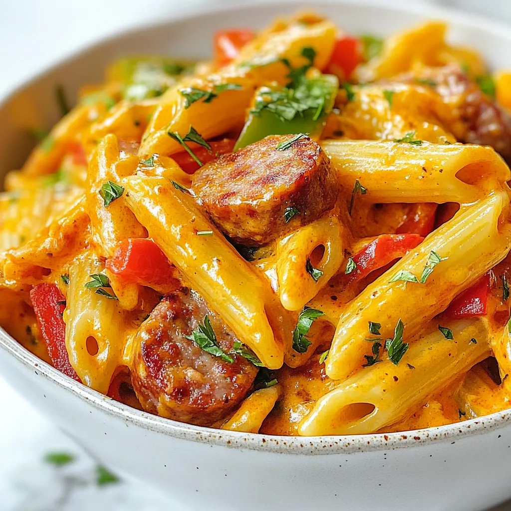- 12 oz. penne pasta - 12 oz. smoked sausage, sliced - 1 tablespoon olive oil - 1 medium onion, diced - 3 cloves garlic, minced - 1 red bell pepper, diced - 1 green bell pepper, diced - 1 tablespoon Cajun seasoning - 1 teaspoon paprika - 1/2 teaspoon black pepper - 1 cup chicken broth - 1 cup heavy cream - 1 cup shredded cheddar cheese - Salt to taste - Fresh parsley, chopped (for garnish) When I make One Pot Creamy Cajun Sausage Pasta, I love using penne pasta. It holds sauce well. The smoked sausage adds a nice, rich flavor. Olive oil helps to brown the sausage and adds a lovely taste. Next, I dice a medium onion and mince three cloves of garlic. These two bring a strong aroma to the dish. I also add a red and a green bell pepper for color and crunch. The Cajun seasoning gives the dish its kick. I use paprika and black pepper for depth. For the creamy sauce, I pour in chicken broth and heavy cream. The heavy cream makes it rich and smooth. Shredded cheddar cheese melts into the sauce, making it even better. I finish with salt and fresh parsley for a bright touch. This blend of ingredients makes a filling and tasty meal. {{ingredient_image_1}} First, heat 1 tablespoon of olive oil in a large pot over medium heat. Add 12 ounces of sliced smoked sausage. Cook for about 5 minutes until the sausage turns brown. This step adds great flavor. Next, toss in 1 diced medium onion and 3 cloves of minced garlic. Sauté for 3 minutes until the onion gets soft and clear. The smell will be amazing! Now, add 1 diced red bell pepper and 1 diced green bell pepper. Cook for another 3 minutes until the peppers soften. This mix brings color and taste. Sprinkle 1 tablespoon of Cajun seasoning, 1 teaspoon of paprika, and 1/2 teaspoon of black pepper over your sausage and veggies. Stir well to blend the flavors. This blend gives your dish that Cajun kick. Next, add 12 ounces of penne pasta and pour in 1 cup of chicken broth. Stir to make sure the pasta is covered. Bring the mixture to a boil, then lower the heat. Cover the pot and let it cook for about 10 minutes, stirring now and then. You want the pasta to be al dente and most of the liquid to be absorbed. After that, pour in 1 cup of heavy cream and mix in 1 cup of shredded cheddar cheese. Stir until the cheese melts and the sauce becomes creamy. Taste and add salt if you need to. Finally, take the pot off the heat. Let it sit for 2 minutes so the pasta can thicken a bit. Now you are ready to serve! To make this dish stand out, adjust the seasoning to your taste. If you like it spicy, add more Cajun seasoning or paprika. If you prefer a milder flavor, reduce them. Always taste as you go. When it comes to sausage, choose a good-quality smoked sausage. This adds rich flavor. Look for options that are made from pork or chicken. If you want to try something different, use andouille sausage for a more authentic Cajun taste. Timing is key for perfectly cooked pasta. Keep an eye on the penne. It should be al dente, which means firm to the bite. Cook it for about 10 minutes. Stir occasionally to avoid sticking. To avoid sticky pasta, make sure the pot has enough liquid. Stirring helps too. If it seems too thick, add a splash of chicken broth or water. This keeps the pasta smooth and creamy. Garnishing adds flair to your dish. Fresh parsley gives a pop of color. Chop it finely and sprinkle it on top. You can also add more cheddar cheese for a cheesy finish. For serving, use shallow bowls. This makes the dish look elegant. Pair it with a fresh salad or crusty bread for a complete meal. Enjoy the creamy goodness and impress your family! Pro Tips Use Fresh Ingredients: Fresh vegetables and high-quality sausage will enhance the overall flavor of the dish. Adjust the Spice Level: Feel free to increase or decrease the amount of Cajun seasoning based on your heat preference. Let it Rest: Allowing the dish to sit for a few minutes after cooking helps the sauce thicken and improves the texture. Experiment with Cheese: Try different types of cheese like pepper jack or gouda for a unique twist on the creamy sauce. {{image_2}} You can change the pasta type to fit your taste. Use rotini or fettuccine for fun twists. Each pasta brings a unique texture. You can also swap out the sausage for other proteins. Chicken or shrimp work well in this recipe. Just make sure to adjust the cooking time. If you want more heat, add extra Cajun seasoning. You can also sprinkle in a pinch of cayenne pepper. For a kick, consider using your favorite hot sauce. A dash of Tabasco or Sriracha can elevate the flavor. For gluten-free pasta, choose rice or chickpea pasta. These options cook nicely and add flavor. If you want a vegan version, skip the sausage and cream. Use plant-based sausage and coconut milk instead. Both options keep the dish creamy and tasty. To keep your One Pot Creamy Cajun Sausage Pasta fresh, cool it first. Use shallow containers for quick cooling. Store the pasta in the fridge within two hours of cooking. It lasts for about three to four days. Use airtight containers to keep it from drying out. Glass or plastic containers work well. Make sure to label your containers with the date. This helps you track how long they have been in the fridge. When it's time to eat your leftovers, you have a few options. You can use the microwave or the stovetop. For the microwave, heat in 30-second intervals, stirring in between. If you prefer the stovetop, heat over low heat. Add a splash of chicken broth or cream to keep it creamy. Stir often to prevent it from sticking. This keeps the dish rich and smooth. If you want to save some for later, freezing is a great choice. Portion the pasta into freezer-safe bags or containers. Leave some space for the pasta to expand. Label them with the date before placing them in the freezer. To thaw, move the pasta to the fridge overnight. For quick meals, you can also thaw it in the microwave. Reheat as mentioned above to enjoy your creamy pasta again. Yes, you can prepare this dish ahead of time. To do this, cook the pasta and sausage as directed. Allow it to cool before storing it in the fridge. Use an airtight container for best results. This dish stays fresh for up to three days in the fridge. When ready to eat, just reheat it gently on the stove. Add a bit of cream or broth to keep it creamy. Absolutely! If you want less heat, cut back on the Cajun seasoning. Start with half a tablespoon instead of a full one. You can also skip the black pepper or use a milder version. Tasting as you go is key. Adjust the spice level until it suits your taste. Yes, feel free to mix it up! If you want a different flavor, try using mozzarella or gouda. Both melt well and add a nice taste. Cream cheese can also work if you want a richer sauce. Always remember to taste as you add. This helps you find the cheese combo that you love best! You now have a clear path to making a delicious Cajun pasta dish. From gathering your ingredients to cooking and storing, every step matters. Adjust flavors to fit your taste and try different variations. Share this recipe with friends or keep it for a busy night. Cooking should be fun and easy, so don't stress! Experiment with swaps and toppings to make it your own. Enjoy your tasty creation and happy cooking!