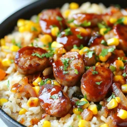 - Cooked Rice: 2 cups brown or white - Sausage: 1 pound chicken or turkey, sliced - Vegetables: 1 bell pepper (red or yellow), diced, 1 medium onion, chopped, 2 cloves garlic, minced - Corn: 1 cup (frozen or fresh) - BBQ Sauce: 3/4 cup of sweet and tangy variant - Seasonings: apple cider vinegar, smoked paprika, oregano, salt, pepper - Cooking Oil: 2 tablespoons olive oil - Garnish: Fresh parsley, chopped Let’s talk about the ingredients. You can use any type of rice. Brown rice adds a nutty taste, while white rice cooks faster and is softer. I love chicken or turkey sausage for this dish. It offers a lighter flavor than pork. Next, let’s add some crunch. A bell pepper gives color and sweetness. Use red or yellow for a bright look. Onions add depth. Sauté them until they soften, and you’ll love the smell. Garlic adds a punch. Just remember to chop it fine. Corn is great for sweetness and texture. Fresh corn is sweet, but frozen works well, too. The BBQ sauce is the star here. A sweet and tangy sauce blends perfectly with the savory sausage. It brings the whole dish together. For seasonings, you’ll want apple cider vinegar for a kick. Smoked paprika adds warmth and depth. Oregano gives a hint of earthiness. Don't forget salt and pepper to bring out the flavors. Finally, use olive oil for cooking. It has a nice flavor and helps everything brown nicely. Fresh parsley is the perfect garnish. It adds a touch of color and freshness. These ingredients create a delightful mix that makes this meal a family favorite. {{ingredient_image_1}} - Chop and Dice: Start by dicing one onion and one bell pepper. You can use red or yellow. Mince two cloves of garlic. Set these aside for later. - Slice Sausage: Take one pound of chicken or turkey sausage. Slice it into bite-sized pieces. This will help it cook evenly and add great flavor to your dish. - Sautéing Onions and Peppers: Heat two tablespoons of olive oil in a large skillet over medium heat. Add the chopped onion and sauté for about 2-3 minutes. When the onion softens, add the diced bell pepper and minced garlic. Cook for another 3-4 minutes, until the veggies are tender. - Browning the Sausage: Next, add the sliced sausage to the skillet. Cook while stirring occasionally for about 5-7 minutes. You want the sausage to be browned and heated through. This step is key for the best flavor. - Mixing in Corn and Sauce: Stir in one cup of corn, either frozen or fresh. Cook for another 2 minutes. Then, pour in 3/4 cup of sweet and tangy BBQ sauce and one tablespoon of apple cider vinegar. Mix everything well so that the sausage and veggies are coated. - Folding Rice into the Mixture: Now it's time to add two cups of cooked rice. Gently fold it into the mixture. This ensures that all the flavors blend together nicely. - Adjusting Seasonings: Finally, season with one teaspoon each of smoked paprika and oregano. Add salt and pepper to taste. Give it a good stir and let it cook for another 3-4 minutes. This will heat everything through and meld the flavors perfectly. - Flavor Profiles: I like using chicken or turkey sausage. They are lean and tasty. You can also try pork sausage for a richer flavor. Each type gives a unique taste to the dish. - Cooking Times Variance: Cooking time changes based on the sausage you pick. Chicken sausage cooks fast, while pork may take longer. Always check the package for exact times. - Additional Spices: Add a pinch of cayenne for heat. A dash of cumin or chili powder adds a nice kick. You can also mix in some black pepper to layer the flavors. - Sweet and Tangy Balance: Adjust the BBQ sauce and vinegar to your liking. If you want it sweeter, add more BBQ sauce. For tanginess, increase the vinegar. Taste as you go for the best balance. - Garnishing with Fresh Herbs: Fresh parsley brightens up your dish. It adds color and freshness. Just chop some and sprinkle on top right before serving. - Plating Suggestions: Serve the skillet meal in a large bowl. This makes it easy to share. You can also place it on a colorful plate to make it pop. Pro Tips Choose Quality Sausage: Opt for high-quality chicken or turkey sausage for the best flavor and texture in your dish. Customize the BBQ Sauce: Feel free to experiment with different brands or flavors of BBQ sauce to tailor the dish to your taste. Garnish for Freshness: Adding fresh parsley not only enhances the visual appeal but also adds a burst of freshness to the dish. Leftovers Make Great Meals: This dish stores well in the fridge; simply reheat for a quick meal the next day. {{image_2}} - Ingredient Swaps: Use mushrooms or tempeh instead of sausage. These options add great texture. You can also try lentils or chickpeas for a protein boost. - Adding Protein: If you want more protein, add beans like black or kidney beans. They add flavor and are healthy, too. - Spice Level: Want it spicy? Add red pepper flakes or chopped jalapeños. Start with a small amount and taste as you go. - Other Sauce Choices: Try different BBQ sauces like honey mustard or a smoky chipotle. Each sauce gives a unique twist to the dish. - Incorporating Seasonal Vegetables: Swap in seasonal veggies. In summer, add zucchini or squash. In winter, use hearty greens like kale or spinach. - Providing Seasonal Spices: Use herbs like thyme in spring or sage in fall. They will change the flavor profile to fit the season. - Storing Leftovers: Place any leftover Sweet Tangy BBQ Sausage Rice Skillet in an airtight container. This keeps the flavors locked in and prevents the rice from drying out. Make sure to let it cool to room temperature before sealing it. - Storage Duration: The dish stays fresh for up to four days in the fridge. Always check for any off smells or colors before eating. - Freezing the Skillet Meal: You can freeze this meal for longer storage. Use a freezer-safe container, leaving some space at the top for expansion. Freeze it within two hours of cooking for the best taste. - Thawing and Reheating: To thaw, place the container in the fridge overnight. Reheat it in a skillet over medium heat, stirring occasionally. You can add a splash of water or more BBQ sauce to help it heat evenly and keep it moist. Can I use a different type of rice? Yes, you can use any rice you prefer. Brown rice, white rice, or even jasmine rice works well. Just ensure it is cooked before adding it to the skillet. Is this recipe gluten-free? Yes, the recipe is gluten-free. Just check your BBQ sauce to confirm it is gluten-free. Most brands offer this option. What can I serve with this dish? This dish pairs well with a simple salad or some steamed vegetables. You can also add cornbread for extra comfort. How long can I store the dish? You can store the skillet meal in the fridge for about three to four days. Make sure to keep it in an airtight container. What if I don't have BBQ sauce? If you run out of BBQ sauce, you can use ketchup mixed with a bit of vinegar and spices. This gives a similar sweet and tangy flavor. Can I make this recipe in advance? Absolutely! You can prepare it a day ahead. Just reheat it on the stove before serving. The flavors will blend even more overnight! This blog post outlined a delicious Sweet Tangy BBQ Sausage Rice Skillet. We discussed key ingredients, step-by-step cooking instructions, and helpful tips. You learned about variations like vegetarian swaps and seasonal options, plus storage advice for leftovers. Final thoughts: This dish is versatile and easy to make. Experiment with flavors and enjoy creating your own tasty version!