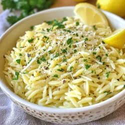 - 1 cup orzo pasta - 3 tablespoons olive oil - 4 cloves garlic, minced - 1/2 teaspoon red pepper flakes (optional) - 1/2 cup grated Parmesan cheese - 1 cup vegetable broth - 1/4 cup fresh parsley, chopped - Salt and pepper to taste - Lemon wedges for serving The ingredients for Quick Garlic Parmesan Orzo are simple yet flavorful. Start with one cup of orzo pasta. This tiny pasta cooks fast and soaks up flavor well. You will need three tablespoons of olive oil. It helps to sauté the garlic and adds richness. Next, grab four cloves of garlic. Mince them for a strong, aromatic base. If you like heat, add half a teaspoon of red pepper flakes. They give a nice kick. You also need half a cup of grated Parmesan cheese. This cheese melts beautifully, adding creaminess. One cup of vegetable broth serves as the cooking liquid for the orzo. It brings depth to the dish. You will need a quarter cup of fresh parsley, chopped. This brightens the dish and adds color. Don't forget salt and pepper to taste. They enhance all the flavors. Lastly, prepare some lemon wedges for serving. A squeeze of lemon brings freshness to each bite. With these ingredients, you can create a savory and simple dish that is sure to please. {{ingredient_image_1}} To start, bring 1 cup of vegetable broth to a boil in a medium saucepan. Once boiling, add 1 cup of orzo pasta. Cook the orzo according to the package instructions. This usually takes about 8 to 10 minutes. You want the orzo to be al dente, which means it should be tender but still firm. Once cooked, drain the orzo but save a little of the cooking liquid. This can help moisten the dish later. While the orzo cooks, heat 3 tablespoons of olive oil in a large skillet over medium heat. Once the oil is hot, add 4 cloves of minced garlic. If you like a little heat, add 1/2 teaspoon of red pepper flakes too. Sauté the garlic for about 1 to 2 minutes. You want it fragrant, but be careful not to brown it. If it burns, the flavor turns bitter. Now it’s time to bring everything together. Add the drained orzo to the skillet with the garlic oil. Toss the orzo well to coat it in the oil and garlic. Next, sprinkle in 1/2 cup of grated Parmesan cheese and 1/4 cup of chopped fresh parsley. Mix everything together. If the mixture seems dry, add a tablespoon of the reserved cooking liquid at a time until it reaches your desired consistency. Finally, season with salt and pepper to taste. Serve hot, garnished with extra Parmesan and a squeeze of lemon juice. When selecting orzo, look for a brand that offers high-quality pasta. Check the package for whole grain orzo. This type has more fiber and nutrients. Look for a smooth texture, as this helps it cook evenly. Avoid orzo with broken pieces; it won't cook the same. If you can, buy orzo from a trusted store or online retailer. To enhance the garlic flavor, add more minced garlic or roast it first. Roasting garlic gives a deeper taste. You can also add spices like oregano or thyme for extra flavor. For a kick, sprinkle in more red pepper flakes. If you want a fresh twist, try adding a splash of lemon juice or zest. Fresh herbs like basil can also brighten the dish. Serve your orzo warm, right after cooking for best taste. Add extra grated Parmesan on top for a cheesy finish. Garnish with fresh parsley for color and a fresh taste. Lemon wedges on the side are perfect for squeezing over each serving. This dish goes well with grilled chicken, shrimp, or a simple salad. Enjoy it as a main dish or as a side. Pro Tips Use High-Quality Olive Oil: A good quality olive oil enhances the flavor of the garlic and orzo, making the dish more aromatic and delicious. Customize the Cheese: Feel free to mix in other cheeses like Pecorino Romano or add a dollop of cream cheese for a richer taste. Add Seasonal Vegetables: Toss in seasonal vegetables such as spinach, cherry tomatoes, or asparagus for added nutrition and color. Perfect the Lemon Squeeze: A fresh squeeze of lemon right before serving brightens up the dish and balances the flavors beautifully. {{image_2}} You can easily make this dish more colorful and healthy by adding veggies. Try using seasonal options like spinach, zucchini, or cherry tomatoes. Just sauté them with the garlic for a few minutes before adding the orzo. This adds flavor and nutrients. You can also use frozen peas or broccoli if fresh veggies are not available. Want to make your orzo a full meal? Add protein! Grilled chicken, shrimp, or cubed tofu work great. Cook the protein separately and mix it in when you combine the orzo and garlic. This makes the dish heartier and keeps you full longer. If you want to switch up the flavor, try different herbs. Basil, thyme, or oregano can give your orzo a new twist. Just chop the herbs finely and stir them in during the final mix. This keeps the dish fresh and exciting every time you make it. I recommend storing leftover Quick Garlic Parmesan Orzo in an airtight container. Let it cool first before sealing. This keeps the orzo fresh and safe. You can store it in the fridge for up to three days. When you're ready to eat, simply reheat it in a pan. You can add a splash of vegetable broth to help it regain moisture. If you want to freeze the orzo, place it in a freezer-safe container. Make sure it is completely cool before you freeze it. It can last up to three months in the freezer. To reheat, just thaw it overnight in the fridge. Then, warm it on the stove with a little olive oil or broth. This helps bring back its creamy texture. The shelf life of cooked orzo is about three days in the fridge. If frozen, it lasts up to three months. Always check for signs of spoilage before eating. If it smells off or has a strange texture, it's best to toss it. To make Garlic Parmesan Orzo vegan, you can swap a few ingredients. Use nutritional yeast instead of Parmesan cheese. It gives a cheesy flavor without dairy. Instead of olive oil, try using vegan butter for richness. Lastly, check that your vegetable broth is vegan-friendly. These simple swaps keep your dish tasty and plant-based. Yes, you can use other pasta types! Small shapes like ditalini or couscous work well. You can also try whole wheat pasta for a nutty taste. Just adjust the cooking times based on the type of pasta you choose. This way, you can enjoy your orzo recipe with your favorite pasta! Garlic Parmesan Orzo pairs great with many dishes. Serve it with grilled chicken or shrimp for protein. A fresh salad adds crunch and color to your meal. For a vegetarian option, try roasted veggies on the side. You can also enjoy it with a light soup. These pairings make a complete and satisfying meal! This blog post shared a simple way to make Garlic Parmesan Orzo. We covered key ingredients, step-by-step cooking, and important tips to enhance flavor. You learned how to add veggies, proteins, and herbs for variety. Storing leftovers safely keeps your meals fresh longer. Remember, cooking should be fun and creative. Explore new flavors and ingredients. Enjoy your delicious dish!