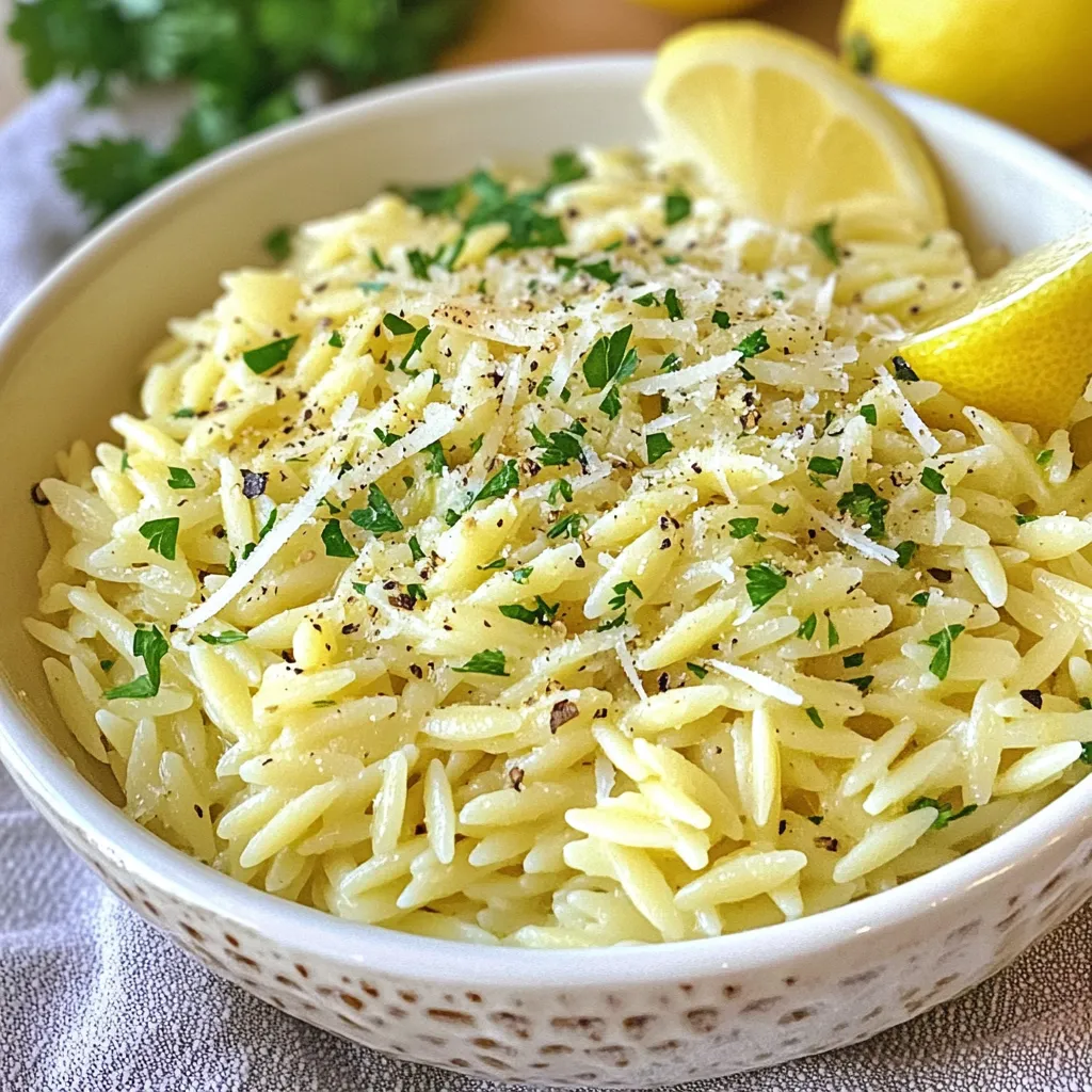 - 1 cup orzo pasta - 3 tablespoons olive oil - 4 cloves garlic, minced - 1/2 teaspoon red pepper flakes (optional) - 1/2 cup grated Parmesan cheese - 1 cup vegetable broth - 1/4 cup fresh parsley, chopped - Salt and pepper to taste - Lemon wedges for serving The ingredients for Quick Garlic Parmesan Orzo are simple yet flavorful. Start with one cup of orzo pasta. This tiny pasta cooks fast and soaks up flavor well. You will need three tablespoons of olive oil. It helps to sauté the garlic and adds richness. Next, grab four cloves of garlic. Mince them for a strong, aromatic base. If you like heat, add half a teaspoon of red pepper flakes. They give a nice kick. You also need half a cup of grated Parmesan cheese. This cheese melts beautifully, adding creaminess. One cup of vegetable broth serves as the cooking liquid for the orzo. It brings depth to the dish. You will need a quarter cup of fresh parsley, chopped. This brightens the dish and adds color. Don't forget salt and pepper to taste. They enhance all the flavors. Lastly, prepare some lemon wedges for serving. A squeeze of lemon brings freshness to each bite. With these ingredients, you can create a savory and simple dish that is sure to please. {{ingredient_image_1}} To start, bring 1 cup of vegetable broth to a boil in a medium saucepan. Once boiling, add 1 cup of orzo pasta. Cook the orzo according to the package instructions. This usually takes about 8 to 10 minutes. You want the orzo to be al dente, which means it should be tender but still firm. Once cooked, drain the orzo but save a little of the cooking liquid. This can help moisten the dish later. While the orzo cooks, heat 3 tablespoons of olive oil in a large skillet over medium heat. Once the oil is hot, add 4 cloves of minced garlic. If you like a little heat, add 1/2 teaspoon of red pepper flakes too. Sauté the garlic for about 1 to 2 minutes. You want it fragrant, but be careful not to brown it. If it burns, the flavor turns bitter. Now it’s time to bring everything together. Add the drained orzo to the skillet with the garlic oil. Toss the orzo well to coat it in the oil and garlic. Next, sprinkle in 1/2 cup of grated Parmesan cheese and 1/4 cup of chopped fresh parsley. Mix everything together. If the mixture seems dry, add a tablespoon of the reserved cooking liquid at a time until it reaches your desired consistency. Finally, season with salt and pepper to taste. Serve hot, garnished with extra Parmesan and a squeeze of lemon juice. When selecting orzo, look for a brand that offers high-quality pasta. Check the package for whole grain orzo. This type has more fiber and nutrients. Look for a smooth texture, as this helps it cook evenly. Avoid orzo with broken pieces; it won't cook the same. If you can, buy orzo from a trusted store or online retailer. To enhance the garlic flavor, add more minced garlic or roast it first. Roasting garlic gives a deeper taste. You can also add spices like oregano or thyme for extra flavor. For a kick, sprinkle in more red pepper flakes. If you want a fresh twist, try adding a splash of lemon juice or zest. Fresh herbs like basil can also brighten the dish. Serve your orzo warm, right after cooking for best taste. Add extra grated Parmesan on top for a cheesy finish. Garnish with fresh parsley for color and a fresh taste. Lemon wedges on the side are perfect for squeezing over each serving. This dish goes well with grilled chicken, shrimp, or a simple salad. Enjoy it as a main dish or as a side. Pro Tips Use High-Quality Olive Oil: A good quality olive oil enhances the flavor of the garlic and orzo, making the dish more aromatic and delicious. Customize the Cheese: Feel free to mix in other cheeses like Pecorino Romano or add a dollop of cream cheese for a richer taste. Add Seasonal Vegetables: Toss in seasonal vegetables such as spinach, cherry tomatoes, or asparagus for added nutrition and color. Perfect the Lemon Squeeze: A fresh squeeze of lemon right before serving brightens up the dish and balances the flavors beautifully. {{image_2}} You can easily make this dish more colorful and healthy by adding veggies. Try using seasonal options like spinach, zucchini, or cherry tomatoes. Just sauté them with the garlic for a few minutes before adding the orzo. This adds flavor and nutrients. You can also use frozen peas or broccoli if fresh veggies are not available. Want to make your orzo a full meal? Add protein! Grilled chicken, shrimp, or cubed tofu work great. Cook the protein separately and mix it in when you combine the orzo and garlic. This makes the dish heartier and keeps you full longer. If you want to switch up the flavor, try different herbs. Basil, thyme, or oregano can give your orzo a new twist. Just chop the herbs finely and stir them in during the final mix. This keeps the dish fresh and exciting every time you make it. I recommend storing leftover Quick Garlic Parmesan Orzo in an airtight container. Let it cool first before sealing. This keeps the orzo fresh and safe. You can store it in the fridge for up to three days. When you're ready to eat, simply reheat it in a pan. You can add a splash of vegetable broth to help it regain moisture. If you want to freeze the orzo, place it in a freezer-safe container. Make sure it is completely cool before you freeze it. It can last up to three months in the freezer. To reheat, just thaw it overnight in the fridge. Then, warm it on the stove with a little olive oil or broth. This helps bring back its creamy texture. The shelf life of cooked orzo is about three days in the fridge. If frozen, it lasts up to three months. Always check for signs of spoilage before eating. If it smells off or has a strange texture, it's best to toss it. To make Garlic Parmesan Orzo vegan, you can swap a few ingredients. Use nutritional yeast instead of Parmesan cheese. It gives a cheesy flavor without dairy. Instead of olive oil, try using vegan butter for richness. Lastly, check that your vegetable broth is vegan-friendly. These simple swaps keep your dish tasty and plant-based. Yes, you can use other pasta types! Small shapes like ditalini or couscous work well. You can also try whole wheat pasta for a nutty taste. Just adjust the cooking times based on the type of pasta you choose. This way, you can enjoy your orzo recipe with your favorite pasta! Garlic Parmesan Orzo pairs great with many dishes. Serve it with grilled chicken or shrimp for protein. A fresh salad adds crunch and color to your meal. For a vegetarian option, try roasted veggies on the side. You can also enjoy it with a light soup. These pairings make a complete and satisfying meal! This blog post shared a simple way to make Garlic Parmesan Orzo. We covered key ingredients, step-by-step cooking, and important tips to enhance flavor. You learned how to add veggies, proteins, and herbs for variety. Storing leftovers safely keeps your meals fresh longer. Remember, cooking should be fun and creative. Explore new flavors and ingredients. Enjoy your delicious dish!