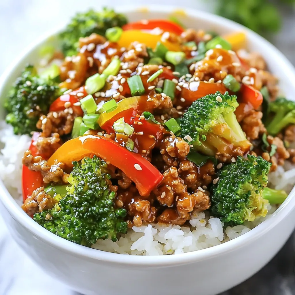To make your Teriyaki Turkey Rice Bowls, you need the right ingredients. Here’s a simple list to follow: - 1 lb ground turkey - 2 cups cooked jasmine rice - 1/4 cup soy sauce (low sodium) - 2 tablespoons honey - 1 tablespoon rice vinegar - 1 tablespoon sesame oil - 1 tablespoon grated ginger - 2 garlic cloves, minced - 1 cup broccoli florets - 1 red bell pepper, sliced - 2 green onions, chopped - 1 tablespoon sesame seeds (for garnish) - Salt and pepper, to taste These ingredients create a tasty meal that’s easy to prepare. The ground turkey brings protein. Jasmine rice adds a fluffy base. The teriyaki sauce gives it a sweet and savory kick. Fresh vegetables like broccoli and bell pepper add color and crunch. Garnishing with green onions and sesame seeds makes the dish look great. This simple list helps you gather everything you need. Enjoy making this dish! {{ingredient_image_1}} To start, we need to make the teriyaki sauce. In a small bowl, whisk together these ingredients: - 1/4 cup soy sauce (low sodium) - 2 tablespoons honey - 1 tablespoon rice vinegar - 1 tablespoon sesame oil - 1 tablespoon grated ginger - 2 garlic cloves, minced After whisking, set the sauce aside for later use. This sauce brings a sweet and savory kick to the dish. Next, heat a large skillet over medium heat. Add 1 pound of ground turkey. Cook the turkey until it turns brown and is no longer pink. Use a spatula to break it apart as it cooks. This step is key for even cooking. Season with salt and pepper to enhance the flavor. Once the turkey is cooked, it’s time to add the veggies. Toss in 1 cup of broccoli florets and 1 sliced red bell pepper. Stir-fry for about 3 to 5 minutes. This timing helps the vegetables stay tender-crisp, adding a nice texture to the dish. Now, pour the prepared teriyaki sauce into the skillet. Stir everything together until well combined. Let it cook for an additional 2 to 3 minutes. This helps the turkey and veggies soak up all that delicious sauce. To serve, grab your bowls. Start with a generous scoop of cooked jasmine rice at the bottom. Then, add the teriyaki turkey and vegetable mixture on top. This layering makes the bowl look appealing. For the finishing touches, sprinkle chopped green onions and sesame seeds on top. These add flavor and a nice crunch. Serve your bowls warm for the best taste. Enjoy this wholesome meal! How can I adjust the sweetness and saltiness? You can change the flavor by adding more honey for sweetness. If it’s too sweet, add more soy sauce. Taste as you mix to find the balance you like. What are some alternative sauces? If you want a twist, try using hoisin sauce or a store-bought teriyaki sauce. Both add rich flavors and can save time. What is the best skillet for even cooking? A non-stick skillet works great for cooking ground turkey. It helps prevent sticking and makes cleanup easy. Make sure your skillet is large enough for all ingredients. What are some stir-frying tips for crispy veggies? Cut your veggies into uniform pieces for even cooking. Add them to the skillet after the turkey is browned. Stir-fry on high heat for a few minutes. This keeps them crisp and colorful. How can I prepare ahead for busy days? You can cook the turkey and veggies in advance. Store them in the fridge for up to three days. Prepare the rice too, so it's ready when you are. How should I store components separately? Keep rice, turkey, and veggies in separate containers. This helps maintain freshness and texture. When you are ready to eat, just combine and heat! Pro Tips Use Fresh Ingredients: Fresh broccoli and bell peppers not only enhance the flavor but also add vibrant color to your dish. Adjust Sweetness: Depending on your taste preference, you can increase or decrease the amount of honey in the teriyaki sauce. Cook Rice Ahead: Preparing your jasmine rice in advance will save time and make assembly quicker. Experiment with Proteins: Feel free to substitute ground turkey with chicken or tofu for a different flavor profile. {{image_2}} You can swap ground turkey for other meats. Ground beef works well in this dish. It adds a rich flavor. Ground chicken is another good choice. Both will keep the meal tasty. For a vegetarian option, try using firm tofu. Crumble it like ground meat. You can also use tempeh for a nutty taste. Both options soak up the teriyaki sauce nicely. Seasonal vegetables add freshness to the bowls. Try using snap peas in the spring. Zucchini is great in summer. In fall, you can add pumpkin or squash. Other suggested add-ins include carrots or bell peppers. They bring crunch and color to your dish. Mushrooms can add depth to the flavor, too. You can make teriyaki sauce at home or buy it. Homemade sauce lets you control the flavors. Adjust sweetness by adding more or less honey. For a twist, try adding pineapple juice for a fruity taste. You can also mix in chili paste for heat. Each option gives a new flavor to your rice bowls. After enjoying your Teriyaki Turkey Rice Bowls, store leftovers for later. Place the turkey and veggies in an airtight container. Keep the cooked jasmine rice in a separate container. This helps maintain the rice's texture. Refrigerate everything within two hours to ensure freshness. Use the leftovers within three to four days for the best taste. You can reheat your leftovers in two ways: the microwave or a skillet. Microwaving is quicker but may dry out the dish. To reheat in the microwave, cover the bowl with a damp paper towel. This keeps moisture in. For the skillet method, heat a little oil over medium heat. Add the turkey and veggies, stirring often. This method helps keep the flavors vibrant and prevents drying out. If you want to save some for later, you can freeze the components separately. Place the turkey and veggies in one container and the rice in another. This way, you’ll keep each part tasting fresh. When you're ready to eat, thaw everything in the fridge overnight. This ensures even reheating and great flavor. It takes about 30 minutes total. You need 10 minutes for prep and 20 minutes for cooking. This quick meal fits well into busy days. Yes, you can use brown rice. It has a nuttier taste and a chewier texture. Just remember that it takes longer to cook than jasmine rice. You can use ground chicken or beef. For a vegetarian option, try using crumbled tofu or tempeh. These options offer different flavors and will work well in this dish. Most store-bought teriyaki sauces have gluten. Look for gluten-free soy sauce or tamari. You can also make your own sauce with gluten-free ingredients. You learned how to make Teriyaki Turkey Rice Bowls. We covered the key ingredients, cooking steps, and tips. I shared ways to vary the recipe and how to store leftovers. Remember, you can adjust flavors to fit your taste. This dish is simple, fresh, and delicious. With practice, you’ll perfect it. Now, it’s your turn to try making this meal. Enjoy the cooking journey and share your tasty results!