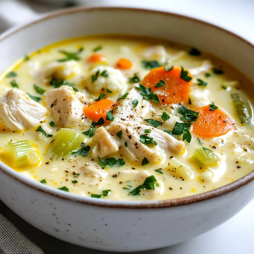 When you make Keto Chicken Pot Pie Soup, you need some fresh and tasty ingredients. Here’s what you will need: - 2 tablespoons olive oil - 1 medium onion, diced - 2 cloves garlic, minced - 3 medium carrots, sliced - 2 celery stalks, diced - 1 pound boneless, skinless chicken breast, cubed - 4 cups chicken broth (low sodium) - 1 cup heavy cream - 1 cup cauliflower florets (fresh or frozen) - 1 teaspoon dried thyme - 1 teaspoon dried rosemary - Salt and pepper to taste - 1/4 cup chopped fresh parsley for garnish Each ingredient plays a key role in the dish. Olive oil helps to sauté the veggies and chicken, adding flavor. The onion and garlic bring a strong aroma that makes your kitchen smell great. Carrots and celery add sweetness and crunch. Chicken is the star protein, providing rich taste and texture. Chicken broth serves as the base, giving you a warm, comforting feel. Heavy cream makes the soup creamy and smooth, while cauliflower adds body without the carbs. Herbs like thyme and rosemary boost the flavor profile, making every bite delightful. Finally, salt and pepper enhance all the tastes, and fresh parsley gives a bright finish. Each ingredient combines to create a cozy, satisfying soup that warms you from the inside out. {{ingredient_image_1}} First, gather all your ingredients. Dice the onion and cube the chicken. Slice the carrots and dice the celery. For the cauliflower, you can use fresh florets or frozen ones. Rinse the veggies well before use. This step is key to remove dirt. Heat 2 tablespoons of olive oil in a large pot over medium heat. Once hot, add the diced onion. Sauté until it turns translucent, which takes about 3 to 4 minutes. Next, stir in 2 minced garlic cloves, sliced carrots, and diced celery. Cook these for about 5 minutes. The veggies should soften but not lose their crunch. Now, add the cubed chicken breast to the pot. Sauté until the chicken is lightly browned, which takes about 5 to 6 minutes. Pour in 4 cups of low-sodium chicken broth and bring it to a gentle simmer. After the broth simmers, stir in 1 cup of heavy cream and 1 cup of cauliflower florets. Add 1 teaspoon each of dried thyme and rosemary. Lower the heat and let it simmer for 15 to 20 minutes. This makes the chicken tender and the cauliflower soft. Taste your soup and adjust seasoning with salt and pepper as needed. Finally, remove it from the heat and stir in 1/4 cup of chopped fresh parsley. This adds a burst of flavor and color to your dish. - Use fresh herbs. Fresh parsley, thyme, and rosemary boost taste. Their bright flavors make the soup pop. - Add Parmesan cheese. This cheese gives the soup a rich, creamy depth. Just sprinkle some on top before serving. - Sautéing is key. Sautéing the onions and garlic brings out their sweet flavors. This step adds depth to your soup. - Simmer for texture. Let the soup simmer for at least 15 minutes. This helps the chicken cook through and the cauliflower soften. - Don’t overcook vegetables. Overcooked veggies lose texture and flavor. Keep an eye on them while cooking. - Use low-sodium broth. Regular broth can make your soup too salty. Low-sodium broth lets you control the seasoning better. Pro Tips Use Fresh Herbs: Incorporating fresh thyme and rosemary can elevate the flavor profile of your soup, giving it a vibrant and aromatic quality. Adjust Consistency: If you prefer a thicker soup, you can blend a portion of the cauliflower before adding it back to the pot for a creamy texture. Leftover Chicken: This recipe is a great way to use leftover rotisserie chicken. Just add it in during the last few minutes of cooking to heat through. Serve with Low-Carb Bread: For a complete meal, consider serving this soup with a slice of low-carb bread or a side salad for added texture and nutrition. {{image_2}} You can easily switch up some ingredients to suit your taste. For a veggie boost, try using zucchini or mushrooms instead of carrots and celery. They add great texture without carbs. If you want a dairy-free option, coconut milk works well. It gives a nice creaminess while keeping it keto-friendly. If you have rotisserie chicken or leftover turkey, use that for a quicker meal. Just shred the meat and add it to the pot. If you're feeling adventurous, shrimp can make a tasty seafood version. Just add them in during the last few minutes of cooking to keep them tender. Want to spice things up? Add paprika or cayenne for some heat. These spices can really elevate the flavor of the soup. For a fresh twist, squeeze in some lemon juice before serving. It adds a bright note that balances the richness of the cream. To store leftovers of Keto Chicken Pot Pie Soup, let it cool completely. Then, pour it into an airtight container. Seal the container tightly to keep out air. You can store the soup in the fridge for up to four days. When ready to enjoy, just reheat it on the stove or in the microwave. To freeze the soup, follow the same cooling steps. Use freezer-safe containers or bags. Make sure to leave some space for the soup to expand as it freezes. The soup can last in the freezer for about three months. When you want to eat it, take it out and place it in the fridge overnight. For faster thawing, you can also use the microwave. Reheat it gently on the stove when ready. For the best texture, reheat the soup on low heat. Stir it often to prevent sticking. Adding a splash of cream can help restore its creamy texture. Pair the soup with keto-friendly bread or a fresh salad. This will make your meal even more satisfying. You can also add some grated cheese on top for extra flavor. This soup is keto-friendly due to its low-carb ingredients. We use chicken, cauliflower, and healthy fats. Here’s a quick breakdown: - Chicken: A great source of protein with no carbs. - Cauliflower: Low in carbs and gives a creamy texture. - Heavy cream: Adds richness without the carbs of milk. - Vegetables: Carrots and celery provide fiber but keep net carbs low. By using these ingredients, you can enjoy a hearty meal while staying within your keto goals. Yes, you can make this soup ahead of time. It stores well and reheats nicely. Here’s how: - Storage: Keep it in an airtight container in the fridge. - Duration: It stays fresh for up to three days. - Reheating: Warm it on the stove over low heat. Stir often to avoid sticking. Making it ahead can save time and allow flavors to meld for an even better taste. Yes, you can make a vegetarian version. Here are some simple swaps: - Replace chicken: Use tofu or chickpeas for protein. - Swap broth: Use vegetable broth instead of chicken broth. - Add more veggies: Include mushrooms, zucchini, or bell peppers for extra flavor. These changes keep the soup tasty while satisfying vegetarian diets. This blog post covers the key ingredients, step-by-step cooking, and helpful tips for making a delicious soup. You learned how to prepare fresh veggies and boost flavor with herbs. Avoid common mistakes for the best results. Explore tasty variations for dietary needs and discover proper storage options. Remember, the right techniques and ingredients make all the difference. Enjoy creating your own version of this comforting dish!