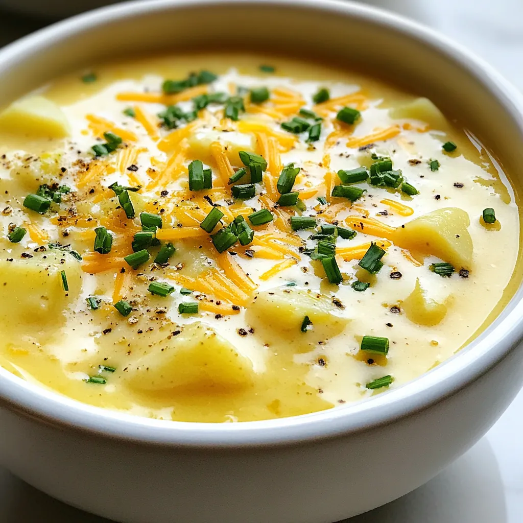 - 4 large Yukon Gold potatoes, peeled and diced - 1 medium onion, chopped - 4 cloves garlic, minced - 4 cups vegetable broth - 1 cup heavy cream - 1 cup sharp cheddar cheese, grated - 1 tablespoon fresh thyme, chopped - 1 tablespoon fresh chives, chopped - 1 tablespoon olive oil - Salt and pepper to taste These ingredients create a rich and creamy soup. Yukon Gold potatoes are great for texture and flavor. The onion and garlic add depth. The vegetable broth forms a tasty base. Heavy cream makes it smooth, while sharp cheddar brings a delicious kick. - Additional cheddar cheese - Extra chives Garnishes enhance the soup's look and taste. Adding more cheddar makes it even cheesier. A sprinkle of chives adds color and freshness. - Potatoes: Use Russet or red potatoes if needed. - Vegetable broth: Chicken broth works too. - Heavy cream: Try half-and-half or coconut cream for a lighter option. - Cheddar cheese: Use Gruyere or Monterey Jack for a different flavor. These swaps can change the soup's taste while keeping it creamy. Experiment with what you have on hand. {{ingredient_image_1}} Gather your ingredients first. You need: - 4 large Yukon Gold potatoes, peeled and diced - 1 medium onion, chopped - 4 cloves garlic, minced - 4 cups vegetable broth - 1 cup heavy cream - 1 cup sharp cheddar cheese, grated - 1 tablespoon fresh thyme, chopped - 1 tablespoon fresh chives, chopped - 1 tablespoon olive oil - Salt and pepper to taste Start by peeling and dicing the potatoes. Chop the onion and mince the garlic. Having everything ready makes cooking easier. In a large pot, heat the olive oil over medium heat. Add the chopped onion and sauté for about 3-4 minutes. You want the onion to turn translucent. Then, add the minced garlic and sauté for another 1-2 minutes. You will smell the garlic's aroma soon. Next, stir in the diced potatoes. Cook them for about 2 minutes. After that, pour in the vegetable broth and bring it to a boil. Once boiling, reduce the heat to a simmer. Cook until the potatoes are tender, about 15-20 minutes. After the potatoes are soft, use an immersion blender to partially puree the soup. Leave some chunks for texture. If you don't have an immersion blender, carefully transfer half the soup to a counter blender. Blend until smooth, then return it to the pot. Now, stir in the heavy cream and grated cheddar cheese. Mix until the cheese melts completely. Add the fresh thyme and chives. Season with salt and pepper to taste. Let the soup simmer for an additional 5 minutes to meld all the flavors. Serve hot, garnished with extra cheese and chives if you like. Enjoy your rich and creamy soup! To make your soup rich and creamy, always use heavy cream. It adds a smooth texture that lighter creams can't match. Grate your cheddar cheese finely. This helps it melt quickly and evenly. Adding the cheese slowly while stirring ensures it blends well into the soup. Lumps can ruin your soup's texture. To prevent this, blend the soup after cooking the potatoes. An immersion blender works best, as it keeps some chunks for texture. If you use a regular blender, blend only half the soup. Mix it back in for a smooth blend with hearty bites. For deeper flavors, sauté the onions and garlic well. They should be soft and fragrant. Fresh herbs like thyme and chives add brightness. Don’t skip seasoning with salt and pepper. Adjust to your taste, adding more if needed. For a kick, consider a pinch of cayenne pepper or smoked paprika. Pro Tips Use Yukon Gold potatoes: Their natural creaminess makes for a rich, smooth soup without needing too much cream. Blend to your liking: For a chunkier texture, blend only half of the soup; this will give you a heartier bite. Fresh herbs matter: Always opt for fresh thyme and chives over dried for a brighter, more vibrant flavor. Cheese variations: Experiment with different cheeses like Gruyère or pepper jack for a unique twist on flavor! {{image_2}} You can switch the cheddar cheese for other types. Try gouda for a smoky flavor, or mozzarella for a milder taste. Parmesan gives a sharp kick, while pepper jack adds heat. Each cheese changes the soup's taste and texture, making it fun to experiment. Boost the nutrition by adding vegetables. Carrots, celery, or spinach work well. Just chop them small and add them with the onions. Broccoli or cauliflower can also add a nice crunch. Ensure they cook until soft for the best flavor. To make this soup vegan, swap heavy cream with coconut milk or cashew cream. Use nutritional yeast for a cheesy taste without dairy. Replace cheddar with a vegan cheese option. This way, you keep the soup creamy and rich without animal products. After you enjoy your Cheddar Garlic Herb Potato Soup, let it cool first. Transfer the soup into an airtight container. Make sure to seal it well. Store the soup in the fridge for up to three days. This way, you keep the flavors fresh and tasty. If you want to reheat it later, it's easy to do. To reheat, pour the soup into a pot. Heat it over medium-low heat. Stir often to avoid burning. If the soup is too thick, add a splash of vegetable broth or cream. Heat until it is hot throughout. You can also use the microwave if you prefer. Just cover the bowl and heat in short bursts, stirring in between. If you want to keep your soup longer, freezing is a great option. Allow the soup to cool completely. Pour it into freezer-safe containers or bags. Leave some space for expansion. You can freeze the soup for up to three months. When you’re ready to eat, thaw it in the fridge overnight. Reheat it on the stove or microwave as needed. Yes, you can use other potatoes. Russet or red potatoes work well. They add different textures. Yukon Gold gives a creamy feel, but others can also taste great. Just remember to peel and dice them like the recipe says. To make this soup gluten-free, ensure your broth is gluten-free. Most vegetable broths are safe, but check the label. Also, avoid adding any wheat-based thickeners. This soup is already creamy from the heavy cream and cheese. You can serve this soup with crusty bread or a fresh salad. A simple green salad pairs nicely. For a heartier meal, try grilled cheese sandwiches. These options make your meal warm and comforting. This blog post covered how to make Cheddar Garlic Herb Potato Soup. We discussed key ingredients, optional garnishes, and substitutes. I shared step-by-step cooking instructions and techniques for blending. You learned tips for a creamy texture and flavor enhancements. We explored tasty variations and storage tips, too. In conclusion, this soup is simple, delicious, and versatile. You can customize it to your taste. Enjoy making it, sharing it, and savoring every bowl.