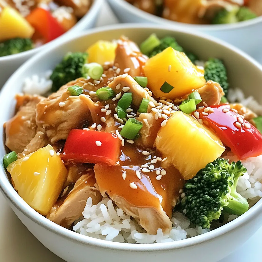 - 4 boneless, skinless chicken breasts - 1 cup teriyaki sauce - 1 tablespoon fresh ginger, grated - 3 cloves garlic, minced - 1 cup pineapple chunks (fresh or canned) - 1 red bell pepper, sliced - 1 cup broccoli florets - 1 tablespoon sesame seeds - 2 green onions, chopped - Cooked rice or quinoa, for serving For the chicken, you can use thighs if you prefer. They add more flavor and stay moist. The teriyaki sauce is key for taste. If you want less sugar, look for a low-sugar option. Fresh ginger gives a bright kick. In a pinch, use ground ginger, but fresh is best. Garlic adds depth, so don't skip it! For veggies, feel free to swap the red bell pepper for yellow or orange. You can also use frozen broccoli if fresh isn't available. Pineapple chunks can be fresh or canned. If you use canned, drain them first. For a nutty touch, add crushed peanuts or cashews instead of sesame seeds. Fresh ingredients often have better flavor and texture. Fresh ginger and garlic will pop more than their dried versions. The broccoli will be crisp and bright. Fresh pineapple offers a juicy sweetness. However, canned ingredients are super convenient. They cut down on prep time. Canned pineapple works well, too. Choose what fits your schedule and taste! {{ingredient_image_1}} First, grab your large slow cooker. Place the boneless chicken breasts at the bottom. This forms the base for your dish. In a medium bowl, whisk together the teriyaki sauce, grated ginger, and minced garlic. Pour this mix over the chicken. Next, add the pineapple chunks, sliced red bell pepper, and broccoli florets on top. Cover the slow cooker with a lid. Cook on low for 4 hours or high for 2 hours. When done, the chicken should be tender and fully cooked. Use two forks to shred the chicken right in the slow cooker. Mix it with the sauce and veggies well. Serve this tasty mix over cooked rice or quinoa. Finish it off by sprinkling sesame seeds and chopped green onions on top. Using a slow cooker is easy and fun. Here are some tips to help you: - Always layer ingredients correctly. Chicken goes first, then sauce, and finally veggies. - Avoid lifting the lid while cooking. This lets heat escape and slows cooking. - If your meal is too watery, remove the lid for the last 30 minutes. This helps to thicken the sauce. - Keep an eye on cooking times. Different slow cookers may cook at different speeds. To know if your chicken is cooked right, look for these signs: - The chicken should shred easily with a fork. - It should no longer be pink inside. - The juices should run clear, not pink. - The internal temperature should reach 165°F for safety. Checking these signs ensures your meal is safe and delicious. Enjoy your dump-and-go teriyaki chicken! To get the best teriyaki taste, I suggest using a good teriyaki sauce. Look for one that has a nice balance of sweet and salty. You can also add more ginger or garlic for a bolder flavor. If you want, try adding some red pepper flakes for a hint of spice. A splash of rice vinegar can brighten the dish too. These simple tweaks can elevate the taste to new heights. Yes, you can use frozen chicken for this recipe! Just place the frozen chicken breasts in the slow cooker. Add the teriyaki sauce, ginger, and garlic as usual. Cook on high for about 3 to 4 hours. The chicken will turn out juicy and tender, just like fresh. This is a great time-saver for busy days when you need a quick meal. If your sauce is too thick, add a splash of water or broth. Stir it well to thin it out. If you find it too salty, add a bit of honey or brown sugar. This helps balance the flavors. If the chicken is dry, it may have cooked too long. Always check the internal temperature; it should read 165°F. Don't worry, mistakes happen! You can always adjust the flavors as you go. Pro Tips Use Fresh Ingredients: Fresh ginger and garlic will elevate the flavor of your teriyaki chicken, making it more aromatic and delicious. Customize Your Veggies: Feel free to add or substitute other vegetables like snap peas or carrots based on your preference or what's in season. Check Chicken Temperature: Ensure that the internal temperature of the chicken reaches 165°F (75°C) for safe consumption; use a meat thermometer for accuracy. Make It a Meal Prep: This dish stores well in the refrigerator for up to 3 days, making it perfect for meal prep lunches or quick dinners! {{image_2}} You can switch chicken for pork or tofu. Pork will bring a rich taste. Choose pork tenderloin or chops for the best results. Cut the pork into chunks and follow the same cooking steps. Tofu offers a plant-based option. Use firm or extra-firm tofu for a great texture. Press the tofu to remove excess water before adding it to the slow cooker. Feel free to change up the veggies in this dish. You can use snap peas, carrots, or mushrooms. Each option adds a new flavor and texture. Try adding some baby corn or zucchini for a colorful mix. You can also toss in some spinach or kale in the last hour of cooking. This will keep them bright and fresh. While teriyaki sauce is a classic, you can experiment with other sauces. Try hoisin sauce for a sweeter taste. You can also use soy sauce mixed with honey for a simple swap. If you like spicy food, add sriracha or chili paste to the sauce. For a tropical twist, use coconut aminos with orange juice. This will give you a unique flavor that is still delicious. After enjoying your teriyaki chicken, let any leftovers cool. Place the chicken in an airtight container. Store it in the fridge for up to four days. Make sure to keep the sauce and veggies with the chicken. This keeps them fresh and tasty. When reheating, I suggest using the stove. Heat a pan over medium heat. Add the chicken and sauce, stirring until warm. This helps keep the chicken juicy. You can also use a microwave. Place the chicken in a bowl, cover it, and heat for one minute. Check and stir, then heat more if needed. If you want to save some for later, freezing is easy. First, let the chicken cool completely. Then, put it in a freezer-safe bag or container. Remove as much air as possible. Label it with the date. You can freeze it for up to three months. When ready to eat, thaw it in the fridge overnight before reheating. Enjoy your meal again! You can store leftovers in the fridge for up to four days. Place the chicken in an airtight container. This keeps it fresh and tasty. If you want to keep it longer, freeze it. In the freezer, it can last for about three months. Yes, you can make this teriyaki chicken in the oven! Preheat your oven to 375°F (190°C). Place the chicken in a baking dish and pour the teriyaki sauce mix on top. Add the veggies and cover with foil. Bake for about 30-35 minutes until the chicken is cooked through. Serve this teriyaki chicken with cooked rice or quinoa. It pairs well with steamed vegetables, too. You can also add a simple salad or some egg rolls for extra flavor. If you like spice, serve with sriracha or chili sauce on the side. In this post, we covered essential ingredients, cooking steps, and helpful tips for teriyaki chicken. You learned ingredient swaps, slow cooker advice, and how to fix common mistakes. We explored variations and storage methods too. Remember, teriyaki chicken is flexible and fun to make. With practice, you’ll master rich flavors and perfect textures. Enjoy cooking and experimenting with your meals. Keep these tips in mind for tasty success each time.
