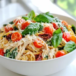 - 4 boneless, skinless chicken breasts - 1 cup cherry tomatoes, halved - 1 cup fresh spinach, chopped - 1/2 cup sun-dried tomatoes, chopped - 1 cup heavy cream - 1 cup chicken broth - 1/2 cup grated Parmesan cheese - 3 cloves garlic, minced - 1 teaspoon Italian seasoning - 1 teaspoon salt - 1/2 teaspoon black pepper - 12 ounces pasta (penne or fettuccine) - Fresh basil leaves for garnish In my kitchen, the right ingredients make all the difference. For this creamy Tuscan chicken pasta, I love using fresh and simple items. Start with four boneless, skinless chicken breasts. They cook evenly and stay moist. Next, you'll need one cup of cherry tomatoes. Halve them for bursts of flavor. Add one cup of fresh spinach for color and nutrition. Chopped sun-dried tomatoes give a rich taste, so use half a cup. Creaminess comes from one cup of heavy cream. It makes the sauce smooth and rich. A cup of chicken broth adds depth and flavor. Don't forget half a cup of grated Parmesan cheese. It melts beautifully and adds a savory touch. For seasoning, I use three cloves of minced garlic. It enhances the dish without overpowering it. One teaspoon of Italian seasoning brings warmth. Add one teaspoon of salt and half a teaspoon of black pepper for balance. Finally, choose your pasta. I recommend 12 ounces of penne or fettuccine. Both hold the sauce well. Top it all off with fresh basil leaves for a bright finish. With these ingredients, you're set for a delicious meal. - Start by placing the chicken breasts at the bottom of the slow cooker. This layer will soak up all the good flavors. - In a mixing bowl, combine the heavy cream, chicken broth, minced garlic, Italian seasoning, salt, and black pepper. Stir until smooth. This creamy mix is key to the dish's rich taste. - Pour the creamy sauce over the chicken in the slow cooker. Make sure to cover all the chicken well. - Next, add the halved cherry tomatoes and chopped sun-dried tomatoes to the pot. Spread them out evenly for a nice blend of flavors. - After cooking, remove the chicken from the slow cooker. Use two forks to shred it into bite-sized pieces. Return the shredded chicken to the creamy sauce. - In a large pot, cook the pasta according to the package instructions until it is al dente. Drain the pasta and set it aside. - Add the cooked pasta and chopped spinach to the slow cooker. Gently fold everything together. Let it cook for an extra 5-10 minutes on low heat. This allows the spinach to wilt and the pasta to warm up. - Stir in the grated Parmesan cheese. Mix until the cheese melts and blends well with the sauce. Enjoy your delicious Slow Cooker Creamy Tuscan Chicken Pasta! When using a slow cooker, you can choose low or high settings. The low setting cooks for 6-7 hours, while the high setting takes 3-4 hours. The key is to ensure the chicken is cooked through. Look for these signs of doneness: - Chicken should be tender and easily shreddable. - The internal temperature should reach 165°F (75°C). If you need a dairy-free option, swap heavy cream for coconut milk or cashew cream. For gluten-free pasta, use rice or corn-based options. These changes keep the dish creamy and flavorful without the gluten or dairy. To serve this dish beautifully, use wide, shallow bowls. This allows the creamy sauce and vibrant colors to shine. Garnish each bowl with fresh basil leaves and an extra sprinkle of Parmesan cheese. This adds flavor and makes the dish look lovely. {{image_2}} You can make a tasty vegetarian version of this dish. Just swap the chicken for plant-based proteins. Options like chickpeas or tofu work well. They absorb the flavors and add protein to your meal. Use the same creamy sauce to keep it rich and satisfying. This change makes the dish lighter and is great for meat-free days. Want to boost the veggies? You can add bell peppers, zucchini, or mushrooms. These veggies add color and nutrition. Chop them up and toss them in the slow cooker with the chicken or plant-based proteins. They will cook down nicely and add great flavor. You can mix and match based on what you have at home. The pasta shape you choose can change the dish's texture. While penne or fettuccine works great, feel free to explore other types. Try bowtie, rotini, or even whole wheat pasta. Each shape captures the sauce differently, making each bite unique. Choose what you love or have on hand for a fun twist. To store your Slow Cooker Creamy Tuscan Chicken Pasta, let it cool first. Place the leftovers in an airtight container. This keeps the pasta fresh and tasty. Glass or plastic containers work well. Make sure the lid seals tightly to prevent air from entering. You can freeze this dish for later enjoyment. First, let it cool completely. Then, transfer it to a freezer-safe container. Use a layer of plastic wrap before sealing the lid. This step helps avoid freezer burn. When ready to eat, thaw it in the fridge overnight. Reheat in the microwave or on the stove over low heat, stirring occasionally. Leftovers can last about 3 to 4 days in the fridge. If frozen, they can stay fresh for up to 3 months. Always check for signs of spoilage before eating. If it smells off or looks strange, it's best to toss it. Yes, you can cook this dish on the stove. To do this, sauté the chicken in a large pot until browned. Then, add the sauce mix and tomatoes. Let it simmer on low for about 30 minutes. This method will give you a tasty meal in less time than the slow cooker. To keep pasta from sticking, follow these tips: - Use a large pot with plenty of water. - Stir the pasta often as it cooks. - Add a pinch of salt to the water. - Drain the pasta and toss it with a little olive oil. These steps help your pasta stay separate and delicious. For a complete meal, try these side dishes: - Garlic bread for dipping. - A fresh garden salad with lemon dressing. - Roasted vegetables like zucchini or bell peppers. These sides will balance the creamy pasta and make your meal even better. This blog post guides you through making Slow Cooker Creamy Tuscan Chicken Pasta. I shared the key ingredients and easy steps to prepare your meal. You learned about cooking tips, ingredient swaps, and how to store leftovers. Try different variations to make this dish your own. Whether you go vegetarian or add more veggies, the options are endless. Enjoy this tasty, comforting meal with family and friends. You can create great food with simple steps and a little creativity!
