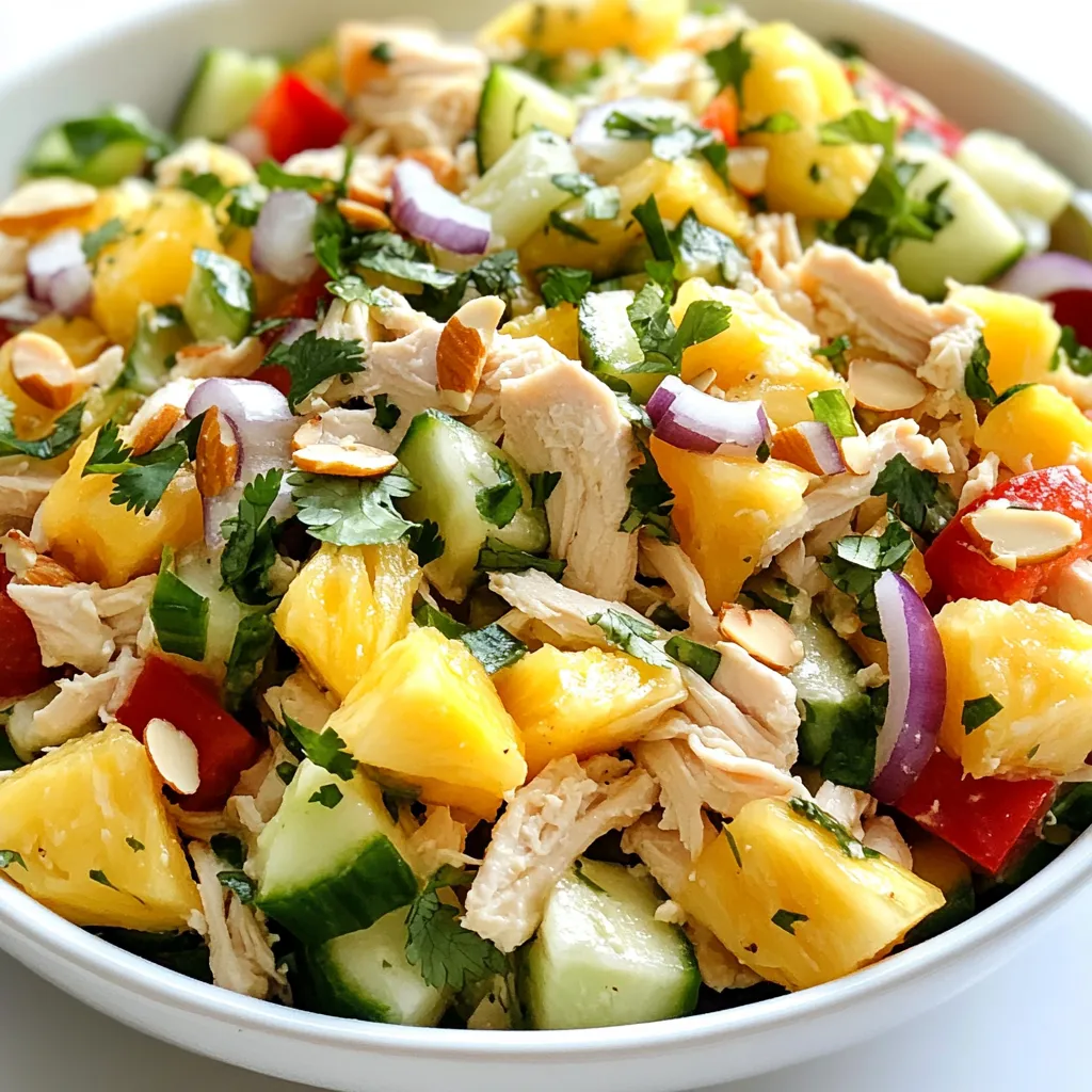 - 2 cups cooked chicken breast, shredded - 1 cup fresh pineapple, diced - 1 red bell pepper, diced - 1 cup cucumber, diced - 1/2 cup red onion, finely chopped - 1/2 cup plain Greek yogurt - 1/4 cup mayonnaise - 1 tablespoon lime juice - 1 tablespoon honey - Salt and pepper to taste - 1/4 cup chopped fresh cilantro - 1/2 cup toasted sliced almonds For this Tropical Hawaiian Chicken Salad, you can easily adjust the ingredients. If you need a lighter option, use only Greek yogurt and skip the mayonnaise. You can swap the chicken for shredded turkey or canned chicken if you prefer. Fresh fruits like mango or papaya can replace pineapple for a twist. If you want more crunch, add diced celery or walnuts. For a zestier flavor, try adding a splash of orange juice. You can also switch up the herbs; mint or basil can give it a fresh taste too. This salad serves four and is packed with nutrients. Each serving has about: - Calories: 350 - Protein: 30g - Carbs: 25g - Fat: 15g - Fiber: 3g - Sugar: 6g This dish provides a good balance of protein and healthy fats, making it great for a light lunch or dinner. The fresh fruits and veggies add vitamins and minerals, keeping your meal both tasty and nutritious. {{ingredient_image_1}} To start, gather all your ingredients. You will need 2 cups of cooked chicken breast, shredded. Dice 1 cup of fresh pineapple, 1 red bell pepper, and 1 cup of cucumber. Finely chop 1/2 cup of red onion. Place all these in a large mixing bowl. Use your hands or a wooden spoon to stir until everything combines well. Next, grab a separate bowl to make the dressing. Whisk together 1/2 cup of plain Greek yogurt, 1/4 cup of mayonnaise, 1 tablespoon of lime juice, and 1 tablespoon of honey. Add salt and pepper to taste. Mix until the dressing is smooth and creamy. Pour this over the chicken mixture. Gently toss to coat all the ingredients evenly. Finally, fold in 1/4 cup of chopped fresh cilantro and 1/2 cup of toasted sliced almonds. This adds a nice crunch and flavor. Taste your salad and adjust the seasoning if needed. You can add more salt, pepper, or lime juice for extra zing. Cover the salad and refrigerate for at least 30 minutes. This allows the flavors to blend nicely. When ready to serve, dish the salad into bowls. Garnish with extra cilantro or a slice of fresh pineapple on top. Enjoy this refreshing Tropical Hawaiian Chicken Salad! To make your Tropical Hawaiian Chicken Salad shine, balance sweet and savory flavors. The sweet pineapple pairs well with the savory chicken, creating a tasty mix. You can add lime juice for a zesty kick. The creaminess from Greek yogurt and mayonnaise adds depth. For extra flavor, try using fresh herbs like cilantro. You can easily prepare this salad ahead of time. Make it a day before serving for the best taste. This allows all the flavors to blend well. Simply store the salad in an airtight container in the fridge. When you’re ready to eat, give it a quick stir. This salad is great by itself but pairs well with many sides. Serve it with tortilla chips for crunch. You can also try it with a light green salad. Another fun option is serving it in lettuce cups for a fresh twist. Enjoy it with a tropical smoothie for a complete meal. Pro Tips Use Fresh Ingredients: Opt for fresh pineapple and crisp vegetables for the best flavor and texture in your salad. Chill Before Serving: Allow the salad to chill in the refrigerator for at least 30 minutes to enhance the flavors. Customize Your Protein: Feel free to substitute the chicken with cooked shrimp or tofu for a different protein option. Add Extra Crunch: Consider adding other nuts like cashews or walnuts for additional texture and flavor variation. {{image_2}} You can swap chicken for other proteins. Try using shredded turkey for a lighter taste. Tuna also works well for a quick meal. For a heartier option, use diced cooked shrimp. Each protein brings a unique flavor to the salad, so pick one you love. If you want a vegetarian salad, replace the chicken with chickpeas or black beans. These add protein and texture. For a vegan twist, use a vegan yogurt instead of Greek yogurt. You can also add extra veggies like carrots or zucchini for more flavor. Feel free to mix up the fruits in your salad. Mango or kiwi can add a sweet kick. You can also include berries for a tart touch. For nuts, try walnuts or cashews for a different crunch. Each combination gives your salad a new twist, keeping it exciting! To keep your Tropical Hawaiian Chicken Salad fresh, store it in the fridge right away. Place the salad in an airtight container. This helps keep moisture in and prevents it from drying out. Always cover the container tightly. Do not leave it out at room temperature for more than two hours. For best taste, eat the salad within three days. Freezing this salad is not the best choice. The fresh fruits and veggies do not freeze well. They may become mushy when thawed. If you want to save some, consider freezing the chicken alone. Cooked chicken freezes well. Just shred it, place it in a freezer-safe bag, and label it. Use it within three months for the best flavor. Choose the right container for storage. Glass containers are great because they do not stain. Plastic containers work too but might absorb smells. Make sure they are airtight to keep your salad fresh. Using a container with a tight lid is key. This keeps the flavors locked in and prevents spills. You can use sour cream or plain yogurt. Both add creaminess. If you want a dairy-free option, try coconut yogurt. It gives a tropical taste. Yes, you can make chicken salad ahead of time. It tastes even better after the flavors mix. Prepare it a day before serving for the best results. The salad lasts up to three days in the fridge. Store it in an airtight container. Always check for freshness before eating. This blog post guides you through making Tropical Hawaiian Chicken Salad. You learned about the ingredients, their measurements, and substitutions. The step-by-step instructions showed preparation and mixing techniques. Tips and tricks offered ways to enhance flavors and meal prep. Variations included alternative proteins and vegan options. Lastly, storage tips ensured your salad stays fresh. Try different combinations and enjoy the process. Cooking is fun and rewarding!