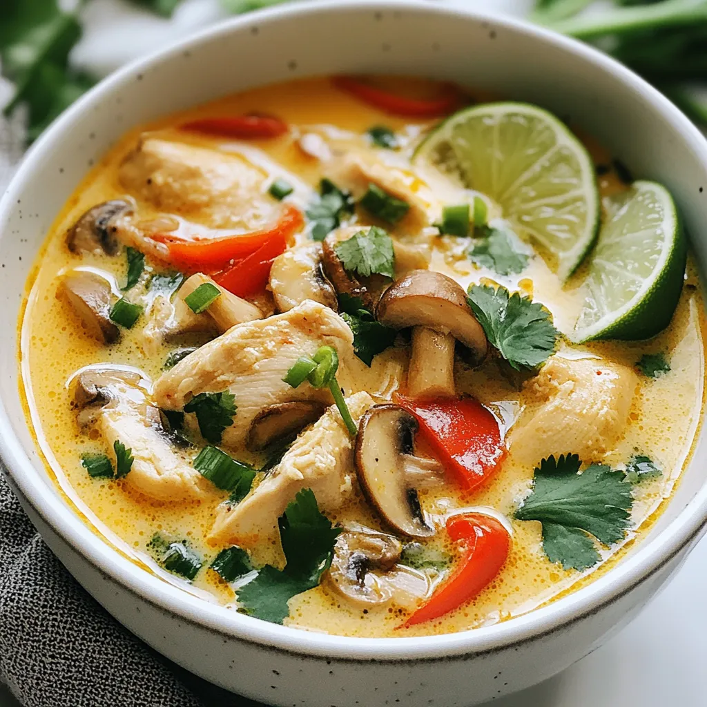 To make this soup, gather these key ingredients: - 1 lb boneless, skinless chicken thighs, cut into bite-sized pieces - 1 can (14 oz) coconut milk - 4 cups chicken broth - 1 stalk lemongrass, trimmed and smashed - 4-5 slices of galangal (or ginger if unavailable) - 3-4 kaffir lime leaves, torn - 2 tablespoons fish sauce - 1 tablespoon lime juice - 1 tablespoon sugar - 1 red bell pepper, julienned - 1 cup mushrooms, sliced (shiitake or button) - 1-2 Thai bird's eye chilies, sliced (adjust to taste) Each ingredient brings a unique flavor. The coconut milk provides creaminess, while the lemongrass and galangal add fresh, bright notes. For the perfect finish, consider these garnishes: - Fresh cilantro, chopped - Green onion, sliced - Lime wedges (for serving) These add color and freshness to your soup. The lime wedges give a nice tang when squeezed on top. You can switch some ingredients if needed: - Use chicken breast instead of thighs for a leaner option. - Swap galangal with ginger if you can't find it. - For a vegetarian version, replace chicken with tofu or mushrooms. These swaps keep the soup tasty while fitting different diets. Don't hesitate to experiment with flavors to find what you love best! {{ingredient_image_1}} Start with a large pot. Pour in the chicken broth and turn the heat to medium. Add the smashed lemongrass and galangal slices. These two ingredients bring a bright flavor. Let the broth come to a gentle simmer. You want to fill your kitchen with a fragrant aroma. Add the chicken pieces to the pot. Cook them for about 10 minutes. You want the chicken to be just cooked through. Next, stir in the coconut milk. Follow that with fish sauce, lime juice, and sugar. Mix it all well. Allow the soup to gently heat for about 5 minutes. Now, it’s time for the veggies! Add the sliced mushrooms, red bell pepper, and bird’s eye chilies. Let these cook for another 5-7 minutes. The mushrooms should soften, and the soup will become colorful and inviting. Remove the pot from the heat. Stir in the torn kaffir lime leaves for that final burst of flavor. Taste the soup and adjust the seasoning if needed. For serving, ladle the soup into bowls. Garnish with fresh cilantro and sliced green onions. Don’t forget lime wedges on the side for extra tang. Enjoy your delicious Thai Coconut Chicken Soup! To get the best texture, use coconut milk and broth. Start with a gentle simmer. This keeps the soup smooth. Avoid boiling after adding the coconut milk. Boiling can make it curdle. If you want thicker soup, let it simmer longer. You can also blend a small part of the soup and mix it back in. This gives a creamy feel without losing chunks of chicken and veggies. If you are short on time, use rotisserie chicken. Just shred it and add it to the broth. You can also prep ingredients ahead of time. Chop the veggies and store them in the fridge. This way, you can have them ready to go. Another tip is to use a pressure cooker. It can cook the soup in about 15 minutes. This cuts down on your cooking time significantly. One mistake is adding all the ingredients at once. Add the chicken first, then the coconut milk. This lets the chicken cook properly. Another mistake is not tasting the soup before serving. Adjust the fish sauce and lime juice for the best flavor. Lastly, avoid skimming off the foam when simmering. This foam adds flavor back to your soup. Remember, these small tips can lead to a big difference! Pro Tips Use Fresh Ingredients: Fresh lemongrass, galangal, and kaffir lime leaves will enhance the flavor of your soup significantly compared to dried versions. Adjust Spice Level: Start with one bird's eye chili and add more to taste. This way, you can control the heat level for your guests. Let It Rest: Allowing the soup to sit for a few minutes after cooking lets the flavors meld together, resulting in a more flavorful dish. Garnish Generously: Don’t skimp on the cilantro and green onions; they add freshness and vibrant color to the soup, making it visually appealing. {{image_2}} You can easily make this soup vegetarian or vegan. Replace the chicken with tofu. Firm tofu works best. Cut it into cubes and add it when you add the mushrooms. Use vegetable broth instead of chicken broth. For a creamier texture, add more coconut milk. You can also add more veggies like carrots or broccoli for extra nutrients. If you prefer seafood, shrimp or fish can be tasty options. Shrimp cooks quickly, so add it during the last few minutes of cooking. For fish, white fish like cod works well. Cut it into pieces and add it right after the mushrooms. You can also use shredded chicken if you want a different texture. Adjust the spice level to fit your taste. If you like it hot, add more bird's eye chilies. For a milder soup, use fewer chilies or remove the seeds. You can also add more lime juice for tanginess. Try adding a splash of soy sauce for depth. Fresh herbs like basil or mint can bring a new twist to the soup, too. To keep your Thai coconut chicken soup fresh, let it cool first. Pour the soup into a container with a tight lid. You can store it in the fridge for up to three days. If you want to keep it longer, freezing is a great option. When you’re ready to enjoy your leftover soup, reheat it gently. Pour the soup into a pot over low to medium heat. Stir it often to avoid burning. Heat it until it’s hot but not boiling. This keeps the flavors fresh and tasty. To freeze your soup, use freezer-safe bags or containers. Leave some space at the top, as the soup will expand. Label your bags with the date. The soup can last up to three months in the freezer. When you want to eat it, thaw it in the fridge overnight before reheating. If you can't find lemongrass, use fresh ginger. Ginger gives a warm flavor. You can also use lemon zest for a citrus kick. Both options work well in this soup. Just remember to use a small amount. Start with one teaspoon and adjust based on your taste. Yes, you can make this soup ahead of time. It tastes even better the next day. Just store it in the fridge after it cools. Reheat it gently on the stove. Keep in mind that the veggies may soften a bit more. If you want a fresher taste, add the herbs just before serving. This soup has a nice warmth from the bird's eye chilies. If you want less heat, remove the seeds. You can add fewer chilies if you prefer. On the other hand, if you love spice, add more chilies. Taste as you go to find your perfect balance. You now have a solid guide to making Thai Coconut Chicken Soup. We discussed the key ingredients and their roles in the dish. You learned step-by-step methods to prepare the perfect broth and cook the chicken. Tips on perfecting the texture and avoiding common mistakes will help you succeed. We also explored variations for vegan and vegetarian options, plus how to store and reheat leftovers effectively. Enjoy creating this soup for your friends and family! You’ll impress everyone with your tasty skills.