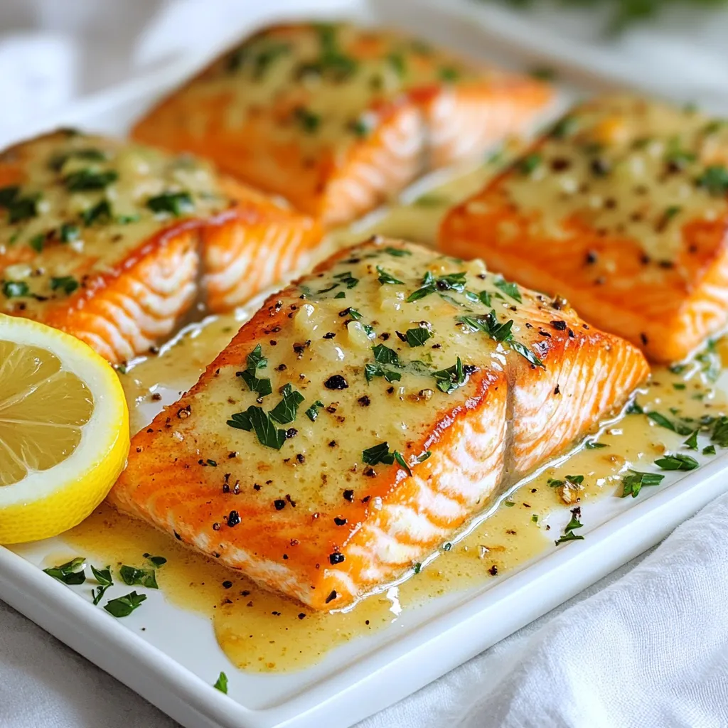 - 4 salmon fillets (about 6 oz each) - 3 tablespoons olive oil - 4 cloves garlic, minced - 1 cup heavy cream - 1/2 cup chicken broth - 1/2 cup freshly grated Parmesan cheese - 1 teaspoon lemon juice - Salt and pepper to taste - Fresh parsley, chopped (for garnish) - Lemon slices (for serving) Gathering the right ingredients is key to making creamy garlic salmon. Choose fresh salmon fillets. Look for bright, shiny skin and firm flesh. This ensures great flavor and texture. Use quality olive oil for cooking. A good oil adds depth to your dish. Make sure to use fresh garlic. Mince it finely for the best taste. Heavy cream is essential for that rich, creamy sauce. Do not skimp on the Parmesan cheese; it adds a savory kick. Lemon juice brightens the dish, balancing the creaminess. For seasoning, use salt and pepper to taste. Fresh parsley is perfect for garnish. It adds a pop of color and freshness. Lastly, lemon slices not only look nice but add zing when serving. These ingredients come together to create a delightful and simple meal. Each one plays a role in making the salmon shine. Enjoy the process of gathering and preparing! {{ingredient_image_1}} To make this dish, start by seasoning the salmon fillets. Use salt and pepper on both sides. This adds great flavor. Next, heat 3 tablespoons of olive oil in a large skillet over medium-high heat. Once the oil is hot, add the salmon fillets. Cook them for about 4 to 5 minutes on each side. You want them golden brown and cooked through. After cooking, take the salmon out of the skillet and set it aside. In the same skillet, lower the heat to medium. Add 4 cloves of minced garlic. Cook the garlic for about 1 minute until it smells nice. Then, pour in 1/2 cup of chicken broth. Make sure to scrape any browned bits from the bottom of the skillet. This adds more flavor. Let the broth simmer for 2 to 3 minutes. Now, lower the heat again. Stir in 1 cup of heavy cream and 1 teaspoon of lemon juice. Bring the mixture to a gentle simmer. Add 1/2 cup of freshly grated Parmesan cheese. Stir until it melts and the sauce is smooth. Taste the sauce and add more salt and pepper if needed. Finally, return the salmon fillets to the skillet. Spoon the creamy garlic sauce over the salmon. Cook for another 2 to 3 minutes until everything is hot. To make creamy garlic salmon just right, avoid overcooking the fish. Salmon cooks quickly, so watch it closely. Cook each side for about 4-5 minutes. The fish should flake easily with a fork but stay moist inside. Overcooked salmon can taste dry, so check it early. For a creamy sauce, keep a few key steps in mind. First, use heavy cream for richness. Stir it in slowly with the chicken broth. This helps it blend well. When you add Parmesan cheese, let it melt completely. This makes the sauce smooth and tasty. If it gets too thick, add more chicken broth or cream. For great-looking salmon, serve each fillet on a warm plate. Drizzle extra creamy sauce on top. This makes it shine. Garnish with freshly chopped parsley and lemon slices. These add a pop of color and freshness. Pair this dish with easy sides. Steamed vegetables like broccoli or asparagus work well. You can also serve it with pasta. The creamy sauce goes great with noodles. Enjoy your meal with a nice salad for a complete dinner! Pro Tips Use Fresh Salmon: Fresh salmon will provide better flavor and texture than frozen. Look for fillets with a bright color and firm texture. Don't Overcook the Salmon: Cook the salmon just until it flakes easily with a fork to keep it moist and tender. A digital thermometer should read 145°F (63°C). Enhance the Flavor: For a flavor boost, consider adding fresh herbs like dill or thyme to the sauce along with the garlic. Perfect Pairings: This creamy garlic salmon pairs beautifully with a side of steamed asparagus or a light pasta dish to soak up the delicious sauce. {{image_2}} You can swap out salmon for other fish. Cod, halibut, or trout work great. Each fish brings its own taste. This change makes the dish fun and varied. If you want a dairy-free sauce, use coconut cream instead of heavy cream. Use nutritional yeast for a cheesy flavor. This version is just as creamy and rich. You won't miss the dairy! Adding herbs or spices can really boost flavor. Fresh dill or basil pairs well with the dish. These herbs add a fresh twist and bright taste. You can also mix in vegetables. Spinach, cherry tomatoes, or asparagus make great choices. They add color and nutrients to your meal. Sauté them in the skillet before adding the sauce for extra flavor. To store leftovers, place your creamy garlic salmon in an airtight container. This keeps the salmon fresh and tasty. Make sure it cools down first before sealing the container. You can store it in the fridge for up to three days. The shelf life of this dish is short. It is best to enjoy the salmon soon after cooking. If you want to keep it longer, consider freezing it. However, the creamy sauce may change texture when thawed. Reheating salmon can be tricky, but I've got you covered. The best method is to use the oven. Preheat to 275°F (135°C). Place the salmon on a baking sheet and cover it with foil. Heat for about 15 minutes. This will help keep it moist. You can also use the microwave, but be careful. Use a microwave-safe dish and cover it loosely. Heat in 30-second bursts until warm. Check often to avoid overheating. Enjoy your creamy garlic salmon just like it was fresh! You can tell when salmon is cooked by looking for a few signs: - The salmon should change from translucent to opaque. - It will flake easily with a fork. - The internal temperature should reach 145°F (63°C). When the salmon is done, it will look a nice pink color inside. Overcooking makes it dry, so watch it closely while cooking. Yes, you can use frozen salmon! Here are some tips for preparing it: - Thaw the salmon in the fridge overnight or under cold water for a faster option. - Pat the salmon dry with paper towels before cooking. - Increase the cooking time by a couple of minutes since it's frozen. This way, you can still enjoy a tasty meal with no hassle. Pair creamy garlic salmon with these tasty side dishes: - Steamed vegetables like broccoli or green beans. - A simple side salad with fresh greens. - Garlic bread or crusty rolls to soak up the sauce. - Pasta tossed in olive oil and herbs. These sides will complement the rich flavors of the salmon and complete your meal. This blog post covered the key ingredients and steps for cooking creamy garlic salmon. You learned how to season the fish, prepare a rich sauce, and combine it all for a delicious meal. Remember to avoid overcooking the salmon and consider variations to suit your taste. With proper storage and reheating methods, you can enjoy this dish later. Cooking should be fun and rewarding. I hope you try this recipe and make it your own!