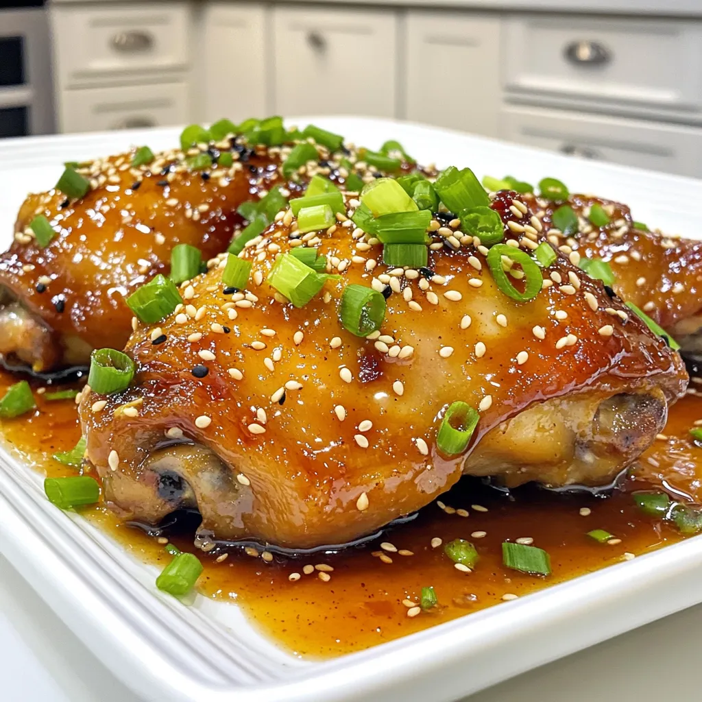 For the sticky sesame ginger chicken thighs, gather these key items: - 4 boneless, skinless chicken thighs - 1/4 cup soy sauce - 2 tablespoons honey - 2 tablespoons sesame oil - 1 tablespoon freshly grated ginger - 2 cloves garlic, minced - 2 tablespoons rice vinegar - 1 tablespoon cornstarch - 1 tablespoon water - 2 tablespoons sesame seeds (toasted) These ingredients build the rich, sticky sauce that makes this dish shine. You will also need some common kitchen staples: - Salt - Pepper These staples help to season the chicken and enhance the flavors. To finish your dish, consider these tasty garnishes: - 2 green onions, chopped Chopped green onions add a fresh crunch and bright color to your plate. Optional sesame seeds can add even more texture and flavor. To start, I grab a mixing bowl. I whisk together soy sauce, honey, sesame oil, grated ginger, minced garlic, and rice vinegar. This mix creates a tasty marinade. The blend of sweet and tangy flavors makes it special. Make sure you mix well until everything combines. Next, I take the chicken thighs and place them into a resealable bag. I pour the marinade over the chicken, ensuring it is well coated. I seal the bag tightly and place it in the fridge. Letting it sit for at least 30 minutes is key. For even better flavor, aim for 2 hours. After marinating, I preheat the oven to 400°F (200°C). I line a baking dish with parchment paper. Then, I remove the chicken from the marinade, saving it for later. I season the chicken with salt and pepper and place it in the dish. I bake it for 25-30 minutes. The chicken is done when it reaches 165°F (74°C). While it bakes, I pour the reserved marinade into a small saucepan. I mix cornstarch and water in a bowl to make a slurry. I bring the marinade to a simmer and whisk in the slurry. It thickens in about 3-5 minutes. When the chicken is done, I brush the thickened sauce over it. A sprinkle of toasted sesame seeds adds a nice touch. For a golden finish, I broil the chicken for 2-3 minutes, keeping an eye on it to avoid burning. Finally, I garnish with chopped green onions and serve. To get tender chicken thighs, start with fresh meat. Marinate your thighs for at least 30 minutes. For best results, let them sit in the marinade for 2 hours. This allows the flavors to soak in. The soy sauce helps break down the meat fibers. It makes the chicken juicy and soft. Always remember to let the chicken come to room temperature before cooking. This helps it cook evenly. Ovens can vary, so check your chicken often. Bake the thighs for 25 to 30 minutes at 400°F. Use a meat thermometer to check the internal temp. It should reach 165°F. If your thighs are larger, they may need more time. Keep an eye on them to avoid drying out. If you have smaller thighs, reduce the time by a few minutes. For a great sauce, start with the reserved marinade. Bring it to a simmer in a small saucepan. Mix cornstarch and water in a bowl to create a slurry. Whisk it into the simmering marinade for thickening. Stir it often for 3 to 5 minutes. The goal is a glossy sauce that clings to the chicken. If it gets too thick, add a little water to loosen it up. This will keep your sauce perfect every time! {{image_2}} You can switch the chicken thighs for other proteins. Try using boneless chicken breasts for a leaner option. Firm tofu works well for a vegetarian dish. If you prefer seafood, shrimp are a great choice. Just adjust the cooking time as needed for each protein. To add heat, mix in some red pepper flakes or sriracha to the marinade. If you like it sweeter, add more honey or even some brown sugar. You can also use a splash of orange juice for a fruity twist. This will enhance the sweet notes in the dish. Serve the sticky sesame ginger chicken thighs over fluffy rice or quinoa. Steamed vegetables add a nice crunch and color. You can also pair it with a fresh salad for a light meal. Don’t forget to drizzle extra sauce over everything for added flavor! To keep your sticky sesame ginger chicken thighs fresh, store them in the fridge. Place the cooked chicken in an airtight container. This will prevent it from drying out. Make sure to cool the chicken to room temperature before sealing. It stays good for up to three days in the fridge. If you want to save some for later, freezing is a great option. First, let the chicken cool completely. Then, wrap each piece in plastic wrap. Place the wrapped chicken in a freezer-safe bag or container. It can last for up to three months in the freezer. Remember to label the bag with the date. This helps you keep track of how long it's been stored. When you're ready to enjoy the chicken again, reheating is simple. For the best results, use an oven. Preheat it to 350°F (175°C). Place the chicken on a baking sheet and cover it with foil. This keeps it moist. Heat for about 15-20 minutes or until warmed through. You can also microwave it. Place the chicken on a microwave-safe plate, cover it with a damp paper towel, and heat for 1-2 minutes. Enjoy that delicious flavor again! You should marinate chicken thighs for at least 30 minutes. For the best taste, aim for 2 hours. This extra time helps the chicken soak up all the flavors. Yes, you can use bone-in chicken thighs. Just remember, they will take longer to cook. Aim for an internal temperature of 165°F. Check the meat near the bone for doneness. There are many great sides for this dish. Here are a few ideas: - Steamed rice - Quinoa - Roasted vegetables - A fresh salad - Stir-fried greens These choices can balance the rich flavors of the chicken. Enjoy mixing and matching! This post detailed making sticky sesame ginger chicken thighs. We covered key ingredients, step-by-step cooking, and smart tips. You learned how to keep chicken tender and adjust for taste. Make sure to store leftovers right or freeze them for later. Remember, cooking is about having fun and being creative. Enjoy experimenting with flavors and serving it to friends or family. Happy cooking!