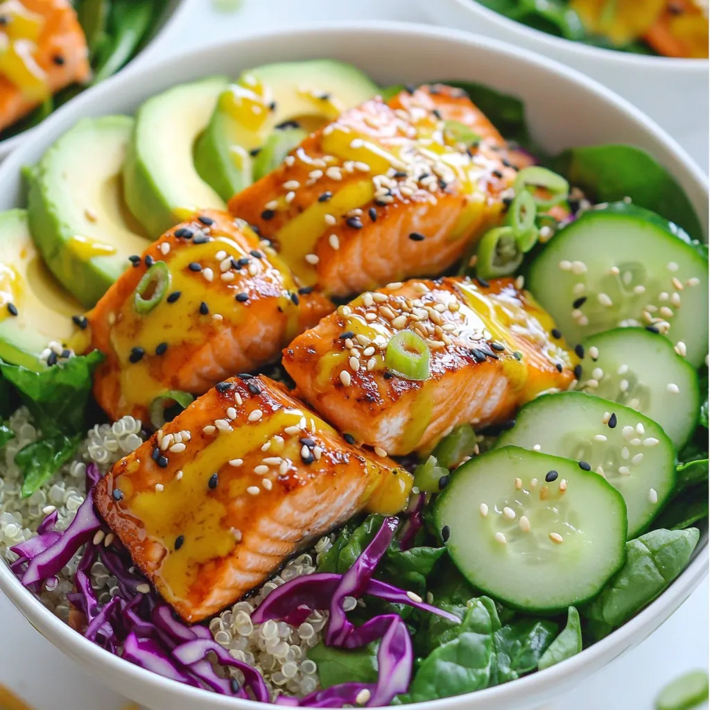 Here’s what you need for Bang Bang Salmon Bite Bowls: - 1 pound fresh salmon fillet, skin removed and diced - 1 cup cooked quinoa - 1 cup mixed greens (spinach, arugula, and kale) - 1 avocado, sliced - 1/2 cup cucumber, thinly sliced - 1/4 cup red cabbage, shredded - 1/4 cup green onions, chopped - 1 tablespoon sesame oil - 1 tablespoon soy sauce - 1 tablespoon Sriracha - 1 tablespoon mayonnaise - 1 teaspoon rice vinegar - Salt and pepper to taste - Sesame seeds for garnish Each ingredient brings a unique flavor to the dish. Fresh salmon is rich in omega-3s and offers a nice texture. Quinoa adds protein and fiber. Mixed greens provide a fresh crunch, while avocado adds creaminess. You can adjust the Sriracha for spice based on your taste. Using these fresh and vibrant ingredients makes this meal not only tasty but also visually appealing. The colors and textures create a feast for the eyes as well as the palate. Enjoy the process of gathering your ingredients! {{ingredient_image_1}} First, take your diced salmon and place it in a medium bowl. Add sesame oil, soy sauce, salt, and pepper. Mix well so the salmon is coated. Let it marinate for 15 minutes. This step adds great flavor and makes your salmon tasty. In a small bowl, whisk together Sriracha, mayonnaise, and rice vinegar. Mix until smooth and creamy. Adjust the Sriracha if you want more spice. This sauce gives your meal a nice kick. Heat a non-stick skillet over medium-high heat. Add the marinated salmon to the hot skillet. Cook for about 4-5 minutes, turning it occasionally. You want the salmon to be golden brown and just cooked through. This will give you perfect salmon bites. Grab your serving bowls. Start by layering the bottom with cooked quinoa. This will be your base. Next, add a handful of mixed greens on top of the quinoa. Then, layer on sliced avocado, cucumber, and shredded red cabbage. Finally, place the cooked salmon bites on top of the veggies. Generously drizzle the Bang Bang sauce over each bowl. This sauce ties all the flavors together. Finish by sprinkling chopped green onions and sesame seeds on top. This adds a nice crunch and enhances the dish’s look. Enjoy your Bang Bang Salmon Bite Bowls! To cook salmon bites perfectly, start with fresh salmon. I recommend skinless fillets for easy handling. Dice the salmon into bite-sized pieces. Marinate it with sesame oil, soy sauce, salt, and pepper for 15 minutes. This adds flavor and keeps the fish juicy. Heat a non-stick skillet over medium-high heat. Cook the salmon bites for about 4-5 minutes. Turn them occasionally until they are golden brown. This helps achieve a nice crust while keeping them tender inside. For fluffy quinoa, rinse it under cold water before cooking. This removes any bitterness. Use a 2:1 ratio of water to quinoa. Bring it to a boil, then reduce to a simmer. Cover and cook for about 15 minutes. Fluff it with a fork after cooking. This ensures light and airy quinoa. To elevate the flavors, consider adding spices like garlic powder or paprika to the salmon marinade. You might also enjoy fresh herbs like cilantro or basil for a fresh twist. For the Bang Bang sauce, adjust the Sriracha for spice preference. If you like it milder, reduce the amount. For extra creaminess, add more mayonnaise. You can also mix in lime juice for a zesty kick. Serving your dish in vibrant bowls makes a big difference. Choose bowls that contrast nicely with your ingredients. This highlights the bright colors of the salmon and veggies. For garnish, sprinkle sesame seeds and chopped green onions on top. You can add edible flowers or extra herbs for a touch of elegance. These small details make your meal more inviting and fun. Pro Tips Marinate for Flavor: Allowing the salmon to marinate for at least 15 minutes infuses it with flavor. For a stronger taste, consider marinating for up to 30 minutes. Adjust Spice Levels: Feel free to modify the amount of Sriracha in the Bang Bang sauce to suit your spice tolerance. You can also add a touch of honey for sweetness if desired. Cook Salmon Perfectly: Cook the salmon just until it turns golden brown and is slightly opaque in the center. Overcooking will lead to a dry texture. Serving Suggestions: For an extra crunch, add toppings like crushed nuts or crispy fried onions. These elements can elevate the texture and flavor of your bowls. {{image_2}} You can easily switch the salmon for shrimp or tofu. Shrimp cooks quickly and tastes great. Just sauté it in the same marinade. Tofu offers a hearty, plant-based option. Cut it into cubes, marinate, and pan-fry until golden. You can also try white fish like cod or halibut. These options keep the dish fresh and fun. Making a plant-based version is simple. Replace salmon with marinated mushrooms or chickpeas. Use vegan mayonnaise for the Bang Bang sauce. Make sure to check for allergens when choosing your ingredients. You can swap quinoa for brown rice or cauliflower rice for a lighter option. Feel free to swap out greens or veggies as you like. Spinach, kale, or romaine all work well. You can also add bell peppers or carrots for a crunch. For sauces, try a peanut sauce or mango salsa. These changes keep your meal interesting and tasty. To store your leftover Bang Bang Salmon Bite Bowls, use an airtight container. This keeps the flavors fresh and prevents spills. Place the container in the fridge. Your bowls will stay fresh for up to three days. After that, the ingredients may lose texture and flavor. Yes, you can freeze Bang Bang Salmon Bite Bowls. However, I suggest freezing the salmon bites and quinoa separately. This helps keep everything fresh. To freeze, let the components cool completely before packing them in freezer-safe bags. When you’re ready to eat, thaw them in the fridge overnight. Reheat the salmon in a skillet for best results. This ensures a nice texture without drying out. Preparing parts of the meal ahead saves time. Cook the quinoa and store it in the fridge. You can also chop the veggies and store them in separate containers. This keeps flavors intact. When ready to serve, simply assemble the bowls. Drizzle the Bang Bang sauce just before eating to keep it fresh and zesty. You can use several grains instead of quinoa. Here are some good options: - Brown rice: Cook it according to package instructions. It takes about 45 minutes. - Farro: This chewy grain cooks in about 30 minutes and adds nice texture. - Barley: It has a nutty taste and will take about 40 minutes to cook. - Couscous: It cooks quickly, in about 5 minutes, and adds a light flavor. Each grain has a unique taste and texture. Feel free to choose what you like best. Bang Bang sauce can be spicy or mild. It all depends on your taste. - For mild sauce: Use less Sriracha, maybe a teaspoon. - For medium spice: Stick to the recipe with one tablespoon. - For hot sauce lovers: Add more Sriracha or even a pinch of chili flakes. You can always taste the sauce as you mix it. Adjust until it is just right for you. Yes, you can use canned salmon. Here are some tips: - Drain well: Make sure to drain the canned salmon before using it. - Flake gently: Use a fork to flake the salmon for a better texture. - Less cooking time: If using canned, you won’t need to cook it as long, just warm it through. Canned salmon can be a great time-saver, and it still tastes good! You can mix and match many vegetables in your bowls. Here are some ideas: - Bell peppers: Slice them thin for a crunchy bite. - Carrots: Grate or julienne them for sweetness and color. - Zucchini: Thinly slice or spiralize it for added texture. - Cherry tomatoes: Halve them for a burst of flavor. Feel free to use what’s fresh or in season. The more variety, the better! This blog post covered a delicious Bang Bang Salmon Bowl recipe. We discussed key ingredients, step-by-step instructions, and tips for cooking. You learned about variations for different diets and storage tips for leftovers. In conclusion, creating this meal is simple and fun. With so many options, you can customize it to your taste. Enjoy experimenting in your kitchen!