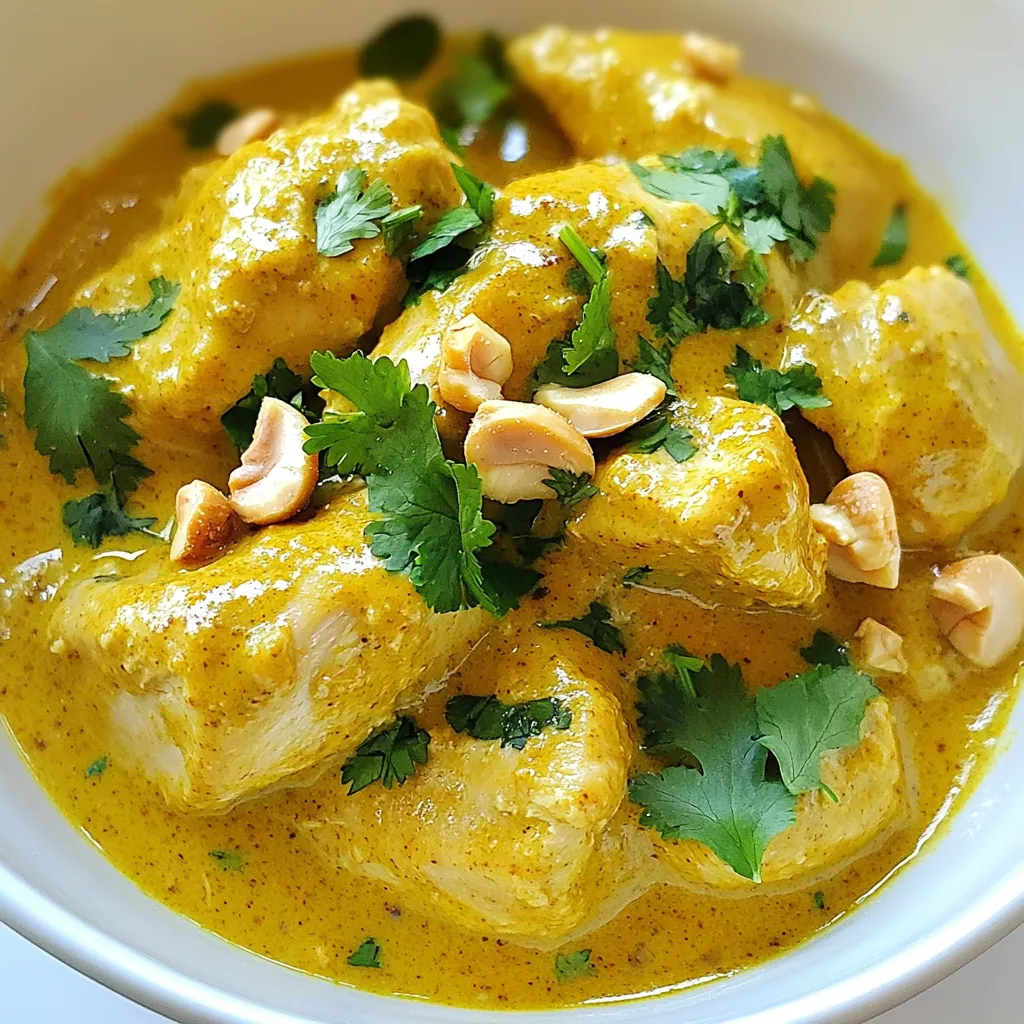 For this slow cooker chicken korma, you will need: - 1.5 lbs boneless, skinless chicken thighs, cut into chunks - Salt to taste - 2 tablespoons curry powder - 1 tablespoon garam masala - 1 teaspoon turmeric powder - 1 teaspoon cumin seeds Start by mixing the chicken with salt and spices. This step is key to adding flavor. Let it sit for 15 minutes. This short time allows the spices to soak into the meat. Next, gather these aromatics and spices: - 1 large onion, finely chopped - 4 cloves garlic, minced - 1 tablespoon fresh ginger, grated - 2 tablespoons vegetable oil Cooking the onion until golden is crucial. This adds a sweet taste to your korma. After that, add garlic and ginger. Cook them until they smell good, about 2 minutes. This will create a fragrant base for your dish. Finally, you will need the following for the sauce: - 1 cup coconut milk - ½ cup plain yogurt - Fresh cilantro, for garnish - 1 cup cashews, toasted (optional for added crunch) The coconut milk and yogurt create a creamy sauce. They balance the spices well. If you like a bit of crunch, add toasted cashews before serving. Fresh cilantro brightens the dish and adds color. This makes your chicken korma not just tasty but also beautiful on the plate. {{ingredient_image_1}} Start by cutting 1.5 lbs of boneless, skinless chicken thighs into chunks. This chicken will absorb all the flavors. Place the chunks in a large bowl. Sprinkle in salt, curry powder, garam masala, turmeric, and cumin seeds. Mix it well to coat each piece. Let the chicken sit for 15 minutes. This step is key to making sure the flavors blend nicely. Next, heat 2 tablespoons of vegetable oil in a skillet over medium heat. Add 1 large chopped onion to the hot oil. Stir it often until it turns golden brown, which takes about 5-7 minutes. The smell will be amazing! After that, add 4 cloves of minced garlic and 1 tablespoon of grated ginger. Cook for another 2 minutes until you can smell the garlic and ginger. This makes the base of your dish really flavorful. Now it’s time to bring everything together. Transfer the sautéed onion, garlic, and ginger into your slow cooker. Carefully place the marinated chicken on top. Pour in 1 cup of coconut milk and ½ cup of plain yogurt. This creates a rich and creamy sauce. Cover the slow cooker and set it to cook. Choose low for 6-8 hours or high for 4 hours. The chicken will become tender and soak up all the spices. When it’s ready, stir in some toasted cashews for crunch if you like. Enjoy this delightful dish over rice or with naan! To make your Slow Cooker Chicken Korma tasty, start with fresh spices. Fresh spices pack a punch. Use whole cumin seeds for a richer taste. Toast them lightly to boost their flavor. When cooking, let the chicken marinate. This helps the chicken soak up all those great spices. Include a mix of coconut milk and yogurt. This mix creates a creamy sauce. Don't skip the sautéing step. Browning the onions adds depth to the dish. If you can’t find some ingredients, don't worry! You can swap out chicken thighs for chicken breasts. They will work well, too. For a dairy-free option, use almond or cashew yogurt instead of plain yogurt. Want to add a twist? Try using almond milk instead of coconut milk. It will change the flavor but still taste great. One common mistake is not seasoning enough. Always taste before serving. This way, you can add more salt if needed. Another mistake is overcooking the chicken. If you cook it too long, it can become dry. Stick to the recommended cooking times. Finally, don’t forget the garnish! Fresh cilantro adds a nice touch. It also brightens the dish. Enjoy your cooking! Pro Tips Marinate Longer for Flavor: For even more flavor, consider marinating the chicken for at least 1 hour or overnight in the refrigerator. Use Fresh Spices: Using freshly ground spices can enhance the aroma and taste of your korma, making it more vibrant. Adjusting Heat Levels: If you prefer a spicier korma, feel free to add some red chili powder or fresh chilies to the mix. Serving Suggestions: This dish pairs wonderfully with jasmine rice or naan, and a side of cucumber raita can balance the spice. {{image_2}} You can make Chicken Korma vegetarian by using chickpeas or tofu. Both options add protein and texture. Just cook them the same way as the chicken. You can also use paneer, which is a soft cheese. It holds its shape well and soaks up flavors. Replace the chicken with your favorite meat substitute for a tasty dish. If you want a milder korma, reduce the curry powder and garam masala. You can also omit the cumin seeds. For some heat, add extra chili powder or fresh chilies. Start with a little, then taste and add more if needed. This way, you can control the spice to match your taste. Adding vegetables makes this dish colorful and healthy. Try bell peppers, peas, or spinach. You can add them during the last hour of cooking. This keeps them bright and fresh. Cut them into bite-sized pieces for even cooking. Adding carrots can also provide a sweet crunch to the korma. You can keep leftover chicken korma in the fridge. Place it in a sealed container. It lasts for about 3 to 4 days. Make sure it cools down before storing. This way, it stays fresh and tasty. If you want to save it for later, freezing works well. Put the korma in a freezer-safe container. It can stay good for up to 3 months. When ready to eat, thaw it overnight in the fridge. This keeps the flavor intact. When it’s time to eat again, reheating is easy. You can use the microwave or the stove. If using the stove, heat it in a pan over low heat. Add a splash of water or coconut milk to keep it moist. Stir often until it's hot. Enjoy your korma just like the first time! Yes, you can use chicken breasts. They cook faster and are leaner. However, chicken thighs add more flavor and stay juicier in the slow cooker. If you choose breasts, reduce cooking time. Cook for about 3-4 hours on high or 5-6 hours on low. To spice up your Chicken Korma, add more curry powder or garam masala. You can also mix in fresh or dried chili peppers. Another option is to use a spicy yogurt or coconut milk. Adjust the spices to match your heat level. Chicken Korma pairs well with rice or naan bread. Basmati rice is a great choice, as it soaks up the sauce. You can also serve a simple salad or some roasted vegetables. Fresh cilantro as a garnish adds color and flavor too. This blog post covered all you need for a great Chicken Korma. We started with ingredients, from chicken to spices and sauces. Then we outlined how to prepare, sauté, and cook your dish in a slow cooker. I shared helpful tips to boost flavor and avoid mistakes. We also discussed tasty variations, storage methods, and answered common questions. Enjoy making your own Korma, and don't forget to get creative with it!