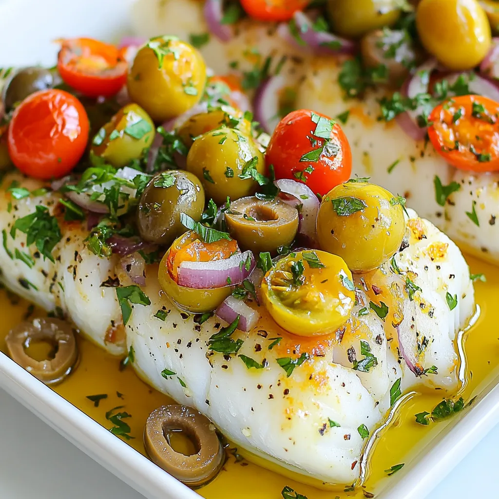 - 4 cod fillets (about 6 oz each) - 1 cup cherry tomatoes, halved - 1/2 cup Kalamata olives, pitted and roughly chopped - 1/4 cup green olives, pitted and roughly chopped - 1 small red onion, thinly sliced - 3 cloves garlic, minced - 1/4 cup fresh parsley, chopped - 1/4 cup olive oil - 1 lemon, zested and juiced - 1 teaspoon dried oregano - Salt and black pepper to taste The cod fillets serve as the star of this dish. They are mild and flaky. For the best taste, choose fresh fish when possible. The olives add a salty, briny kick. Kalamata olives bring rich flavor, while green olives add a nice tang. Cherry tomatoes burst with sweetness when baked, balancing the saltiness of the olives. Garlic and red onion add depth and aroma. Fresh parsley brightens the dish with color and freshness. If you can’t find cod, use halibut or tilapia. They have a similar texture and flavor. For the olives, swap Kalamata for black olives if you prefer. Use any small, sweet tomato like grape tomatoes if cherry tomatoes are not available. If you want a lighter version, replace olive oil with avocado oil. Fresh herbs like basil or thyme can replace parsley for a different taste. Lastly, if you like heat, add red pepper flakes to the mixture for a spicy kick. {{ingredient_image_1}} Start by gathering your ingredients. You need cod fillets, cherry tomatoes, Kalamata olives, green olives, red onion, garlic, parsley, olive oil, lemon, oregano, salt, and pepper. 1. Wash and chop the cherry tomatoes in half. This adds sweetness and color. 2. Pit and chop the olives. Both Kalamata and green olives give a nice salty kick. 3. Slice the red onion thinly. This will add a nice crunch. 4. Mince the garlic. Fresh garlic will boost the flavor. 5. Chop the parsley. It adds freshness to the dish. 6. Zest and juice the lemon. This brightens up all the flavors. Mix all the chopped ingredients in a large bowl. Drizzle half of the olive oil over the mixture. Add lemon zest, oregano, salt, and pepper. Stir well to combine. Baking cod is simple but needs precision. Here’s how to do it right: 1. Preheat your oven to 400°F (200°C). This sets the stage for even cooking. 2. Line a baking sheet with parchment paper. This prevents the cod from sticking. 3. Place the cod fillets on the sheet. Drizzle the remaining olive oil over each fillet. 4. Season the fillets lightly with salt and pepper. Now, spoon the olive and tomato mixture over each fillet. Make sure to cover them well. This will help keep the fish moist and flavorful. After baking, let the cod rest. This makes it easier to flake. 1. Bake the cod for 20-25 minutes. Check if it flakes easily with a fork. 2. Remove it from the oven and let it sit for a couple of minutes. For a lovely finish, squeeze fresh lemon juice over the dish. This adds a bright zing. Serve the cod on a large platter. Garnish with extra parsley for a pop of color. You can also serve it with couscous or crusty bread. Enjoy your Mediterranean feast! To get juicy cod, buy fresh fillets. Look for firm fish with a clean smell. Avoid fish that looks dull or has a strong odor. When cooking, do not overbake. Cod cooks fast. At 400°F, it should take just 20-25 minutes. Check for doneness by using a fork. The fish should flake easily. To boost flavors, use quality olive oil. It adds richness. Fresh herbs, like parsley, make a big difference. You can also add red pepper flakes for heat. A sprinkle of feta cheese on top brings a creamy touch. For a zesty kick, add lemon zest. It brightens every bite. One mistake is not seasoning enough. Make sure to salt and pepper the fish well. Another error is overcrowding the baking sheet. Give each fillet space for even cooking. Avoid using old ingredients. Fresh tomatoes and olives bring vibrant flavors. Lastly, do not skip resting the fish after baking. Letting it rest helps the juices settle. Pro Tips Use Fresh Ingredients: Choosing the freshest cod and ripe cherry tomatoes will enhance the flavor of the dish significantly. Experiment with Olives: Feel free to mix different types of olives or add capers for a unique twist on the classic Mediterranean flavors. Check for Doneness: Cod should be opaque and flake easily with a fork when fully cooked; avoid overcooking for the best texture. Serve with a Side: Pair the dish with couscous, quinoa, or a fresh salad to create a well-rounded meal. {{image_2}} You can swap cod for other seafood. Try using halibut or salmon. These options work well with the olive mix. If you go with shrimp, make sure to adjust the cooking time. Shrimp cooks faster, so add them in the last few minutes. This way, they stay tender. Mixing different seafood adds fun flavors to your dish. You can also add more vegetables. Zucchini and bell peppers bring color and taste. Cut them into small pieces and mix them in with the olives and tomatoes. This adds more nutrients, too! For olives, you can switch to green or even add capers for a briny kick. This keeps the dish fresh and fun. Seasonings can change the whole dish. For a spicy kick, add red pepper flakes. If you want a more earthy taste, try smoked paprika. You can also use fresh herbs like basil or thyme instead of parsley. This not only changes the flavor but also keeps things interesting. Experimenting with seasonings helps you find your favorite taste. Store leftover Mediterranean Baked Cod in an airtight container. Keep it in the fridge for up to 3 days. Make sure it cools down first before sealing. This helps keep it fresh and tasty. You can freeze the cod if you have leftovers. Wrap each fillet tightly in plastic wrap. Then place them in a freezer-safe bag. They will stay good for up to 2 months. To keep the best flavor, add a layer of parchment paper between fillets. To reheat, place the cod in a preheated oven at 350°F (175°C). Cover it with foil to prevent drying out. Heat for about 15 minutes or until warmed through. For quicker reheating, use a microwave. Just heat for 1-2 minutes on medium power. Check to make sure it’s hot, but don’t overdo it! Enjoy your meal as if it was fresh from the oven. You should bake cod for 20 to 25 minutes at 400°F. The fish is done when it flakes easily with a fork. Keep an eye on it to avoid overcooking. Yes, you can use frozen cod. Just make sure to thaw it first. Thawing helps it cook evenly. Place the frozen fillets in the fridge overnight for best results. Many sides go well with this dish. Consider serving it with couscous or crusty bread. A fresh salad can also complement the flavors nicely. Try roasted vegetables for a colorful plate. This article covered the key steps for making delicious Mediterranean baked cod. We explored the best ingredients, cooking techniques, and tips for juicy fish. I also shared creative variations and smart storage methods. Now you have all the tools to create this dish with confidence. Enjoy making it your own and impressing others with your new skills. You have the knowledge to create tasty meals that everyone will love. Happy cooking!