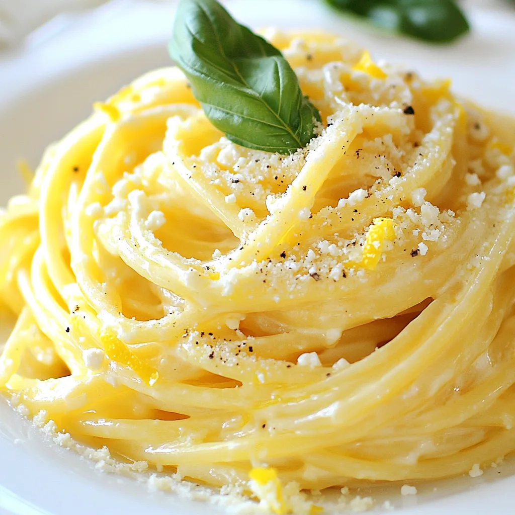 To make this dish, gather these key items: - 12 oz pasta (spaghetti or penne works well) - 1 cup crumbled feta cheese - 1 lemon (zest and juice) - 1 cup heavy cream - 2 tablespoons olive oil - 3 cloves garlic, minced - 1 teaspoon dried oregano - Salt and pepper to taste These ingredients blend together to create a creamy, tangy delight. The feta adds a rich flavor, while the lemon brings brightness to the dish. You can enhance this pasta with a few simple garnishes: - Fresh basil leaves - Grated Parmesan cheese (for serving) Using fresh basil adds a pop of color and flavor. The Parmesan gives a nice salty touch. While spaghetti and penne are great options, feel free to try other types: - Fusilli - Farfalle - Orecchiette These shapes hold the sauce well and make each bite enjoyable. Choose what you like best! {{ingredient_image_1}} To start, boil a large pot of salted water. Once it’s bubbling, add 12 oz of pasta. You can choose spaghetti or penne; both work well. Cook the pasta until it's al dente. This usually takes about 8 to 10 minutes. Remember to reserve 1 cup of pasta water before draining. This water helps adjust the sauce later. After draining, set the pasta aside. Next, grab a large skillet and heat 2 tablespoons of olive oil over medium heat. Once the oil is hot, add 3 cloves of minced garlic. Sauté it for about 1 minute. You want it fragrant, not brown. Then, lower the heat. Add 1 cup of crumbled feta cheese and 1 cup of heavy cream to the skillet. Stir the mixture until the feta melts and becomes smooth. Now, it’s time to add flavor. Stir in the zest and juice of 1 lemon. Mix it well. If the sauce feels too thick, add some reserved pasta water until it's creamy. Season the sauce with 1 teaspoon of dried oregano, salt, and pepper. Taste it and adjust the seasoning as needed. Finally, add the cooked pasta to the skillet. Toss it so the pasta is evenly coated in the creamy lemon feta sauce. Serve it hot and garnish with fresh basil leaves and grated Parmesan cheese if you like. To get that creamy texture, use heavy cream. This gives the sauce richness. If it feels too thick, add a little pasta water. This water has starch from the pasta. It helps the sauce cling better. Stir well to combine everything smoothly. For extra flavor, zest the lemon before juicing it. The zest adds brightness. You can also add fresh herbs like basil or parsley. A pinch of red pepper flakes gives it a spicy kick. If you like a nutty taste, sprinkle some toasted pine nuts on top. Don't overcook the pasta; it should be al dente. Overcooked pasta gets mushy. Avoid heating the feta cheese too much. You want it to melt slightly but not turn grainy. Lastly, taste your sauce before serving. Adjust the seasoning as needed for the best flavor. Pro Tips Use Fresh Ingredients: Fresh lemon juice and zest will enhance the flavor of your pasta significantly compared to bottled lemon juice. Adjust Creaminess: If you prefer a lighter sauce, you can replace half of the heavy cream with chicken or vegetable broth for a delicious twist. Herb Variations: Experiment with different herbs like thyme or parsley for added flavor, or even add a pinch of red pepper flakes for some heat. Perfect Pasta Cooking: Make sure to cook the pasta al dente. It will continue to cook slightly after being added to the sauce, ensuring the perfect texture. {{image_2}} To make this dish vegetarian, simply keep the feta cheese and heavy cream. For a vegan twist, swap out the feta for plant-based feta. Use coconut cream or cashew cream instead of heavy cream. You can also add nutritional yeast for a cheesy flavor. This keeps the taste rich without dairy. If you want more protein, try adding grilled chicken or shrimp. Both pair well with the creamy sauce. For a vegetarian protein, consider chickpeas or lentils. They add a hearty texture and boost nutrition. You can toss them in with the pasta for a filling meal. You can change the flavor by adding herbs. Fresh parsley or thyme gives a nice touch. If you enjoy spice, try red pepper flakes for heat. Adding sun-dried tomatoes can give a tangy twist. You can even mix in roasted vegetables for extra texture and taste. Each choice makes the dish unique and exciting. After enjoying your creamy lemon feta pasta, store any leftovers right away. Use an airtight container. This keeps the pasta fresh and tasty. Be sure to let it cool to room temperature first. Once cooled, place it in the fridge. Leftovers stay good for up to three days. When reheating, you have a few options. You can use the microwave or the stove. If using the microwave, heat in short bursts. Stir often to avoid hot spots. For the stove, add a splash of water or cream to help it stay creamy. Heat on low, stirring gently until warm. If you want to save pasta for later, freezing is a great choice. First, cool it completely and then place it in a freezer-safe bag. Squeeze out as much air as possible. Label the bag with the date. This pasta can last up to two months in the freezer. To reheat, thaw in the fridge overnight before warming. Making Creamy Lemon Feta Pasta takes about 25 minutes in total. You spend 10 minutes prepping and 15 minutes cooking. This quick dish fits perfectly into a busy day. You can enjoy a gourmet meal without spending hours in the kitchen. Yes, you can use low-fat options for some ingredients. You can replace heavy cream with half-and-half or a low-fat cream. Low-fat feta cheese is also available. Keep in mind that the taste and texture may change slightly, but it will still be tasty. If you don’t have feta cheese, try goat cheese or ricotta. Both options give a similar creamy texture. You can also use cottage cheese for a lower-fat choice. These substitutes keep your pasta delicious while adding a unique twist. Creamy Lemon Feta Pasta is a simple dish with bold flavors. We explored its main ingredients, from pasta to feta, and how to garnish it. I shared step-by-step instructions for cooking and preparing the sauce. You learned tips for a creamy texture and flavor boosts. We also covered variations, storage tips, and common FAQs. This dish is great for customization and easy to make. Enjoy creating and sharing your own delicious versions!
