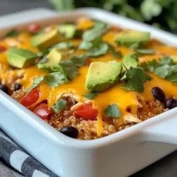 - 2 cups cooked chicken, shredded - 1 cup cooked quinoa - 1 can (15 oz) black beans, drained and rinsed - 2 cups frozen mixed vegetables (carrots, peas, corn) For this casserole, I love using cooked chicken. It saves time. You can use leftover chicken or rotisserie chicken. Quinoa adds a nice texture and protein. Black beans give it a hearty feel. Mixed vegetables bring color and nutrients. - 1 teaspoon garlic powder - 1 tablespoon taco seasoning - 1 cup chicken broth Seasonings are key for flavor. Garlic powder gives a nice taste. Taco seasoning adds a fun twist and a bit of spice. Chicken broth makes the dish moist and tasty. - 1 cup shredded cheddar cheese - Salt and pepper to taste - 2 tablespoons olive oil Cheddar cheese on top melts beautifully. It adds richness. Salt and pepper balance the flavors. Olive oil helps blend everything together. Use good quality oil for the best taste. {{ingredient_image_1}} - Preheat the oven to 375°F (190°C). This helps cook the casserole evenly. - In a large mixing bowl, mix together the cooked chicken, cooked quinoa, black beans, frozen mixed vegetables, diced tomatoes, and ¾ cup of cheddar cheese. Make sure everything is well combined. - In a separate bowl, whisk together 1 cup of chicken broth, garlic powder, taco seasoning, and 2 tablespoons of olive oil. This blend adds great flavor to the dish. - Pour the broth mixture over the chicken and vegetable mixture. Stir it all together until everything is coated. Season with salt and pepper to taste. - Transfer the combined mixture to a greased 9x13-inch casserole dish. Spread it out evenly. - Top the casserole with the remaining ¼ cup of shredded cheddar cheese. This will melt nicely during baking. - Cover the casserole dish with aluminum foil and bake for 25 minutes. - After 25 minutes, remove the foil and bake for an additional 10-15 minutes, or until the cheese is bubbly and looks slightly golden. - Let the casserole cool for a few minutes before slicing and serving. Enjoy your tasty meal! Portion control helps you enjoy meals all week. Divide the casserole into six equal portions. Use glass containers with tight lids. This keeps the food fresh and makes it easy to grab on busy days. For efficient reheating, use the microwave or oven. If using the microwave, heat each portion for two minutes. Stir halfway through to warm evenly. In the oven, preheat to 350°F (175°C) and bake for about 15 minutes. Cover with foil to keep it moist. You can replace chicken with turkey or tofu. Turkey works well and stays tender. Tofu adds a great texture and absorbs flavors. If you want alternatives to quinoa, try brown rice or couscous. Brown rice adds a hearty touch, while couscous cooks quickly and is light. To boost the flavor, add spices like cumin or smoked paprika. These spices add depth and warmth to the dish. For garnishes, sprinkle fresh cilantro or add avocado slices. This adds a pop of color and freshness. You can also try a dollop of sour cream for creaminess. Pro Tips Use Rotisserie Chicken: For a quick and flavorful option, use store-bought rotisserie chicken to save time on cooking and shredding. Customize Your Vegetables: Feel free to swap in your favorite vegetables or whatever you have on hand, like bell peppers or spinach, for added nutrition. Make It Ahead: This casserole can be assembled a day in advance and stored in the fridge, making it an ideal meal prep option. Freezing Tips: To freeze leftovers, portion the casserole into airtight containers and store for up to 3 months. Reheat thoroughly before serving. {{image_2}} You can change this casserole to fit your needs. For a vegetarian version, swap the chicken for lentils or chickpeas. This keeps the protein high while making it plant-based. You can also add more veggies, like spinach or zucchini. For a spicy version, add diced jalapeños. Mix them in with the chicken and veggies. This gives the dish a nice kick. Adjust the amount based on your heat preference. Using seasonal veggies can make this dish even better. In summer, try adding fresh corn, bell peppers, or zucchini. These bright flavors shine when the casserole bakes. In winter, switch to heartier veggies. Use broccoli, cauliflower, or Brussels sprouts. They add great texture and taste to the dish. You can play with different flavors to change this casserole's style. For an Italian twist, try different cheeses. Use mozzarella or parmesan instead of cheddar. Add herbs like basil or oregano for that classic Italian taste. For a Mediterranean twist, mix in olives and feta cheese. This adds a salty, tangy flavor. You can even include some artichoke hearts for extra taste. To keep your meal prep chicken casserole fresh, store it right. First, let it cool completely before storing. Use airtight containers for the fridge. This keeps moisture in and bacteria out. You can also freeze portions for later. Use freezer-safe containers or bags. Label them with the date. This way, you’ll know when to use them. When it’s time to eat, you can reheat your casserole in the microwave or oven. For the microwave, place a portion in a bowl. Heat in 1-minute intervals until warm. Stir in between to heat evenly. If you use the oven, preheat to 350°F (175°C). Cover with foil to keep it moist. Bake for 20 to 25 minutes until heated through. This method keeps the texture and flavor nice. In the fridge, your chicken casserole lasts about 3 to 4 days. Look for signs of spoilage. If it smells off or has a strange color, it’s best to toss it. Freezing can extend its life up to 3 months. Just remember to check for freezer burn, which can ruin the taste. Enjoy your meal prep with confidence! To make this chicken casserole gluten-free, you need to swap some ingredients. Use gluten-free quinoa instead of regular quinoa. Always check that your chicken broth is gluten-free. You can also use gluten-free taco seasoning or make your own with spices like cumin and paprika. This way, you can enjoy the dish without worry. Yes, you can use raw chicken. Just make sure to cook it properly. Cut the raw chicken into small pieces. Sauté it in a pan with some olive oil until it’s no longer pink. Then, mix it in with the other ingredients. Baking time may increase by about 10-15 minutes. Always check that the chicken reaches an internal temperature of 165°F (75°C). Absolutely! You can prep this casserole a day in advance. Just mix all the ingredients and store them in the fridge. When you’re ready, bake it straight from the fridge. If you want to freeze it, cover it well and freeze before baking. Thaw it in the fridge overnight before baking. This makes meal prep easy and quick during busy days. This blog post covered a tasty chicken casserole with simple steps and ingredient tips. You learned about main ingredients like chicken and quinoa, coupled with seasonings for great flavor. We discussed how to prepare and bake, plus meal prep strategies to save time. Variations allow you to make it exciting and unique. Finally, safe storage methods help keep your dish fresh longer. You have all the tools to make this delightful casserole your own. Enjoy creating your version that fits your taste and needs!
