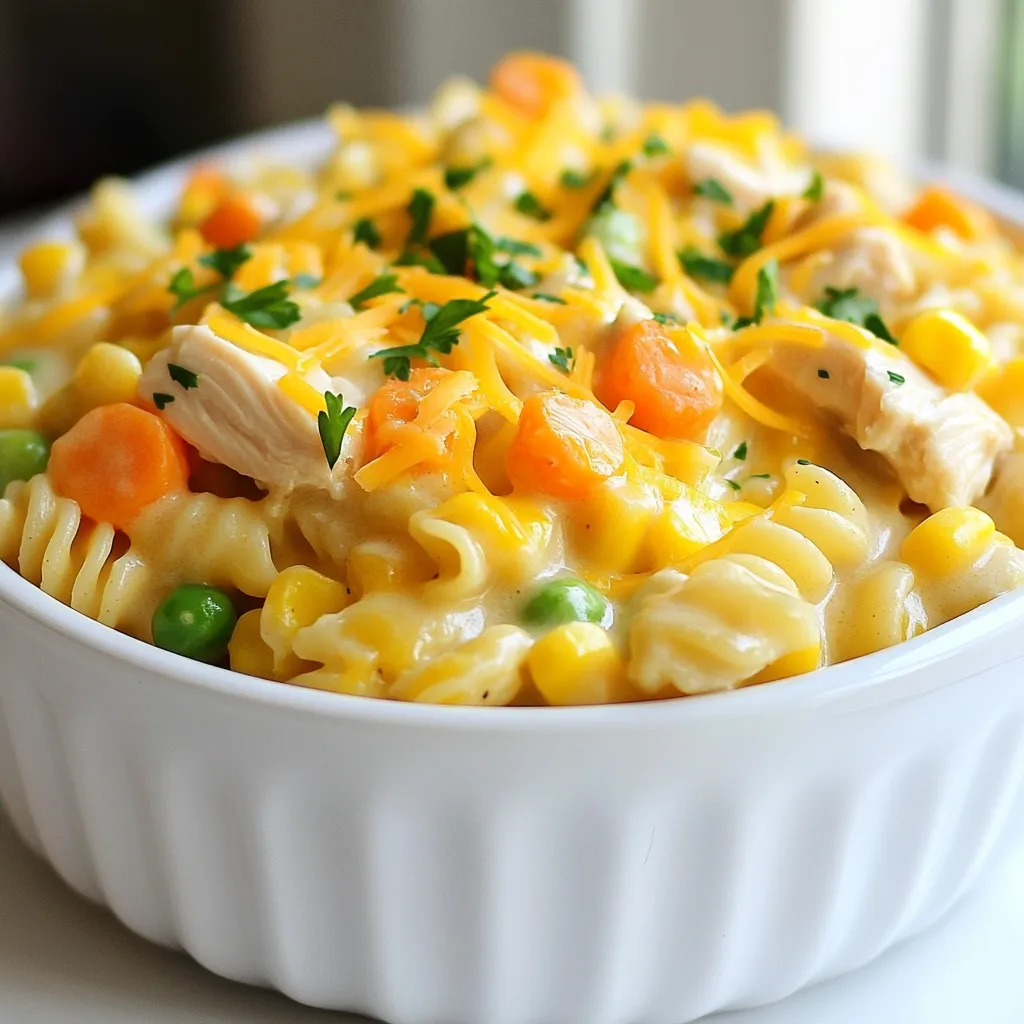 To make Chicken Pot Pie Pasta, you will need these simple ingredients: - 8 oz pasta (your choice, such as penne or fusilli) - 2 tablespoons olive oil - 1 medium onion, diced - 2 cloves garlic, minced - 2 cups cooked chicken, shredded - 1 cup carrots, diced - 1 cup frozen peas - 1 cup corn kernels - 3 cups chicken broth - 1 cup heavy cream - 1 teaspoon dried thyme - 1 teaspoon dried rosemary - Salt and pepper to taste - 1 cup shredded cheddar cheese - Fresh parsley, chopped (for garnish) You can change some ingredients if you want. Here are my top swaps: - Pasta: Use any short pasta you like, such as rotini or macaroni. - Chicken: You can use rotisserie chicken for a quick option. - Vegetables: Swap carrots for bell peppers or zucchini. - Cream: Use milk or a dairy-free cream to lighten it up. - Cheese: Try mozzarella or goat cheese for a different taste. Using good ingredients makes a big difference. Here are some tips: - Pasta: Choose high-quality pasta for better texture. - Chicken: Fresh, cooked chicken tastes best. Avoid canned chicken. - Broth: Use low-sodium chicken broth for more control over salt. - Herbs: Fresh herbs taste brighter than dried ones. If you can, use fresh thyme or rosemary. - Cheese: Look for freshly shredded cheese; it melts better than pre-shredded. {{ingredient_image_1}} To start, you need to cook the pasta. Grab 8 ounces of your favorite pasta, like penne or fusilli. Bring a pot of salted water to a boil. Add the pasta and cook until al dente, about 8-10 minutes. Stir occasionally to prevent sticking. Once done, drain the pasta and set it aside. This step is key, as perfectly cooked pasta makes your dish shine. Next, it’s time to prepare the chicken and vegetables. In a large skillet, heat 2 tablespoons of olive oil over medium heat. Add 1 diced medium onion and sauté it until it turns soft and clear, about 3-4 minutes. Then, stir in 2 minced garlic cloves and let them cook for a minute. The smell will be amazing! Now, add 2 cups of shredded cooked chicken, 1 cup of diced carrots, 1 cup of frozen peas, and 1 cup of corn kernels. Mix everything well so all the flavors blend together. Now for the fun part! Pour in 3 cups of chicken broth and bring the mix to a gentle simmer. Lower the heat and stir in 1 cup of heavy cream, along with 1 teaspoon each of dried thyme and rosemary. Add salt and pepper to taste. Let this simmer for 5-7 minutes. The sauce will thicken and become creamy. Finally, toss in the cooked pasta and mix until every piece is coated in that rich sauce. Sprinkle 1 cup of shredded cheddar cheese on top and stir until it melts. Taste it, and adjust the seasoning if you need to. Serve warm, adding some chopped parsley on top for a fresh touch. Enjoy your creamy delight! To make your sauce creamy, use heavy cream. This adds richness and smoothness. Start by simmering the chicken broth before adding the cream. This heat helps the flavors blend well. Stir the cream in slowly to avoid lumps. You can also add cheese for extra creaminess. Cheddar works well here. Make sure to stir until it melts completely. For a twist, try cream cheese or sour cream. They can give a nice tang. Store any leftovers in an airtight container. This keeps them fresh longer. Let the pasta cool before sealing it. Refrigerate it for up to three days. When ready to eat, check for any signs of spoilage. If you want to save it longer, you can freeze it. Use freezer-safe containers or bags. Make sure to label them with the date. It can last up to three months in the freezer. You can make Chicken Pot Pie Pasta in advance. Cook the pasta and sauce separately. Mix them together just before serving. This helps keep the pasta from getting soggy. If you want to prep it all, cook the sauce and store it. Reheat it gently before mixing in the pasta. Always taste and adjust seasoning after reheating. This ensures every bite stays flavorful. Pro Tips Perfect Pasta Texture: Make sure to cook the pasta until al dente for the best texture in your dish. It will continue to cook slightly when added to the sauce. Season in Layers: Season each component as you go, especially the vegetables and chicken, to build a more flavorful base for your sauce. Customize Your Veggies: Feel free to swap in or add other vegetables, such as bell peppers or mushrooms, to suit your taste and make it your own. Cheese Variations: Experiment with different cheeses like Gruyère or mozzarella for a unique flavor profile and creaminess in your pasta dish. {{image_2}} To make a vegetarian version, swap out the chicken. Use hearty veggies like mushrooms, zucchini, and bell peppers. You can also add extra beans or lentils for protein. Replace chicken broth with vegetable broth for added flavor. For a gluten-free meal, choose gluten-free pasta. Many brands offer great options that taste just as good. Ensure the chicken broth is gluten-free as well. This way, you keep all the creamy goodness without the gluten. Want to jazz it up? Add fresh herbs like basil or cilantro. You can also toss in some diced jalapeños for a kick. For a richer flavor, sprinkle in some smoked paprika or even a dash of hot sauce. These little changes can make a big impact! You can store Chicken Pot Pie Pasta in the fridge. Place it in an airtight container. It stays good for about 3 to 4 days. Make sure to let it cool before sealing. This helps keep the flavors fresh. If you want to save it longer, freeze Chicken Pot Pie Pasta. Use a freezer-safe container or bag. It can last up to 2 months in the freezer. Remember to label it with the date. For best taste, eat it sooner rather than later. To reheat, use the stove or microwave. If using the stove, add a splash of chicken broth. This helps to keep it creamy. Heat over low until warm. In the microwave, cover it loosely with a lid. Warm in short bursts, stirring in between. Enjoy your creamy delight again! Yes, you can use rotisserie chicken. It saves time and adds flavor. Just shred or chop the chicken. This makes the meal quick and easy. You can skip cooking the chicken and jump right to the sauce. Plus, rotisserie chicken is juicy and tasty. To make it less creamy, use less heavy cream. You can replace part of it with chicken broth. This will lighten the dish while keeping flavor. Another option is to add more veggies. They will bring texture and taste without extra cream. You might also try using a milk alternative, like almond milk. You can serve a fresh green salad. A simple side salad with vinaigrette works well. Garlic bread also pairs nicely; it soaks up the sauce. Roasted vegetables add color and nutrients. Just toss some in the oven while you cook the pasta. Choose sides that balance the creaminess of the pasta. This blog post gave you a clear guide to making Chicken Pot Pie Pasta. We covered the ingredients, instructions, and useful tips to create a tasty dish. You can also explore variations like vegetarian or gluten-free options. Remember to store leftovers properly for later enjoyment. With these simple steps, you can impress family and friends with this comforting meal. Enjoy making this dish your own!