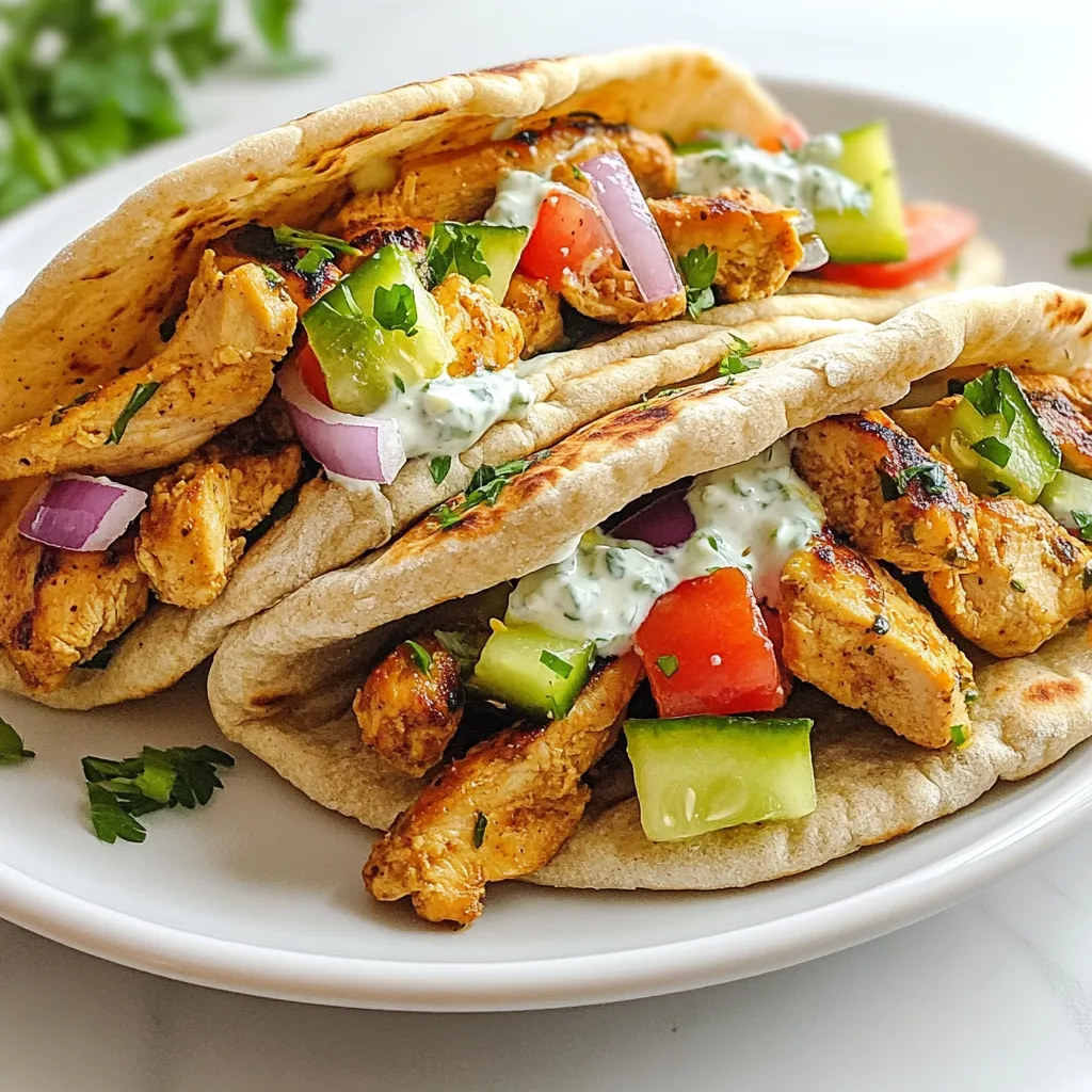 - 2 boneless, skinless chicken breasts, sliced into strips - 2 tablespoons olive oil - 2 teaspoons dried oregano - 1 teaspoon garlic powder - Salt and pepper to taste - 4 whole wheat pita breads - 1 cup tzatziki sauce (store-bought or homemade) - 1 cup cucumber, diced - 1 cup tomatoes, diced - 1/2 red onion, thinly sliced - Fresh parsley, chopped, for garnish The chicken is the star of this dish. Choose fresh chicken for the best taste. Olive oil adds richness while oregano brings the Mediterranean vibe. Garlic powder gives a lovely depth of flavor. Salt and pepper balance all the ingredients. Whole wheat pita is a healthy choice. Tzatziki adds creaminess and cools the spices. Fresh veggies like cucumber, tomatoes, and red onion add crunch and freshness. Don’t forget the parsley for a pop of color! - Feta cheese, crumbled - Kalamata olives, pitted and sliced - Bell peppers, sliced - Avocado, sliced Adding feta cheese gives a salty kick. Kalamata olives add a briny touch that works well. Bell peppers add sweetness and color. Avocado can give a creamy texture that many enjoy. - Chicken: Use turkey or tofu for a different protein. - Olive oil: Can be replaced with avocado oil for a similar taste. - Whole wheat pita: Try regular pita or gluten-free wraps. - Tzatziki: Use Greek yogurt mixed with lemon juice and herbs as a quick swap. These substitutes keep the dish delicious while catering to different diets. You can easily adjust the recipe to fit what you have at home. {{ingredient_image_1}} Start by slicing the chicken breasts into strips. In a bowl, mix the chicken with olive oil, dried oregano, garlic powder, salt, and pepper. This blend gives the chicken great flavor. Toss the chicken well to coat it evenly. Let it marinate for at least 15 minutes. If you have more time, marinate it for up to an hour in the fridge. This step makes the chicken juicy and tasty. Next, heat a non-stick skillet over medium-high heat. Add the marinated chicken strips to the pan. Cook the chicken for about 7 to 10 minutes. Stir occasionally to cook it evenly. Look for a golden brown color. Make sure the chicken is cooked through before removing it from heat. This step gives you tender, flavorful chicken. While the chicken cooks, it's time to warm the pitas. Use a toaster or skillet to heat them. Warm each pita for about 1 minute on each side. This softens the bread and makes it easy to fold. Warm pitas are key for great gyros. Now, take a warm pita and spread a generous amount of tzatziki sauce on it. Next, layer the cooked chicken strips on top. Add diced cucumbers, tomatoes, and thinly sliced red onion. These fresh veggies add crunch and flavor. This is where the magic happens, and your gyros start to come together. Finally, sprinkle some chopped parsley on top of your filled pita. This adds a refreshing touch. Roll up the pita tightly to secure the filling inside. Repeat this process with the remaining pitas. Serve them warm with extra tzatziki on the side for dipping. Enjoy the deliciousness of your quick Mediterranean chicken gyros! To get juicy chicken, marinate it well. Let the chicken sit in the marinade for at least 15 minutes. If you have more time, marinate it for an hour in the fridge. This helps the chicken soak up all the flavor. When cooking, use medium-high heat. This gives a nice golden color without drying it out. Stir the chicken occasionally while cooking. This ensures even cooking and avoids burning. Making tzatziki at home is simple. You need just a few ingredients. Combine 1 cup of plain yogurt with 1 cup of diced cucumber. Add 1 clove of minced garlic and a squeeze of lemon juice. Mix well and season with salt and pepper. Let it chill in the fridge for about 30 minutes. This allows the flavors to blend and taste fresh. You can also add some chopped fresh dill for extra flavor. Serve your gyros right after assembling. They taste best warm. You can add a side of extra tzatziki for dipping. Consider adding a fresh salad on the side. A simple salad with lettuce, tomatoes, and cucumbers pairs well. For a twist, add some feta cheese or olives. You can also wrap the gyros in parchment paper. This makes them easy to hold and eat on the go. Pro Tips Marination Time: Allowing the chicken to marinate for an hour will enhance the flavor significantly. The longer it sits, the more the spices will infuse into the meat. Perfectly Cooked Chicken: To ensure the chicken is juicy, avoid overcrowding the skillet. Cook in batches if necessary, and use a meat thermometer to check for doneness (165°F/75°C). Warm Pitas: Warming the pita bread helps prevent tearing. Consider lightly brushing them with olive oil and toasting for added flavor and texture. Customizable Toppings: Feel free to add other toppings like olives, feta cheese, or roasted peppers to make your gyros even more flavorful and colorful! {{image_2}} You can make a tasty vegetarian version of gyros. Use grilled veggies like zucchini, bell peppers, and mushrooms. You can also try falafel for a protein kick. Just replace the chicken with these ingredients. Marinate them in olive oil, oregano, and garlic for great flavor. This way, you can enjoy all the yummy tastes without meat. Tzatziki is classic, but there are other sauces too. Try hummus for a creamy texture. You can also use a spicy tahini sauce for a kick. This adds a new layer of flavor to your gyros. Experiment with different sauces to find what you love most. You can even mix sauces for a fun twist! Add more flavor by including tasty extras. Crumbled feta cheese gives a salty bite. Black olives add a briny touch. You can also toss in some roasted red peppers for sweetness. These add-ins make your gyros more exciting and colorful. Feel free to mix and match to create your perfect meal. To keep your leftover gyros fresh, place them in an airtight container. Make sure to separate the chicken from the pita and veggies. This way, the pita stays soft and the chicken stays juicy. Store it in the fridge for up to three days. If you have extra tzatziki sauce, keep it in a separate container. When you're ready to enjoy your leftover gyros, heat the chicken in a pan over medium heat. Cook it for about five minutes, stirring often, until it's warm. You can also microwave the chicken for about one minute. If you like, warm the pita in a toaster or skillet for a minute. This makes it soft again. You can freeze the chicken and pita for later. Place the cooked chicken in a freezer bag, squeezing out as much air as you can. It will last for up to three months. For the pita, wrap it tightly in plastic wrap and put it in a freezer bag. When you're ready, thaw them in the fridge overnight. Reheat the chicken and warm the pita again before serving. Yes, you can use many meats for gyros. Chicken, pork, beef, and lamb work well. Each meat adds its own taste. Try marinating and cooking them the same way as chicken. You will enjoy different flavors and textures. To make gyros gluten-free, use gluten-free pita bread. Many brands offer this option. You can also serve the filling in a bowl. Just skip the pita and use fresh vegetables. Enjoy the same flavors without the gluten. Tzatziki sauce is made of yogurt, cucumber, garlic, and herbs. You mix these ingredients for a cool and creamy sauce. It pairs well with gyros. You can buy it or make it at home. Yes, you can prepare gyros in advance. Marinate the chicken the night before. Cook it when you are ready to eat. You can also chop veggies ahead of time. Just warm the pitas before serving for the best taste. This article covered how to make tasty gyros from scratch. We talked about key ingredients, marinades, and cooking steps. I shared tips for perfect chicken and how to create a yummy tzatziki. You also learned about vegetarian options and storage tips for leftovers. Now, you can enjoy delicious gyros any time. Try your own twists to make it your own! All the flavor and fun are in your hands. Enjoy cooking and sharing these easy meals!