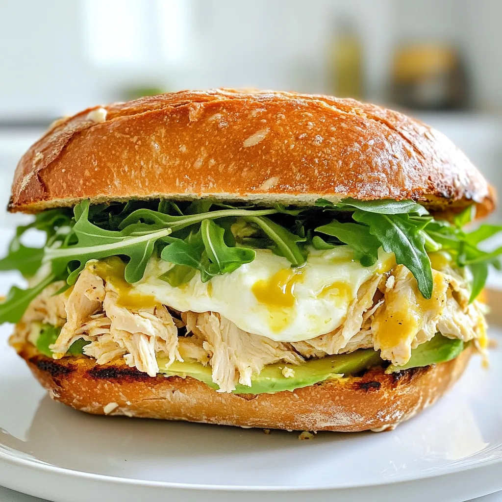 - 2 whole-grain sandwich rolls - 1 cup cooked chicken, shredded - 1 ripe avocado, mashed - 1/2 cup shredded mozzarella cheese - 1/4 cup mayonnaise - 1 tablespoon Dijon mustard - 1 teaspoon garlic powder - 1/2 teaspoon paprika - Salt and pepper to taste - Fresh arugula or spinach leaves - 1 tablespoon olive oil for grilling These ingredients create a tasty and filling sandwich. The whole-grain rolls give great flavor and texture. The shredded chicken adds protein, while the avocado makes it creamy and rich. Mozzarella cheese melts nicely and brings everything together. If you don’t have whole-grain rolls, use any bread you like. Rotisserie chicken is a great shortcut, but you can use leftover chicken too. Greek yogurt can stand in for mayonnaise if you want a lighter option. For a bit of heat, try adding pepper jack cheese instead of mozzarella. Each serving of the Chicken Avocado Melt Sandwich provides a good balance of nutrients. Here’s a rough breakdown per sandwich: - Calories: 500 - Protein: 30g - Carbohydrates: 40g - Fat: 25g - Fiber: 8g This sandwich is not only tasty but also nourishing. It offers healthy fats from the avocado and plenty of protein from the chicken. Enjoy this meal not just for flavor but for its health benefits too! {{ingredient_image_1}} First, grab a mixing bowl. Add 1 cup of cooked, shredded chicken. You can use rotisserie chicken for speed. Next, add 1/4 cup of mayonnaise and 1 tablespoon of Dijon mustard. Mix these well with the chicken. Then, sprinkle in 1 teaspoon of garlic powder and 1/2 teaspoon of paprika. Don't forget to add salt and pepper to taste. Stir until the chicken gets a nice coating of the sauce. This mixture is where the flavor starts! Now, take a ripe avocado. Cut it in half and remove the pit. Use a fork to mash the flesh in a separate bowl. Aim for a creamy texture. You can add a little salt and pepper for flavor. This avocado spread will give the sandwich a rich taste and a smooth texture. Preheat a skillet or grill pan on medium heat. Once hot, add 1 tablespoon of olive oil to coat the pan. Slice the whole-grain sandwich rolls in half. Spread the mashed avocado on the bottom half of each roll. Next, layer the chicken mixture generously over the avocado. Top it with 1/2 cup of shredded mozzarella cheese. Add fresh arugula or spinach leaves for crunch. Place the top half of the roll on the sandwich. Gently press down. Grill each side for about 3-4 minutes. Look for golden brown bread and melted cheese. Take them off the heat and let cool. Slice the sandwiches in half for easy eating. Enjoy! To make your Chicken Avocado Melt Sandwich shine, follow these steps: - Use medium heat. This helps the bread toast well without burning. - Press down gently. Use a spatula to press the sandwich as it grills. This helps melt the cheese. - Keep an eye on the time. Grill each side for 3-4 minutes or until golden brown. - Use a non-stick pan. This makes flipping the sandwich easy and prevents sticking. You can boost the flavor of your sandwich with these tips: - Add spices. Try chili powder or cayenne for some heat. - Include fresh herbs. Basil or cilantro can add freshness. - Use flavored mayonnaise. Garlic or chipotle mayo brings a unique twist. - Add toppings. Sliced tomatoes or pickles can add extra crunch and taste. Avoid these pitfalls for the best sandwich: - Don’t overcrowd the pan. Cook one or two at a time for even grilling. - Skip the seasoning. Always season your chicken and avocado for better flavor. - Forget the cooling time. Let the sandwich cool for a minute before cutting. This helps keep the filling together. - Use unripe avocado. A ripe avocado makes for a creamier spread. Pro Tips Choose Quality Ingredients: Opt for fresh, ripe avocados and high-quality chicken for the best flavor and texture in your sandwich. Customize Your Greens: Feel free to substitute arugula with other greens like spinach or kale for a different taste and nutritional boost. Grill to Perfection: Make sure your skillet is well-heated before grilling to achieve a perfectly crispy sandwich without burning it. Experiment with Flavors: Add other ingredients like sliced tomatoes, jalapeños, or different cheeses to personalize your melt sandwich. {{image_2}} You can use many types of bread for your Chicken Avocado Melt. Whole-grain rolls give a nutty taste. Sourdough adds a tangy flavor that pairs well with the creamy avocado. Ciabatta has a chewy texture that holds up nicely. You can even try a gluten-free bread for a healthier option. Each type of bread can change the sandwich's taste and feel. While chicken is great, other proteins can work well too. Turkey is lean and tasty. If you want a different flavor, try shredded pork or beef. For a fun twist, add bacon for a smoky crunch. You can also mix in extras like diced tomatoes or roasted peppers. These add freshness and color to your melt. To make this sandwich vegan, swap chicken for chickpeas or lentils. Use plant-based mayo and cheese for a creamy texture. Avocado still shines in this version. Add fresh veggies like cucumbers or bell peppers for crunch. This way, you keep the delight while making it plant-based. Enjoy the same rich taste without meat! To keep your Chicken Avocado Melt Sandwich fresh, wrap it tightly in plastic wrap. You can also use a sealed container. Store it in the fridge for up to three days. Make sure to keep any toppings like arugula separate to avoid sogginess. When you’re ready to eat, take the sandwich out of the fridge. Heat a skillet over medium heat. Place the sandwich in the skillet for about 3-4 minutes on each side. This gives it a nice crunch while warming the insides. You can also use a microwave, but the bread won't be as crispy. If you want to freeze your sandwich, wrap it well in foil or plastic wrap. Place it in a freezer-safe bag. It can last for up to two months in the freezer. When you’re ready to eat, let it thaw in the fridge overnight. Then reheat it in a skillet for the best results. Yes, you can use rotisserie chicken! It saves you time and adds great flavor. Just shred the chicken before mixing it with the other ingredients. This way, you get a tasty sandwich without extra cooking. Rotisserie chicken is also juicy and makes the filling richer. You can serve your sandwich with a few sides. Sweet potato fries pair very well. A light salad with fresh greens and a simple dressing also complements the sandwich. You could even add some crunchy pickles for a tangy bite. These sides make your meal complete and enjoyable. To make your Chicken Avocado Melt Sandwich healthier, try these tips: - Use whole-grain rolls for fiber. - Swap mayonnaise with Greek yogurt for fewer calories. - Add more veggies like tomatoes or cucumbers inside. - Skip the cheese or use a low-fat version. These small changes can help you enjoy the flavor while keeping it lighter! You learned about essential ingredients for the Chicken Avocado Melt Sandwich. I shared tips on preparation, grilling, and storing your sandwiches. Different bread and protein options let you mix it up. Avoid common mistakes to make your meal even better. Remember, you can easily customize this recipe for your taste. Enjoy the process and make it yours!