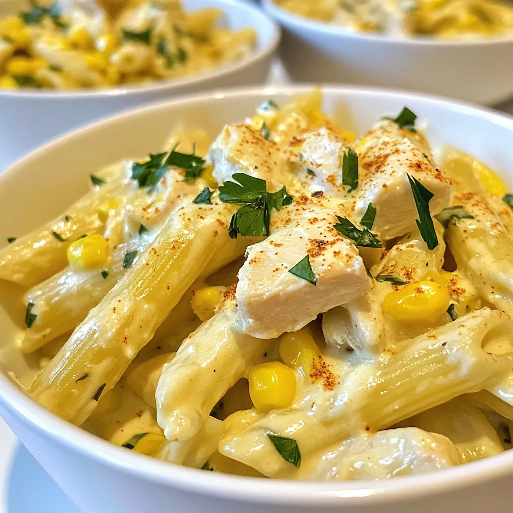 - 250g penne pasta - 1 tablespoon olive oil - 2 chicken breasts, diced - Salt and pepper to taste - 1 cup sweet corn (fresh or frozen) - 3 cloves garlic, minced - 1 cup heavy cream - 1 teaspoon dried oregano - 1 teaspoon smoked paprika - 1/2 cup grated Parmesan cheese - Fresh parsley, chopped (for garnish) When making creamy chicken and corn pasta, the right ingredients matter. Each one plays a big role in making the dish tasty. Penne pasta is perfect as it holds the sauce well. Use olive oil to cook the chicken, which adds flavor. Chicken breasts give protein and a nice texture. Season the chicken with salt and pepper to enhance its taste. Sweet corn adds a pop of sweetness. You can use fresh or frozen corn. Garlic is essential; it brings in a rich aroma. The heavy cream turns the dish creamy and rich. Dried oregano and smoked paprika give depth and warmth to the sauce. Finally, Parmesan cheese adds a cheesy finish. Don't forget the fresh parsley to brighten the dish with color and flavor. Understanding these ingredients helps you craft a comforting and delicious meal. {{ingredient_image_1}} To start, bring a large pot of salted water to a boil. Add 250g of penne pasta. Cook it according to the package instructions until it's al dente, which means it should still have a little bite. This usually takes about 8-10 minutes. Once cooked, drain the pasta but save 1/2 cup of that pasta water. It helps later with the sauce. Next, heat 1 tablespoon of olive oil in a large skillet over medium heat. Add 2 diced chicken breasts to the skillet. Season them with salt and pepper to taste. Cook the chicken for about 6-8 minutes. You want it to be fully cooked and golden brown. This color adds flavor and looks great in the dish. After the chicken is ready, remove it from the skillet and set it aside. In the same skillet, add 1 cup of sweet corn and 3 minced cloves of garlic. Sauté this mix for about 2-3 minutes. You want the corn to be tender and the garlic to become fragrant. Fresh garlic gives a nice flavor boost. Now, pour in 1 cup of heavy cream into the skillet. Stir it well with the corn and garlic. Then add 1 teaspoon of dried oregano and 1 teaspoon of smoked paprika. Let this mixture simmer for about 3 minutes. This will help the sauce thicken slightly and develop rich flavors. Return the cooked chicken to the skillet along with the drained pasta. Mix everything together well and slowly add the reserved pasta water. This helps to achieve your desired creaminess. The pasta water also helps the sauce stick to the pasta. Finally, stir in 1/2 cup of grated Parmesan cheese until it melts into the sauce. This adds a rich, cheesy flavor. Taste the dish and adjust the seasoning with more salt and pepper if needed. Serve your creamy chicken and corn pasta right away. Enjoy! - Achieving the perfect creaminess: To get that smooth and rich sauce, start with heavy cream. Heat it gently to avoid curdling. Stir in your grated Parmesan as the last step. This adds flavor and helps make the sauce creamy. If it’s too thick, add some of the reserved pasta water until you reach your desired texture. - Adjusting seasoning for personal taste: Taste your sauce before serving. You can always add more salt, pepper, or spices. If you love heat, consider adding a touch of red pepper flakes. For a hint of freshness, try squeezing a little lemon juice before serving. - Presentation ideas for a beautiful dish: Serve your creamy chicken and corn pasta in wide bowls. A sprinkle of extra Parmesan on top adds a nice touch. Add a sprig of parsley for color. A dash of smoked paprika also makes the dish pop. - Pairing options: This pasta goes well with a simple green salad. A light vinaigrette can balance the creaminess. Fresh bread, like a baguette or garlic bread, makes a great side too. It’s perfect for soaking up the sauce. - Essential tools needed for preparation: You will need a large pot for boiling pasta. A large skillet is great for cooking the chicken and sauce. A wooden spoon helps mix everything well. Don’t forget measuring cups and spoons for accuracy. - Recommended cookware for optimal results: Use a nonstick skillet for easy cooking and cleaning. A pot with a wide base helps the pasta cook evenly. Consider a good quality knife for dicing the chicken and garlic finely. These tools make the process smoother and more enjoyable. Pro Tips Use Fresh Ingredients: Whenever possible, use fresh corn and herbs to enhance the flavor and texture of your dish. Adjust Creaminess: If you prefer a creamier pasta, add more reserved pasta water gradually until you reach your desired consistency. Perfectly Cooked Chicken: Ensure the chicken is cooked through by checking that it reaches an internal temperature of 165°F (75°C). Cheese Variations: Experiment with different cheeses like mozzarella or goat cheese for a unique twist on flavor. {{image_2}} You can switch out the chicken for shrimp or tofu. Both options give great flavor. Shrimp cooks fast and adds a nice touch. Tofu, on the other hand, is a great choice for a plant-based meal. For pasta, you can choose gluten-free versions or whole grain. Both options work well with the creamy sauce. To make your dish even tastier, add spices or herbs. Fresh basil or thyme can brighten the flavors. A pinch of red pepper flakes adds a nice kick. You can also add in more veggies, like spinach or bell peppers, for extra nutrition. If you want more protein, toss in some cooked bacon or chickpeas. To make this dish low-calorie, use light cream or a milk alternative. You can also cut back on cheese or use a low-fat version. For vegetarian options, skip the chicken and use more veggies. For a vegan twist, replace the heavy cream with coconut milk and use nutritional yeast for a cheesy flavor. To store your creamy chicken and corn pasta, let it cool first. Place it in an airtight container to keep it fresh. You can store it in the fridge for up to three days. If you want to save it longer, consider freezing it instead. Make sure to label your containers with the date. When you reheat the pasta, keep it creamy by adding a splash of milk or broth. This helps bring back the sauce. I recommend using a microwave or a skillet. If you use the microwave, heat for short bursts, stirring in between. If you use a skillet, warm it over low heat, stirring often. Yes, you can freeze creamy chicken and corn pasta. For best results, freeze it in a suitable container. It can last up to three months in the freezer. To thaw, move it to the fridge overnight. For reheating, follow the same tips as above to keep it creamy and delicious. You can use whole milk mixed with butter. This gives a rich texture. You can also try sour cream or Greek yogurt for a tangy twist. Coconut cream works well too for a dairy-free option. Yes, you can! Cook the pasta and chicken ahead. Store them separately in the fridge. When ready to eat, combine and heat in a pan. Add a splash of water or cream to keep it creamy. Absolutely! Frozen chicken works well. Just make sure to thaw it completely before cooking. This helps it cook evenly and stay juicy. Some great sides include a fresh green salad or garlic bread. Steamed veggies also pair nicely. For something light, try a cucumber salad; it adds a nice crunch. Yes, you can use different cheeses! Mozzarella adds a nice stretch, while cheddar gives a sharp flavor. Feta or goat cheese can add a unique twist. Just remember to adjust the amount to your taste! In this blog post, we explored a delicious creamy chicken and corn pasta recipe. You learned about key ingredients, step-by-step cooking methods, and useful tips for perfecting the dish. We also covered variations and storage tips to keep your meal fresh. Remember, you can swap ingredients to fit your needs, and make it your own. Enjoy trying this recipe and impressing your family. Happy cooking!