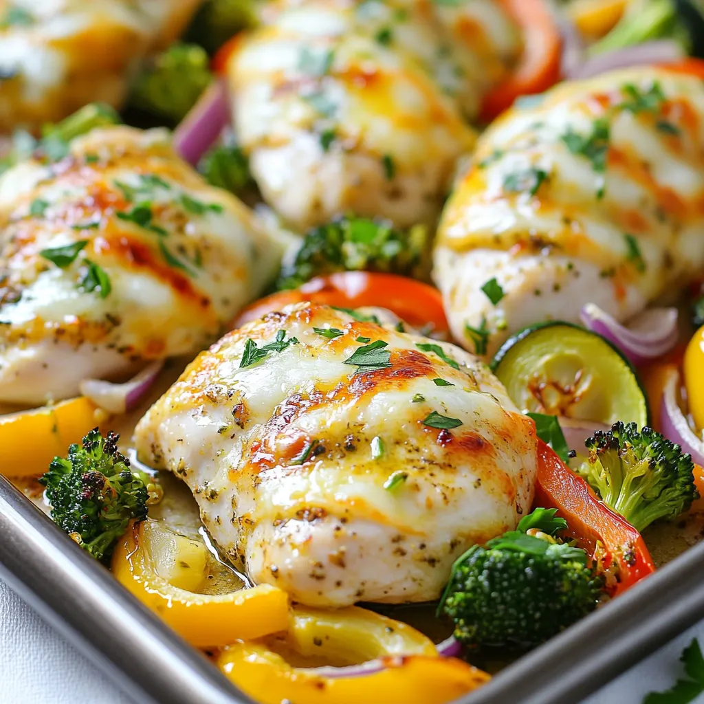 To make this cheesy chicken veggie sheet pan dinner, gather these items: - 4 boneless, skinless chicken breasts - 2 cups broccoli florets - 1 bell pepper (red, yellow, or green), sliced - 1 zucchini, sliced - 1 red onion, sliced - 2 tablespoons olive oil - 1 teaspoon garlic powder - 1 teaspoon Italian seasoning - 1 teaspoon smoked paprika - Salt and pepper to taste - 1 ½ cups shredded mozzarella cheese - Fresh parsley, chopped (for garnish) You can swap ingredients based on what you have: - Chicken: Use thighs if you prefer dark meat. - Veggies: Carrots or green beans work well instead of broccoli. - Cheese: Try cheddar or a dairy-free cheese for a twist. - Olive oil: Avocado oil offers a similar flavor. - Spices: Use your favorite herbs if you don’t have Italian seasoning. To make this dish, here are the tools you will need: - Large baking sheet - Parchment paper for easy cleanup - Mixing bowl for the marinade - Brush for applying the marinade - Sharp knife for cutting veggies - Meat thermometer to check chicken doneness These ingredients and tools will help you create a delicious and easy dinner that is sure to impress! {{ingredient_image_1}} Start by gathering all your ingredients. You will need: - 4 boneless, skinless chicken breasts - 2 cups broccoli florets - 1 bell pepper (red, yellow, or green), sliced - 1 zucchini, sliced - 1 red onion, sliced - 2 tablespoons olive oil - 1 teaspoon garlic powder - 1 teaspoon Italian seasoning - 1 teaspoon smoked paprika - Salt and pepper to taste - 1 ½ cups shredded mozzarella cheese - Fresh parsley, chopped (for garnish) Next, preheat your oven to 400°F (200°C). Line a large baking sheet with parchment paper. This makes cleanup easy and helps your food not stick. In a bowl, mix the olive oil, garlic powder, Italian seasoning, smoked paprika, salt, and pepper. This mix will add great flavor to your chicken and veggies. Brush this marinade on both sides of the chicken breasts. Place them in the center of the baking sheet. Now, it’s time to add the veggies. Arrange the broccoli, bell pepper, zucchini, and red onion around the chicken on the baking sheet. Drizzle any leftover marinade over the vegetables. Toss them gently to coat evenly. This step helps all the flavors blend. Bake your creation in the preheated oven for 20 minutes. This allows the chicken to cook and the veggies to soften. It will smell amazing! After 20 minutes, take the baking sheet out of the oven. Sprinkle the shredded mozzarella cheese evenly over the chicken and vegetables. The cheese adds creaminess and flavor that everyone loves. Return the baking sheet to the oven. Bake for an additional 10-15 minutes. Make sure the chicken reaches an internal temperature of 165°F. The cheese should be bubbly and golden brown. Once it’s done, let the sheet pan dinner rest for 5 minutes. Garnish with fresh parsley before serving. Enjoy this easy and tasty meal! To make a great marinade, use simple ingredients. Olive oil, garlic powder, and spices work well. Start by mixing them in a bowl. This mix adds flavor to the chicken and veggies. Brush the marinade on both sides of the chicken. Let it sit for about 10 minutes. This allows the flavors to soak in. For a twist, try adding lemon juice or honey. These ingredients add a nice kick and sweetness. For even cooking, cut the chicken breasts to a similar size. This gives them the same cooking time. Place veggies around the chicken on the sheet pan. Make sure they are in a single layer. If they overlap, they may steam instead of roast. This can make them soggy. Keep an eye on the cooking time. Use a meat thermometer to check the chicken’s internal temperature. It should reach 165°F for safe eating. While mozzarella is tasty, you can switch it up. Try cheddar or gouda for a stronger flavor. You can even mix cheeses for variety. If you want a dairy-free option, use vegan cheese. Nutritional yeast is great for adding a cheesy flavor without dairy. Sprinkle some on top just before serving for extra zest. Don’t be afraid to experiment with different cheeses! Pro Tips Marinate for Flavor: Allow the chicken to marinate for at least 30 minutes before cooking for even more flavorful results. Veggie Variety: Feel free to add or substitute other vegetables like carrots, asparagus, or sweet potatoes based on your preference. Cheese Choices: Experiment with different types of cheese such as cheddar or gouda for a unique twist. Resting Time: Let the dish rest for a few minutes after baking to allow the juices to redistribute, making the chicken juicier. {{image_2}} You can switch up the veggies in this dish. Try using asparagus, carrots, or cauliflower. These colorful choices add taste and nutrition. Each vegetable cooks a bit differently, so check for doneness. You want them tender but still crisp. Mixing flavors keeps the meal fresh and fun! Feel free to play with spices. Instead of Italian seasoning, try taco seasoning for a zesty kick. You can also use curry powder for a warm, earthy flavor. Just a little change can make a big difference in taste. Always adjust the amount to suit your taste buds. If you're looking for a low-carb option, skip the potatoes or pastas. Stick to non-starchy veggies like spinach, mushrooms, or bell peppers. You can also use chicken thighs for added flavor. This keeps the meal hearty without the extra carbs. Enjoy the same great taste while sticking to your diet goals! After you enjoy your Cheesy Chicken Veggie Sheet Pan Dinner, let the leftovers cool. Place them in an airtight container. You can store the dish in the fridge for up to three days. This keeps the chicken juicy and the veggies crisp. When you're ready to eat the leftovers, reheat them in the oven. Set the oven to 350°F (175°C). Place the leftovers on a baking sheet and cover them with foil. Heat for about 15-20 minutes or until warm. You can also use a microwave, but the oven keeps the cheese nice and melty. You can freeze this dish too! Make sure it cools down before packing. Use a freezer-safe container or a heavy-duty freezer bag. This meal will stay good for up to three months in the freezer. When you're ready to eat it, thaw overnight in the fridge. Then, reheat as described above. Yes, you can use frozen vegetables. They work well in this recipe. Just make sure to thaw them first. If they are frozen, they may release extra water. This can make the dish soggy. To avoid this, pat them dry with a paper towel before cooking. It will still taste great! To make this dish dairy-free, simply skip the cheese. You can add more veggies for flavor. Use nutritional yeast to give a cheesy taste without dairy. Also, consider using a dairy-free cheese substitute. Just make sure it melts well. This way, you can still enjoy a tasty meal. This dish is filling, but you can add sides. A fresh salad pairs nicely. You could also serve it with rice or quinoa. These grains soak up the flavors well. If you like bread, garlic bread is a great choice too! Enjoy exploring different sides to complete your meal. This article covered all you need for a great Cheesy Chicken Veggie Sheet Pan Dinner. We explored the ingredients, substitutions, and essential tools. You learned step-by-step instructions for easy prep and cooking. I shared tips to perfect your dish and variations to suit your taste. Lastly, we discussed storage and answers to common questions. Cooking can be fun and easy. I hope you try these tips to make your meal special. Enjoy your cooking!