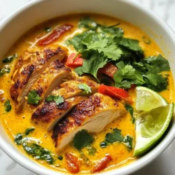 - 1 pound boneless, skinless chicken thighs, sliced - 1 can (13.5 oz) coconut milk - 2 cups chicken broth - 1 tablespoon red curry paste - 1 tablespoon fresh ginger, grated - 3 cloves garlic, minced - 1 stalk lemongrass, cut into 2-inch pieces and smashed - 1 cup mushrooms, sliced - 1 red bell pepper, sliced - 1 cup baby spinach - 2 tablespoons fish sauce - 1 tablespoon lime juice - Fresh cilantro, for garnish - Lime wedges, for serving You can swap chicken thighs for other proteins like shrimp or tofu. These work well in the soup. If you want to skip dairy, use almond or cashew milk instead of coconut milk. For a low-sodium option, choose low-sodium chicken broth and fish sauce. This way, you can still enjoy the great flavors without too much salt. {{ingredient_image_1}} To start, you need to prep your chicken and vegetables. Take 1 pound of boneless, skinless chicken thighs and slice them into bite-sized pieces. This will help them cook evenly. Next, gather your veggies. Slice 1 red bell pepper and clean 1 cup of mushrooms. Set these aside for later. Now, let’s sauté the garlic and ginger. In a large pot, add a splash of oil over medium heat. Toss in 3 minced garlic cloves and 1 tablespoon of grated fresh ginger. Sauté for about 1 minute until you smell a great aroma. This step helps release the flavors. Once your garlic and ginger are fragrant, stir in 1 tablespoon of red curry paste. Cook this for another minute. This helps the spices bloom, making the soup more flavorful. Now, add in your sliced chicken thighs. Cook them for about 3 to 4 minutes. They should be just browned but not fully cooked yet. Next, pour in 1 can of coconut milk and 2 cups of chicken broth. Don’t forget to add the smashed stalk of lemongrass. Bring the mixture to a gentle simmer. Now it’s time for the veggies! Add in your sliced mushrooms and red bell pepper. Let this simmer for about 5 to 7 minutes. The chicken should be cooked through, and the vegetables should be tender. To finish, stir in 2 tablespoons of fish sauce and 1 tablespoon of lime juice. Taste it and adjust if needed. Fish sauce adds depth, while lime juice gives a nice zing. Make sure to remove the lemongrass pieces before serving. Lastly, toss in 1 cup of baby spinach. Cook for just 1 to 2 minutes until it wilts. This adds a pop of color and nutrients. Serve your soup hot, garnished with fresh cilantro and lime wedges on the side. Enjoy your delicious Thai Coconut Chicken Soup! - Ensuring the chicken stays tender: Use boneless, skinless chicken thighs. They cook quickly and stay juicy. Cook them until just browned. Overcooking makes them dry. - How to properly bloom spices: Heat oil and add garlic and ginger first. Sauté them for one minute. Then stir in the red curry paste. This step wakes up the flavors. It makes your soup taste amazing. - Best sides to pair with soup: Serve this soup with jasmine rice or rice noodles. They soak up the broth well. You can also serve it with a light salad. Fresh veggies add crunch and balance. - Elegant presentation ideas: Use a deep bowl to show off the soup. Add fresh cilantro on top for color. Serve lime wedges on the side for a zesty touch. A little extra effort makes it look gourmet. - Nutritional highlights of ingredients: This soup is rich in protein from chicken. The veggies add fiber and vitamins. Coconut milk provides healthy fats, making it filling. - Benefits of coconut milk and ginger: Coconut milk is great for your skin and heart. It helps lower bad cholesterol. Ginger aids digestion and may reduce nausea. Plus, it adds a warm, spicy flavor to the soup. Pro Tips Use Fresh Ingredients: Always opt for fresh herbs and vegetables to enhance the flavor of your soup. Fresh cilantro and lime give a vibrant taste. Adjust Spice Level: If you prefer a spicier soup, add more red curry paste or a sliced chili pepper to the broth while cooking. Let it Simmer: Allow the soup to simmer gently for a few extra minutes to meld the flavors together beautifully. Serve with Rice: For a heartier meal, serve the soup alongside jasmine rice or rice noodles to soak up the delicious broth. {{image_2}} You can change the taste of your Thai Coconut Chicken Soup by adding lime leaves or chili. Lime leaves give a fresh, aromatic kick. Chili adds heat and depth. Each ingredient brings its own character to your dish. You can also explore regional variations. Some areas might use different herbs or spices. Adjusting these ingredients can make the soup uniquely yours. If you want a vegetarian or vegan version, there are easy swaps. Use tofu or mushrooms instead of chicken. For fish sauce, try soy sauce or tamari. These give umami flavor without animal products. You can also choose vegetable broth instead of chicken broth. This keeps the soup rich and tasty while being plant-based. Adjust the spice level to match your taste. If you prefer mild soup, use less red curry paste. A spoonful can make a big difference. For a spicier soup, add more curry paste or fresh chili. This lets you control the heat and enjoy a bowl that suits your palate. To keep your Thai coconut chicken soup fresh, store it in the fridge. Place the soup in airtight containers. Make sure to use containers that seal well. This helps prevent leaks and keeps the soup tasty. Ideally, use glass or BPA-free plastic containers. They are safe and easy to clean. You can freeze this soup for meal prep. Pour the cooled soup into freezer-safe bags or containers. Leave some space at the top, as the soup will expand when it freezes. Label the bags with the date. To thaw, place it in the fridge overnight. If you're short on time, you can use the microwave. Just make sure to stir it often for even thawing. When reheating, aim for low heat. This helps keep the flavor intact. Pour the soup into a pot and heat gently on the stove. Stir often to prevent sticking. If you use a microwave, heat it in short bursts, stirring in between. Be careful not to overcook the chicken. This way, it stays juicy and tender. Thai Coconut Chicken Soup, known as Tom Kha Gai, blends flavors from Thailand. It features chicken, coconut milk, and fresh herbs. The dish has roots in Thai cuisine, showing its rich, vibrant flavors. You will taste sweet, spicy, and sour notes in every spoonful. The coconut milk gives it a creamy texture, making it a comforting treat. Yes, you can make this soup ahead of time. It stores well in the fridge for about 3 days. Just let it cool before putting it in a container. To reheat, warm it gently on the stove. Avoid boiling it again, as this can make the chicken tough. Yes, Thai Coconut Chicken Soup can be gluten-free. Just check the fish sauce label to ensure no gluten is added. The other ingredients, like chicken and vegetables, are naturally gluten-free. This makes it a great choice for those with gluten sensitivities. You can pair this soup with many sides. Jasmine rice is a classic option that soaks up the broth. Crunchy spring rolls or a fresh salad add a nice contrast. Fresh lime wedges and cilantro also enhance the flavors. Enjoying this soup with these sides makes for a delightful meal. This article covered everything you need for Thai Coconut Chicken Soup. We discussed key ingredients and tasty substitutes. I shared step-by-step cooking instructions and helpful tips for perfecting your dish. Don't forget the variations to customize the flavor and spice level. Storing and reheating methods will keep your soup fresh. Enjoy making this easy and flavorful dish. You’ll impress your friends and family every time you serve it!