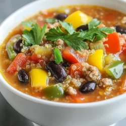 - 4 large bell peppers (red, green, yellow, or orange), diced - 1 lb ground turkey or lean ground beef - 1 can (15 oz) black beans, drained and rinsed - 1 cup quinoa, rinsed - 4 cups low-sodium chicken broth - 1 can (14.5 oz) diced tomatoes (with juices) - 1 medium onion, chopped - 3 cloves garlic, minced - 1 teaspoon ground cumin - 1 teaspoon paprika - 1 teaspoon dried oregano - Salt and pepper to taste - 2 tablespoons olive oil - Fresh parsley or cilantro for garnish This soup is packed with nutrients. Bell peppers offer vitamin C, which boosts your immune system. Ground turkey or lean beef provides protein for muscle health. Quinoa is a complete protein and packed with fiber, making it great for digestion. Black beans add more protein and fiber, keeping you full longer. Onions and garlic boost flavor and provide antioxidants. Chicken broth adds hydration and flavor without many calories. Each ingredient works together for a tasty, healthy meal. If you're allergic to any ingredients, here are some easy swaps: - Use ground chicken or tofu instead of ground turkey or beef. - Swap quinoa for brown rice if you prefer. - For those avoiding beans, use more quinoa or add corn. - Use vegetable broth instead of chicken broth for a vegetarian option. - If you're sensitive to garlic or onion, skip them, or use garlic powder and onion powder for a milder taste. These substitutions keep the soup delicious and fit your diet. {{ingredient_image_1}} 1. Heat olive oil in a large pot over medium heat. 2. Add chopped onion and minced garlic. Sauté for 3-4 minutes until translucent. 3. Add ground turkey or beef. Cook for 5-7 minutes, breaking it apart as it cooks. 4. Drain excess fat if needed. 5. Stir in diced bell peppers, ground cumin, paprika, oregano, salt, and pepper. 6. Cook for 5 minutes until the peppers soften. 7. Add rinsed quinoa, black beans, diced tomatoes, and chicken broth. Stir well. 8. Bring the mixture to a boil. Reduce heat to low. Cover and simmer for 20 minutes. 9. Check if the quinoa is cooked and peppers are tender. 10. Taste and adjust seasoning. If too thick, add more chicken broth or water. 11. Serve hot, garnished with fresh parsley or cilantro. - Prep all ingredients before you start. This saves you time during cooking. - Use a timer to keep track of cooking times for each step. - While the soup simmers, clean your workspace. It makes for easy cleanup later. - Don’t skip rinsing the quinoa. It removes a bitter coating called saponin. - Avoid overcooking the peppers. You want them soft but still with some crunch. - Don’t forget to taste as you go. Adjusting seasoning helps build flavor. To boost flavor in your high protein stuffed pepper soup, use fresh herbs. Fresh parsley or cilantro adds a pop of color and taste. You can also squeeze some lime juice for a zesty kick. Try adding a dash of hot sauce if you like heat. Remember, seasoning is key. Taste as you go to find the right balance. Meal prep makes this soup easy to enjoy all week. Chop your veggies ahead of time and store them in the fridge. You can also cook a big batch on the weekend. This soup keeps well, so you can enjoy it for lunch or dinner later. Portion it out in containers for quick meals. For this recipe, you'll need a large pot or Dutch oven. This helps with even cooking. A good knife is important for chopping veggies quickly. A cutting board is also essential for safety. Don’t forget a wooden spoon for stirring, and measuring cups for precise ingredients. These tools will help you make the best soup possible. Pro Tips Prep Your Ingredients: Before you start cooking, chop all your vegetables and measure out your ingredients. This will make the cooking process smoother and faster. Use Fresh Herbs: For the best flavor, use fresh parsley or cilantro as a garnish right before serving. Fresh herbs can elevate the taste of your soup significantly. Customize Your Protein: Feel free to swap the ground turkey or beef for other proteins like chicken, tofu, or even lentils for a vegetarian option. Adjust the Consistency: If you prefer a thinner soup, gradually add more chicken broth or water until you reach your desired consistency. {{image_2}} You can easily make this soup vegetarian or vegan. Replace the ground turkey or beef with plant-based meat. You can also use lentils or chickpeas for protein. Choose vegetable broth instead of chicken broth. This keeps the flavor rich and hearty. Use the same spices to add depth. You will still enjoy a comforting and filling meal. You can switch the protein in this soup for variety. Ground chicken or pork works well if you like those flavors. For a lighter option, try using ground turkey. You could also add shrimp or cooked chicken. Just make sure to adjust the cooking time based on your choice. There are many ways to boost the flavor of your soup. Add a splash of lime juice for brightness. A bit of hot sauce can spice things up. For a fresh taste, mix in chopped cilantro or parsley before serving. You can also top with shredded cheese or a dollop of sour cream. These toppings add creaminess and extra flavor. Enjoy experimenting with different combinations! To keep your high protein stuffed pepper soup fresh, store it in an airtight container. Let the soup cool first. Once cool, place it in the fridge. This helps it stay tasty and safe to eat. You can enjoy it for up to four days. If you want to freeze this soup, use freezer-safe containers. Make sure to leave some space at the top. The soup may expand as it freezes. You can keep it frozen for up to three months. To reheat, thaw it in the fridge overnight. Then, heat it on the stove or in the microwave. Stir well to warm it evenly. Leftovers can last in the fridge for about four days. If you see any signs of spoilage, such as an off smell or mold, throw it away. Always trust your senses. If you’re unsure, it’s better to be safe than sorry. Yes, you can use brown rice instead of quinoa. Brown rice will add a nice texture. However, it takes longer to cook. You should cook the rice separately before adding it to the soup. This way, you ensure it is tender and ready to enjoy. To make this soup spicier, add diced jalapeños or red pepper flakes. You can also use hot sauce to give it a kick. Start with a small amount and taste as you go. Adjust the heat to your liking for the perfect spice level. Store stuffed pepper soup in an airtight container. Let it cool first before sealing it. It can last up to five days in the fridge. If you want to keep it longer, freeze it. Make sure to label the container and enjoy it within three months. In this blog post, we explored key ingredients, their benefits, and how to substitute for allergens. I outlined detailed cooking steps and shared time management tips to enhance your cooking experience. We also covered ways to improve flavor and ideal tools to make your tasks easier. You now have options for variations and learned best practices for storage. As you cook, remember these insights and avoid common mistakes. Enjoy the process, and be proud of your culinary creations!