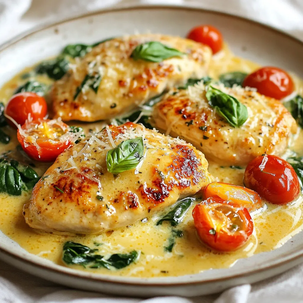 To make Easy Marry Me Chicken, you need: - 4 boneless, skinless chicken breasts - 1 teaspoon garlic powder - 1 teaspoon onion powder - 1 teaspoon dried Italian herbs (oregano, basil, or thyme) - Salt and pepper to taste - 2 tablespoons olive oil - 1 cup cherry tomatoes, halved - 1 cup fresh spinach - ½ cup cream cheese, softened - ½ cup grated Parmesan cheese - 1 tablespoon fresh lemon juice - Fresh basil leaves for garnish These ingredients create a rich and creamy dish. The chicken is tender, and the sauce is bright and flavorful. You can add a few optional ingredients for extra flavor: - Red pepper flakes for heat - Fresh garlic for a stronger taste - Other veggies like bell peppers or mushrooms - Different herbs like parsley or dill Using these can change the flavor profile to match your taste or mood. You can swap ingredients based on what you have: - Chicken breasts can be replaced with thighs. - Cream cheese can be swapped with Greek yogurt for a lighter option. - Parmesan cheese can be replaced with mozzarella for a different texture. - Fresh spinach can be exchanged for kale or arugula. These swaps keep the dish tasty while catering to your needs. Enjoy experimenting! {{ingredient_image_1}} Start by getting your chicken breasts ready. Season both sides with garlic powder, onion powder, dried Italian herbs, salt, and pepper. This mix adds flavor right from the start. Make sure to coat the chicken well. This step is key for tasty meat. Next, heat olive oil in a large skillet over medium-high heat. When the oil shines, add the seasoned chicken breasts. Cook for about 5-7 minutes on each side. Look for a nice golden brown color. This step seals in the flavors and gives the chicken a great texture. Once cooked through, take the chicken out of the skillet and set it aside. Now, use the same skillet to make your sauce. Add the halved cherry tomatoes and cook them for 2-3 minutes. They should get soft and juicy. Then, toss in the fresh spinach and cook until it wilts. This adds freshness to the sauce. Lower the heat and mix in the softened cream cheese. Stir until it melts and blends with the tomatoes and spinach. Finally, add grated Parmesan cheese and lemon juice. This creates a silky, creamy sauce that coats the chicken perfectly. Now you’re ready to bring it all together! To get juicy chicken, start with room temperature meat. Take the chicken out of the fridge for 20 minutes before cooking. Season both sides well with garlic powder, onion powder, and herbs. Make sure your skillet is hot before you add the chicken. This helps create a nice sear. Cook each side for 5-7 minutes. Use a meat thermometer to check if the chicken is 165°F. This ensures it’s safe to eat. For a rich and creamy sauce, use softened cream cheese. It blends better into the sauce. Stir it in slowly over low heat. Add the cherry tomatoes first to release their juices. Once they soften, toss in fresh spinach. Cook just until it wilts, then mix in the cream cheese. Add Parmesan cheese and lemon juice last for extra flavor. Make sure to stir constantly to avoid lumps. Serve Easy Marry Me Chicken on a bed of garlic mashed potatoes. The creamy sauce pairs well with the potatoes. You can also serve it with roasted vegetables for added color and nutrition. Fresh basil leaves add a nice touch. For a drink, try a glass of white wine. It complements the flavors nicely and makes the meal feel special. Pro Tips Perfectly Cooked Chicken: Use a meat thermometer to ensure your chicken reaches an internal temperature of 165°F (75°C) for safe and juicy results. Customize Your Herbs: Feel free to mix and match your favorite herbs, such as fresh rosemary or thyme, for a personalized flavor boost. Add More Veggies: Consider adding bell peppers or zucchini to the sauce for extra nutrition and vibrant color. Make Ahead: This dish can be prepped in advance. Cook the chicken and sauce, then store separately in the fridge and reheat when ready to serve. {{image_2}} You can make a veggie version of Marry Me Chicken. Start with hearty mushrooms instead of chicken. Use about 8 ounces of sliced mushrooms. Season them just like the chicken with garlic powder and herbs. Sear them in olive oil until they are golden brown. Add the cherry tomatoes and spinach as usual. The creamy sauce will still be rich and tasty. This option is great for friends who want a plant-based meal! Cheese can change the flavor of your dish. Try adding feta or goat cheese for a twist. Swap half of the Parmesan cheese for either. Feta adds a salty bite, while goat cheese gives a tangy taste. You can also mix in fresh herbs like rosemary or dill. Just chop them finely and add them to the sauce. These small changes can make your dish even more unique and delicious. If you like heat, add red pepper flakes. Just a teaspoon can spice things up. You can also use jalapeños for a fresh kick. Chop them finely and add them when cooking the tomatoes. This will give your dish a zesty flavor. Don't be afraid to experiment with heat levels. You can always add more, but you can't take it out once it's in! To keep your Easy Marry Me Chicken fresh, let it cool first. Place leftovers in an airtight container. Store them in the fridge for up to three days. Make sure to separate the chicken from the sauce if you can. This helps keep the chicken juicy. You can freeze Easy Marry Me Chicken as well! After it cools, place portions in freezer-safe bags. Squeeze out any air before sealing to prevent freezer burn. Label each bag with the date. It will taste great for up to three months in the freezer. When you're ready to eat the leftovers, thaw them in the fridge overnight. To reheat, use a skillet on low heat. This keeps the chicken moist and warm. Stir in any extra sauce to make it creamy again. You can also use a microwave, but be careful not to overcook it. Marry Me Chicken is a creamy, flavorful dish made with chicken breasts. It combines garlic, herbs, and cheese for a rich sauce. The name suggests that it’s so good, it could win someone's heart! This dish is easy to make and perfect for dinner dates or special occasions. Yes, you can prepare Marry Me Chicken in advance. Cook the chicken and sauce, then store them separately. This helps keep the chicken juicy. When you are ready to eat, just reheat the chicken and sauce together. This makes it a great option for meal prep! You have many tasty options to serve with Marry Me Chicken. Here are a few ideas: - Garlic mashed potatoes - Steamed or roasted vegetables - A fresh garden salad - Pasta with olive oil or garlic These sides add color and balance to your meal, making it more delightful. You now know the key steps to make Easy Marry Me Chicken. We covered essential and optional ingredients, how to cook the chicken, and tips for the best sauce. You can try fun variations, like a veggie version or adding heat. Don't forget the storage tips for leftovers! Cook this dish with confidence. Your family and friends will love it. Embrace creativity, and make the recipe your own! Enjoy this tasty meal, and share it with those you love.