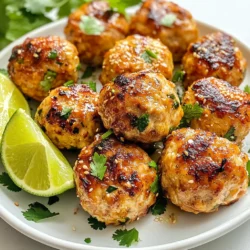 For easy Thai baked chicken meatballs, you need: - 1 pound ground chicken - 1/2 cup breadcrumbs - 1/4 cup fresh cilantro, chopped - 3 green onions, finely sliced - 2 cloves garlic, minced - 1 tablespoon ginger, grated - 1 tablespoon red curry paste - 1 tablespoon fish sauce - 1 tablespoon brown sugar - 1 egg, lightly beaten - 1/2 teaspoon salt - 1/4 teaspoon black pepper - 1 tablespoon sesame oil (for brushing) Using fresh ingredients makes a big difference. Fresh herbs, like cilantro, enhance flavor. They add bright notes that dried herbs can't match. Fresh garlic and ginger bring warmth and depth. They make your meatballs taste vibrant and alive. Plus, fresh chicken keeps the meatballs juicy. Always choose high-quality, fresh items when you cook. This choice shows in every bite. If you can't find an ingredient, don't worry. You can swap some items easily. For example, use ground turkey instead of chicken. Itβs leaner but still tasty. If you need a gluten-free option, try gluten-free breadcrumbs. You can replace fish sauce with soy sauce for a vegan twist. Use maple syrup instead of brown sugar to keep it sweet. Be creative, and adjust the recipe to fit your needs! {{ingredient_image_1}} First, you need to preheat your oven to 400Β°F (200Β°C). This heat helps cook the meatballs evenly. Next, grab a baking tray and line it with parchment paper. This step keeps the meatballs from sticking and makes cleanup easy. In a large bowl, combine all the meatball ingredients. Use 1 pound of ground chicken, 1/2 cup of breadcrumbs, and 1/4 cup of chopped cilantro. Add 3 finely sliced green onions, 2 minced garlic cloves, and 1 tablespoon of grated ginger. Now, stir in 1 tablespoon of red curry paste, 1 tablespoon of fish sauce, and 1 tablespoon of brown sugar. Donβt forget to add 1 lightly beaten egg, 1/2 teaspoon of salt, and 1/4 teaspoon of black pepper. Mix everything well until it's fully combined. This mix gives the meatballs their great flavor. Now, use your hands to form the mixture into small meatballs. Aim for 1 to 1.5 inches in diameter. Place each meatball on the prepared baking tray. To add extra flavor, lightly brush the meatballs with 1 tablespoon of sesame oil. This oil helps them crisp up while baking. Put the tray in your preheated oven and bake for about 20 to 25 minutes. Youβll know theyβre done when they turn golden brown and are cooked all the way through. After baking, let them rest for a minute before serving. Enjoy them warm with sweet chili sauce or over jasmine rice! To keep your meatballs moist, use fresh ground chicken. It has more fat than lean cuts. Add breadcrumbs to help absorb moisture. This will make your meatballs tender. Always mix gently to avoid overworking the meat. You want a light touch. To get a nice brown color, preheat your oven to 400Β°F (200Β°C). Line your baking tray with parchment paper for easy cleanup. Brush the meatballs lightly with sesame oil. This step adds flavor and helps them crisp up. Bake for 20-25 minutes. Check that they are cooked all the way through. These meatballs shine with a side of sweet chili sauce. Serve them over jasmine rice for a complete meal. You can also garnish with fresh cilantro and lime wedges. This adds color and extra flavor. For a fun twist, serve them as sliders in small buns. Pro Tips Use Fresh Ingredients: Ensure your herbs and spices are fresh for the best flavor. Fresh cilantro and ginger can elevate your meatballs significantly. Adjust Spice Level: If you prefer less heat, reduce the amount of red curry paste. You can always add more to taste after cooking. Experiment with Dipping Sauces: Try serving with different sauces like peanut sauce or soy sauce for a unique twist. Make Ahead: These meatballs can be prepared in advance and frozen. Just bake them straight from the freezer, adding a few extra minutes to the cooking time. {{image_2}} You can easily spice up the meatballs. Add red pepper flakes or sriracha to the mix. This will give the meatballs a nice kick. You can adjust the heat to your taste. If you want a strong flavor, use more red curry paste. Pair these spicy meatballs with cooling sauces like yogurt or sour cream. This helps balance the heat. If you prefer a meat-free option, try using ground turkey or tofu. Ground turkey gives similar texture and taste. For tofu, mash it well and mix in the same spices. You can also use lentils for a protein-rich option. Make sure to adjust cooking time. The goal is to keep them moist and flavorful. To make these meatballs gluten-free, swap regular breadcrumbs for gluten-free ones. You can also use crushed rice crackers or oats. This keeps the texture right without gluten. Always check labels to ensure all ingredients are gluten-free. These simple swaps make the dish friendly for everyone. After you cook your meatballs, let them cool first. Place them in an airtight container. You can keep them in the fridge for up to three days. Make sure the container is sealed well to keep them fresh. If you want to enjoy them later, freezing is a great option. To freeze your meatballs, first, let them cool completely. Then, place them on a baking sheet in a single layer. Put the sheet in the freezer for about one hour. This will help them freeze individually. Once they are firm, transfer the meatballs to a freezer bag. Be sure to remove as much air as you can. They can last in the freezer for up to three months. When you are ready to eat your meatballs, there are a few easy ways to reheat them. You can use the oven, microwave, or stovetop. - Oven: Preheat your oven to 350Β°F (175Β°C). Place the meatballs on a baking sheet and heat for about 10-15 minutes. - Microwave: Put the meatballs on a microwave-safe plate. Heat for 1-2 minutes, checking often to avoid overcooking. - Stovetop: Place them in a skillet with a splash of water. Heat on medium, stirring gently until warmed through. These storage and reheating tips will keep your Easy Thai Baked Chicken Meatballs tasty and ready to enjoy anytime! Yes, you can make these meatballs ahead of time. Just mix the meatball ingredients and form the meatballs. Place them on a tray and cover them. You can store them in the fridge for up to a day before baking. This makes it easy to prepare a quick meal later. You can tell the meatballs are done by checking their color. They should be golden brown on the outside. You can also use a meat thermometer. The inside temperature should reach 165Β°F (74Β°C) to ensure they are safe to eat. There are many great options to serve with these meatballs. You can pair them with jasmine rice, which soaks up the flavors well. A fresh salad with cucumber and carrots adds crunch and balance. Sweet chili sauce is also perfect for dipping. Yes, you can use other types of meat. Ground turkey or pork works well. Each type of meat will change the flavor a bit, but it will still be tasty. Just make sure to adjust cooking times if needed. In this blog post, we explored making meatballs, covering key ingredients, steps, and tips. Fresh ingredients enhance flavor, while alternatives cater to various diets. We detailed each step, from prepping ingredients to baking, ensuring moist and tasty meatballs. Variations allow for creativity in your cooking, and proper storage keeps them fresh longer. Remember, you can customize meatballs to fit your needs and preferences. Enjoy experimenting with your favorite flavors in every bite!