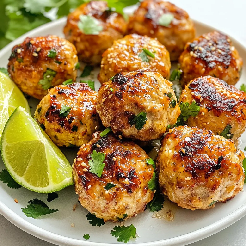 For easy Thai baked chicken meatballs, you need: - 1 pound ground chicken - 1/2 cup breadcrumbs - 1/4 cup fresh cilantro, chopped - 3 green onions, finely sliced - 2 cloves garlic, minced - 1 tablespoon ginger, grated - 1 tablespoon red curry paste - 1 tablespoon fish sauce - 1 tablespoon brown sugar - 1 egg, lightly beaten - 1/2 teaspoon salt - 1/4 teaspoon black pepper - 1 tablespoon sesame oil (for brushing) Using fresh ingredients makes a big difference. Fresh herbs, like cilantro, enhance flavor. They add bright notes that dried herbs can't match. Fresh garlic and ginger bring warmth and depth. They make your meatballs taste vibrant and alive. Plus, fresh chicken keeps the meatballs juicy. Always choose high-quality, fresh items when you cook. This choice shows in every bite. If you can't find an ingredient, don't worry. You can swap some items easily. For example, use ground turkey instead of chicken. It’s leaner but still tasty. If you need a gluten-free option, try gluten-free breadcrumbs. You can replace fish sauce with soy sauce for a vegan twist. Use maple syrup instead of brown sugar to keep it sweet. Be creative, and adjust the recipe to fit your needs! {{ingredient_image_1}} First, you need to preheat your oven to 400°F (200°C). This heat helps cook the meatballs evenly. Next, grab a baking tray and line it with parchment paper. This step keeps the meatballs from sticking and makes cleanup easy. In a large bowl, combine all the meatball ingredients. Use 1 pound of ground chicken, 1/2 cup of breadcrumbs, and 1/4 cup of chopped cilantro. Add 3 finely sliced green onions, 2 minced garlic cloves, and 1 tablespoon of grated ginger. Now, stir in 1 tablespoon of red curry paste, 1 tablespoon of fish sauce, and 1 tablespoon of brown sugar. Don’t forget to add 1 lightly beaten egg, 1/2 teaspoon of salt, and 1/4 teaspoon of black pepper. Mix everything well until it's fully combined. This mix gives the meatballs their great flavor. Now, use your hands to form the mixture into small meatballs. Aim for 1 to 1.5 inches in diameter. Place each meatball on the prepared baking tray. To add extra flavor, lightly brush the meatballs with 1 tablespoon of sesame oil. This oil helps them crisp up while baking. Put the tray in your preheated oven and bake for about 20 to 25 minutes. You’ll know they’re done when they turn golden brown and are cooked all the way through. After baking, let them rest for a minute before serving. Enjoy them warm with sweet chili sauce or over jasmine rice! To keep your meatballs moist, use fresh ground chicken. It has more fat than lean cuts. Add breadcrumbs to help absorb moisture. This will make your meatballs tender. Always mix gently to avoid overworking the meat. You want a light touch. To get a nice brown color, preheat your oven to 400°F (200°C). Line your baking tray with parchment paper for easy cleanup. Brush the meatballs lightly with sesame oil. This step adds flavor and helps them crisp up. Bake for 20-25 minutes. Check that they are cooked all the way through. These meatballs shine with a side of sweet chili sauce. Serve them over jasmine rice for a complete meal. You can also garnish with fresh cilantro and lime wedges. This adds color and extra flavor. For a fun twist, serve them as sliders in small buns. Pro Tips Use Fresh Ingredients: Ensure your herbs and spices are fresh for the best flavor. Fresh cilantro and ginger can elevate your meatballs significantly. Adjust Spice Level: If you prefer less heat, reduce the amount of red curry paste. You can always add more to taste after cooking. Experiment with Dipping Sauces: Try serving with different sauces like peanut sauce or soy sauce for a unique twist. Make Ahead: These meatballs can be prepared in advance and frozen. Just bake them straight from the freezer, adding a few extra minutes to the cooking time. {{image_2}} You can easily spice up the meatballs. Add red pepper flakes or sriracha to the mix. This will give the meatballs a nice kick. You can adjust the heat to your taste. If you want a strong flavor, use more red curry paste. Pair these spicy meatballs with cooling sauces like yogurt or sour cream. This helps balance the heat. If you prefer a meat-free option, try using ground turkey or tofu. Ground turkey gives similar texture and taste. For tofu, mash it well and mix in the same spices. You can also use lentils for a protein-rich option. Make sure to adjust cooking time. The goal is to keep them moist and flavorful. To make these meatballs gluten-free, swap regular breadcrumbs for gluten-free ones. You can also use crushed rice crackers or oats. This keeps the texture right without gluten. Always check labels to ensure all ingredients are gluten-free. These simple swaps make the dish friendly for everyone. After you cook your meatballs, let them cool first. Place them in an airtight container. You can keep them in the fridge for up to three days. Make sure the container is sealed well to keep them fresh. If you want to enjoy them later, freezing is a great option. To freeze your meatballs, first, let them cool completely. Then, place them on a baking sheet in a single layer. Put the sheet in the freezer for about one hour. This will help them freeze individually. Once they are firm, transfer the meatballs to a freezer bag. Be sure to remove as much air as you can. They can last in the freezer for up to three months. When you are ready to eat your meatballs, there are a few easy ways to reheat them. You can use the oven, microwave, or stovetop. - Oven: Preheat your oven to 350°F (175°C). Place the meatballs on a baking sheet and heat for about 10-15 minutes. - Microwave: Put the meatballs on a microwave-safe plate. Heat for 1-2 minutes, checking often to avoid overcooking. - Stovetop: Place them in a skillet with a splash of water. Heat on medium, stirring gently until warmed through. These storage and reheating tips will keep your Easy Thai Baked Chicken Meatballs tasty and ready to enjoy anytime! Yes, you can make these meatballs ahead of time. Just mix the meatball ingredients and form the meatballs. Place them on a tray and cover them. You can store them in the fridge for up to a day before baking. This makes it easy to prepare a quick meal later. You can tell the meatballs are done by checking their color. They should be golden brown on the outside. You can also use a meat thermometer. The inside temperature should reach 165°F (74°C) to ensure they are safe to eat. There are many great options to serve with these meatballs. You can pair them with jasmine rice, which soaks up the flavors well. A fresh salad with cucumber and carrots adds crunch and balance. Sweet chili sauce is also perfect for dipping. Yes, you can use other types of meat. Ground turkey or pork works well. Each type of meat will change the flavor a bit, but it will still be tasty. Just make sure to adjust cooking times if needed. In this blog post, we explored making meatballs, covering key ingredients, steps, and tips. Fresh ingredients enhance flavor, while alternatives cater to various diets. We detailed each step, from prepping ingredients to baking, ensuring moist and tasty meatballs. Variations allow for creativity in your cooking, and proper storage keeps them fresh longer. Remember, you can customize meatballs to fit your needs and preferences. Enjoy experimenting with your favorite flavors in every bite!