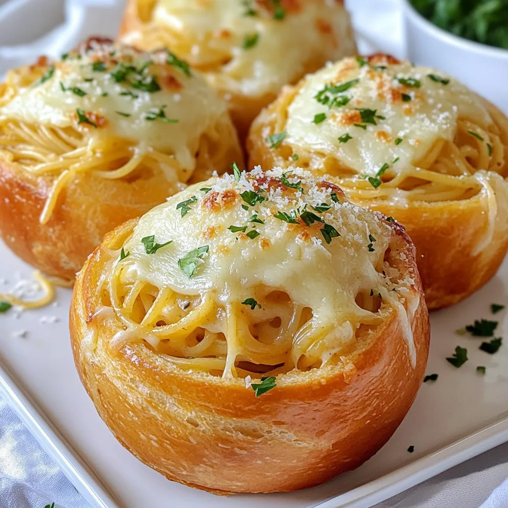 To make Spaghetti Garlic Bread Bowls, you need these key items: - 4 large Italian bread rolls - 2 cups cooked spaghetti - 1 cup marinara sauce - 1 teaspoon garlic powder - 1 teaspoon Italian seasoning - 1/2 cup grated Parmesan cheese - 1 cup shredded mozzarella cheese - 2 tablespoons olive oil - Salt and pepper to taste - Fresh parsley, chopped (for garnish) These ingredients create a tasty and filling dish. The bread rolls serve as a fun bowl for your spaghetti. You can add extra ingredients to make your dish special: - Cooked meatballs or sausage for protein - Sautéed veggies like bell peppers or spinach - Red pepper flakes for heat - Other cheeses like cheddar or feta Feel free to mix and match according to your taste. Making it your own is part of the fun! To make this recipe, gather these tools: - A baking sheet for the bread bowls - A mixing bowl for the spaghetti - A sharp knife for cutting the bread - A spoon for stuffing the bowls - An oven for baking Having the right tools makes cooking easier. Get these ready before you start. {{ingredient_image_1}} Start by preheating your oven to 375°F (190°C). Take four large Italian bread rolls. Cut the tops off and scoop out the insides gently. Leave about a 1-inch border to form bowls. Save the bread insides for later; they will be used in the garlic oil mix. In a large mixing bowl, combine 2 cups of cooked spaghetti and 1 cup of marinara sauce. Add 1 teaspoon of garlic powder and 1 teaspoon of Italian seasoning. Season with salt and pepper to taste. Mix everything well so the spaghetti is coated evenly. Now, pack the mixture tightly into each hollowed bread bowl. In a small bowl, mix 2 tablespoons of olive oil with the reserved bread insides. You can add more garlic powder and Italian seasoning here if you like. Next, spoon 1 cup of shredded mozzarella cheese and 1/2 cup of grated Parmesan cheese over the spaghetti in each bread bowl. Brush the tops of the bowls with your garlic oil mix. Place the stuffed bread bowls on a baking sheet. Bake for 15-20 minutes. Look for bubbly cheese and golden brown bread as signs they are done. Once baked, let them cool slightly. Garnish with chopped fresh parsley before serving. To make the best garlic bread bowls, start with fresh bread rolls. Larger rolls hold more spaghetti. Hollow them out carefully to keep the walls thick enough. Use a fork to mix the spaghetti well with the sauce. This helps every bite burst with flavor. Pack the spaghetti tightly into the bowls. This keeps the filling from falling out when you serve it. Brush the tops with olive oil for a golden color. Avoid overcooking the spaghetti. You want it firm enough to hold in the bread. Don’t skip the garlic powder and Italian seasoning; they add great taste. Watch the baking time closely. Overbaking can make the bread hard. If the cheese is not melting, increase the oven temperature briefly. Lastly, don’t forget to garnish with fresh parsley; it adds color and flavor. Serve these bowls on a wooden board for a rustic touch. For a fun twist, pair them with a side salad. A simple Caesar or mixed greens will work well. You can also serve marinara sauce on the side for dipping. This adds extra flavor and moisture. For a festive touch, sprinkle more Parmesan on top before serving. Enjoy your meal with family or friends for a cozy gathering! Pro Tips Fresh Bread is Key: Use fresh Italian bread rolls for the best texture and flavor. Stale bread can become too hard and won't hold the filling well. Customize Your Fillings: Feel free to add vegetables, cooked meats, or different cheeses to the spaghetti mixture for a personalized twist. Don’t Skip the Oil: Brushing the tops with garlic oil not only adds flavor but also helps achieve that golden brown color and crunch. Serve Immediately: These bread bowls are best enjoyed right out of the oven while the cheese is melty and the bread is warm. {{image_2}} For a tasty vegetarian option, swap out the meat. Use fresh veggies instead. You can add mushrooms, bell peppers, or spinach. Sauté the veggies in olive oil for extra flavor. Mix them into your spaghetti and sauce. This adds color and nutrients to your meal. If you love meat, this version is for you. Cook ground beef or sausage to add to your spaghetti. Brown it first, then mix it with the marinara. This gives your dish a hearty touch. You can also add pepperoni slices for a fun twist. For a gluten-free meal, choose gluten-free bread rolls. Many stores sell them now. You can also use zucchini noodles instead of spaghetti. Just spiralize the zucchini and cook it briefly. This keeps your dish light and fresh while still being delicious. To store leftovers, let the spaghetti garlic bread bowls cool. Place them in an airtight container. You can also wrap them in plastic wrap. Keep them in the fridge for up to three days. This way, you can enjoy them later without losing flavor. To reheat, preheat your oven to 350°F (175°C). Place the bread bowls on a baking sheet. Heat for about 10-15 minutes. This method keeps the bread crispy and the cheese melted. You can also microwave them for 1-2 minutes, but the texture may change. If you want to freeze them, first cool the bowls completely. Wrap each one tightly in plastic wrap. Then place them in a freezer bag. They can last up to three months in the freezer. To enjoy, thaw overnight in the fridge and reheat as needed. Yes, you can use different types of bread. Try sourdough or French bread. These breads add a nice flavor. Just make sure they can hold the spaghetti well. A sturdy bread will keep the sauce inside and not get soggy. To make it less cheesy, simply cut back on the cheese. Use half the amount of mozzarella or Parmesan. You can also mix in more spaghetti or marinara sauce. This will help balance the flavors without losing taste. You can serve a fresh salad on the side. A simple green salad works well. Garlic knots or breadsticks also pair nicely. For a drink, try sparkling water or a light Italian soda. These options will enhance your meal and make it even more enjoyable. In this article, we explored how to make spaghetti garlic bread bowls. We covered ingredients, step-by-step instructions, and helpful tips. You learned about variations, how to store leftovers, and answered common questions. Remember, this dish is easy to customize to fit your taste. Try adding different ingredients for variety. With practice, you will make perfect garlic bread bowls every time. Enjoy the fun of cooking and sharing this tasty meal!