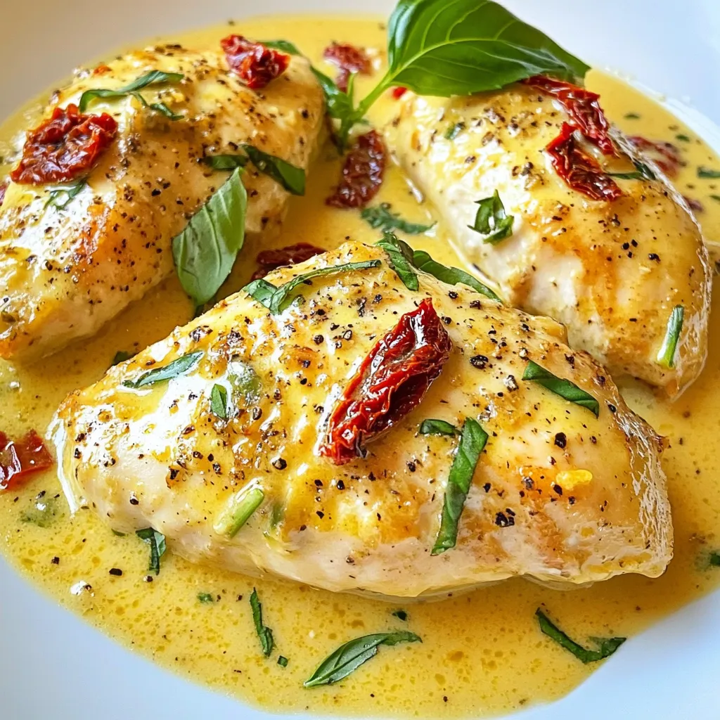 To make this dish, you need: - 4 boneless, skinless chicken breasts - 1 cup sun-dried tomatoes, chopped - 1 cup heavy cream - 1 cup chicken broth - 1 teaspoon Italian seasoning - 1 teaspoon garlic powder - Salt and pepper to taste - ½ cup grated Parmesan cheese - Fresh basil leaves, for garnish These main ingredients work together to create a rich and creamy sauce. The sun-dried tomatoes add a sweet and tangy flavor. The heavy cream makes it smooth and luscious. You can add a few optional ingredients to make your dish even better. Consider these: - A splash of white wine for acidity - A pinch of red pepper flakes for heat - Fresh garlic cloves for a stronger flavor These additions can enhance your sauce and give it extra depth. Try them out to see which ones you like best. For the best flavor and texture, consider these tips: - Use high-quality chicken broth for a richer taste. - Fresh herbs, like basil or parsley, can brighten the dish. - Choose sun-dried tomatoes packed in oil for added richness. Using the best ingredients will make your meal shine. It’s worth the extra effort to find quality items. {{ingredient_image_1}} Start with four boneless, skinless chicken breasts. Lay them flat in the bottom of your large crockpot. This helps the chicken cook evenly. Make sure they are not overlapping. You want each piece to soak up the flavors. In a mixing bowl, combine one cup of chopped sun-dried tomatoes, one cup of heavy cream, and one cup of chicken broth. Next, add one teaspoon of Italian seasoning and one teaspoon of garlic powder. Don’t forget to add salt and pepper to taste. Mix it all well until smooth. Pour this creamy tomato mixture over the chicken. Make sure the chicken is well covered. Finally, sprinkle half a cup of grated Parmesan cheese on top for that rich flavor. Cover the crockpot with its lid. You can cook on low for 6-7 hours or on high for 3-4 hours. The chicken is done when it is tender and cooked through. After cooking, take the chicken out and let it rest for a few minutes. This helps keep it juicy. Now slice the chicken and serve it on a plate. Drizzle the creamy sauce over the top and add some fresh basil leaves for garnish. Enjoy your meal! To get tender chicken, use boneless, skinless chicken breasts. Cooking them on low heat helps keep them juicy. A good rule is to cook for 6-7 hours on low or 3-4 hours on high. Check if the chicken is done by cutting it. It should be white and easy to shred. Let it rest after cooking; this helps keep it moist. You need a big crockpot for this recipe. A 6-quart model works well. It lets the chicken cook evenly. Use a mixing bowl to combine the sauce ingredients. A sharp knife is great for slicing your chicken when it's ready. Don’t forget measuring cups and spoons for precise amounts! Serve your Crockpot Marry Me Chicken over pasta or rice. The creamy sauce pairs well with both. You can also add a side salad for crunch. Fresh bread is a nice touch to soak up the sauce. For a drink, try a light white wine or sparkling water. Decorate your plate with basil leaves for a pop of color. Pro Tips Marinate for Extra Flavor: Consider marinating the chicken in the creamy mixture for a few hours or overnight to enhance the flavor profile. Use Fresh Herbs: Fresh basil can elevate the dish even further; try adding it into the sauce during the last hour of cooking for a burst of freshness. Serve with Sides: This dish pairs beautifully with a side of pasta, rice, or steamed vegetables to soak up the delicious sauce. Store Leftovers Properly: If you have leftovers, store them in an airtight container in the fridge for up to 3 days. Reheat gently to maintain the creaminess. {{image_2}} You can boost the health of your Crockpot Marry Me Chicken by adding veggies. Think about using spinach, bell peppers, or zucchini. Just chop them into small pieces. Mix them in with the chicken and sauce. These veggies add color, taste, and nutrients. They make the dish more filling and healthy. For gluten-free folks, use gluten-free chicken broth. This keeps the dish safe for you. If you need a dairy-free version, swap heavy cream for coconut cream or cashew cream. You can also skip Parmesan cheese or use a dairy-free alternative. These changes keep the flavor while fitting your diet needs. If chicken isn’t your thing, switch it up! You can use turkey breasts or pork tenderloin. Both cook well in the crockpot. They soak up all the yummy sauce too. For a vegetarian option, try chickpeas or tofu. They add protein and make the dish hearty. Experiment and find what you love best! To keep your Crockpot Marry Me Chicken fresh, let it cool first. Transfer leftovers to an airtight container. Make sure to store the chicken and sauce together. This keeps the chicken moist. You can keep it in the fridge for up to three days. When you’re ready to enjoy your leftovers, reheat them gently. You can use the microwave or stovetop. If using a microwave, cover the dish. Heat in short bursts to avoid drying it out. If using a stovetop, add a splash of chicken broth. This adds moisture and flavor back into the dish. You can freeze Crockpot Marry Me Chicken if you want to save some for later. Place it in a freezer-safe container. It can last for up to three months in the freezer. To thaw, move it to the fridge overnight. Reheat it fully before serving, ensuring it reaches 165°F. This keeps it safe and tasty. Yes, you can use frozen chicken breasts. Just remember to adjust the cooking time. If you use frozen chicken, cook on low for about 8 hours or on high for 4-5 hours. This helps the chicken cook fully and stay moist. Always check the chicken's internal temperature. It should reach 165°F to be safe to eat. To add some heat, try these options: - Add red pepper flakes to the creamy sauce. - Use spicy Italian seasoning instead of regular. - Mix in chopped jalapeños for a fresh kick. Adjust these to your taste. Start small, and you can always add more heat! This dish pairs well with many sides: - Serve with pasta to soak up the creamy sauce. - Try a fresh salad for a light touch. - Garlic bread is great for dipping into the sauce. Feel free to get creative! Enjoy this meal with whatever you love most. In this blog post, we covered all you need for Crockpot Marry Me Chicken. We explored main and optional ingredients, cooking steps, and tips for the best texture. We mentioned variations for dietary needs and how to store leftovers properly. This recipe is easy and full of flavor. With these tips, you can impress anyone. Enjoy cooking and make this dish your own!