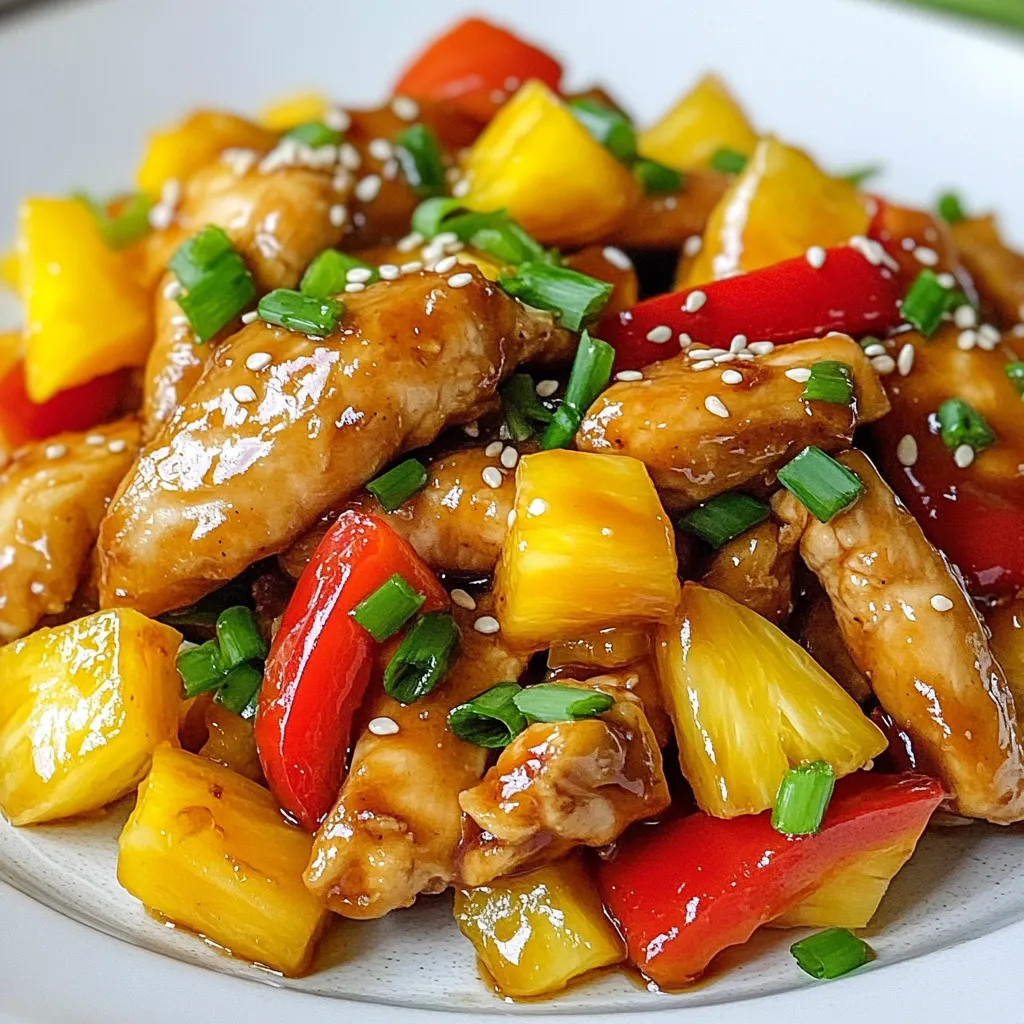 - 1 lb boneless, skinless chicken breast, sliced into thin strips - 1 cup fresh pineapple, diced - 2 cups mixed bell peppers (red, yellow, green), sliced - 1 medium onion, sliced - 2 cloves garlic, minced - 1-inch piece of ginger, grated - 3 tablespoons soy sauce - 2 tablespoons honey - 1 tablespoon cornstarch - 2 tablespoons vegetable oil - Salt and pepper to taste These ingredients create a colorful and tasty dish. The chicken gives protein. The pineapple adds sweetness. The bell peppers and onion provide crunch and flavor. Garlic and ginger bring warmth and spice to the dish. Soy sauce and honey create a perfect blend of savory and sweet. - Sesame seeds for garnish - Chopped green onions for garnish These garnishes add extra flavor and a nice touch to your dish. Sesame seeds give a nutty taste. Chopped green onions add freshness. They make the dish look beautiful too. - Large skillet or wok - Small bowl for mixing sauce - Wooden spoon or spatula A large skillet or wok is key for stir frying. It allows even cooking and great heat control. Mixing the sauce in a small bowl helps combine flavors well. Use a wooden spoon or spatula to stir without scratching your pan. This keeps everything safe and sound. {{ingredient_image_1}} First, slice 1 pound of boneless, skinless chicken breast into thin strips. This helps the chicken cook fast and evenly. Season it with salt and pepper. This simple step adds flavor. Set the chicken aside while you prepare the rest. Heat 1 tablespoon of vegetable oil in a large skillet or wok over medium-high heat. When the oil is hot, add the chicken. Cook it for about 5 to 7 minutes. Stir it often until it turns golden brown and is fully cooked. Once done, remove the chicken from the pan and set it aside. In the same skillet, add another tablespoon of oil. Next, toss in the sliced onion, mixed bell peppers, minced garlic, and grated ginger. Stir-fry these for about 3 to 4 minutes. You want them to be crisp-tender. This mix brings color and taste to your dish. Now, return the cooked chicken to the skillet. Add 1 cup of diced fresh pineapple for a sweet twist. In a small bowl, mix 3 tablespoons of soy sauce, 2 tablespoons of honey, and 1 tablespoon of cornstarch. Pour this sauce over the chicken and veggies. Stir everything well to coat. Cook for an extra 2 to 3 minutes. This lets the sauce thicken a bit. Adjust the seasoning if needed. Finally, remove the skillet from the heat. Garnish your dish with sesame seeds and chopped green onions for a nice touch. Enjoy your Pineapple Chicken Stir Fry! To get the best flavor, focus on fresh ingredients. Use ripe pineapple to add sweetness. Fresh bell peppers bring a nice crunch and color. Always season the chicken well with salt and pepper. Sautéing garlic and ginger in hot oil boosts flavor. Combine the soy sauce, honey, and cornstarch well for a smooth sauce. This mix gives the dish a tasty glaze. Remember to cook the chicken until it's golden brown. This step adds depth to the flavor. You can swap chicken for other proteins. Tofu or shrimp work well for different tastes. If you don’t like pineapple, try mango or peaches. These fruits also add sweetness. For a spicy kick, add red pepper flakes. You can also toss in broccoli or snap peas for more veggies. This allows you to change the dish based on what you have. Serve Pineapple Chicken Stir Fry over rice or noodles. Jasmine rice pairs nicely with the sweet flavors. You can also use cauliflower rice for a low-carb option. Garnish with sesame seeds and chopped green onions for a fresh touch. Enjoy it hot for the best taste. Pair it with a light salad or spring rolls for a full meal. Pro Tips Marinate for Flavor: Let the chicken sit in the soy sauce mixture for at least 15-30 minutes before cooking to enhance the flavor. Use Fresh Ingredients: Fresh pineapple and colorful bell peppers not only improve taste but also add vibrant color to your dish. Control the Heat: Adjust the cooking temperature based on your stove; if you notice the chicken browning too quickly, reduce the heat slightly. Garnish for Appeal: Don't skip the sesame seeds and green onions; they add a delightful crunch and fresh flavor that elevates the dish. {{image_2}} You can make a tasty vegetarian or vegan version of this dish. Replace the chicken with tofu or tempeh. Use firm tofu for the best texture. Cut it into bite-sized cubes and sauté until golden brown. You can also add more veggies like broccoli, snap peas, or carrots. The sweet pineapple pairs well with these flavors. You can switch out the chicken for other proteins. Shrimp, pork, or beef work great too. If you use shrimp, cook it until pink, about 2-3 minutes. For pork or beef, slice it thinly for quick cooking. Adjust the cooking time based on the protein you choose. Each option brings a new taste to the dish. If you love heat, spice up your stir fry! Add red pepper flakes or sliced jalapeños. Mix these in with the garlic and ginger. You can also use a spicy sauce instead of soy sauce. This will give your dish an extra kick. Taste as you go to ensure it’s just right for you. To store leftovers, let the dish cool first. Transfer it to an airtight container. Make sure to seal it tight. Place it in the fridge for up to three days. This keeps the flavors fresh and safe. When ready to eat, you can reheat the stir fry easily. Use a microwave-safe dish. Heat it in the microwave for about two to three minutes. Stir halfway to ensure even heating. You can also reheat it on the stove. Just add a splash of water to keep it moist. Cook on low heat until warm. If you want to freeze your stir fry, use a freezer-safe container. Make sure to leave some space at the top. The stir fry can last up to three months in the freezer. When ready to eat, thaw it in the fridge overnight. Then, reheat as mentioned before. This will help keep the taste and texture nice. Yes, you can make Pineapple Chicken Stir Fry ahead of time. It will keep well in the fridge for up to three days. To do this, cook the chicken and veggies as the recipe states. Allow it to cool before you store it in an airtight container. When you are ready to eat, simply reheat it in a pan over medium heat. This dish tastes even better the next day as the flavors blend! You can serve Pineapple Chicken Stir Fry with many sides. Here are a few ideas: - Steamed jasmine rice - Quinoa for a healthy option - Noodles, like soba or rice noodles - A fresh green salad These sides will balance the sweet and savory flavors of the stir fry. To make Pineapple Chicken Stir Fry healthier, use these tips: - Replace white rice with brown rice or quinoa for added fiber. - Use less oil when cooking. A non-stick pan can help with this. - Add more veggies, like broccoli or snap peas, for extra nutrients. - Use low-sodium soy sauce to cut down on salt. These small changes can make a big difference while keeping the dish delicious! In this article, we explored the ingredients and steps for making Pineapple Chicken Stir Fry. We discussed tips for great flavor and ways to customize the dish. You learned how to store leftovers and answered common questions. Remember, you can always adjust the recipe to match your taste. Enjoy cooking this tasty meal that everyone will love!