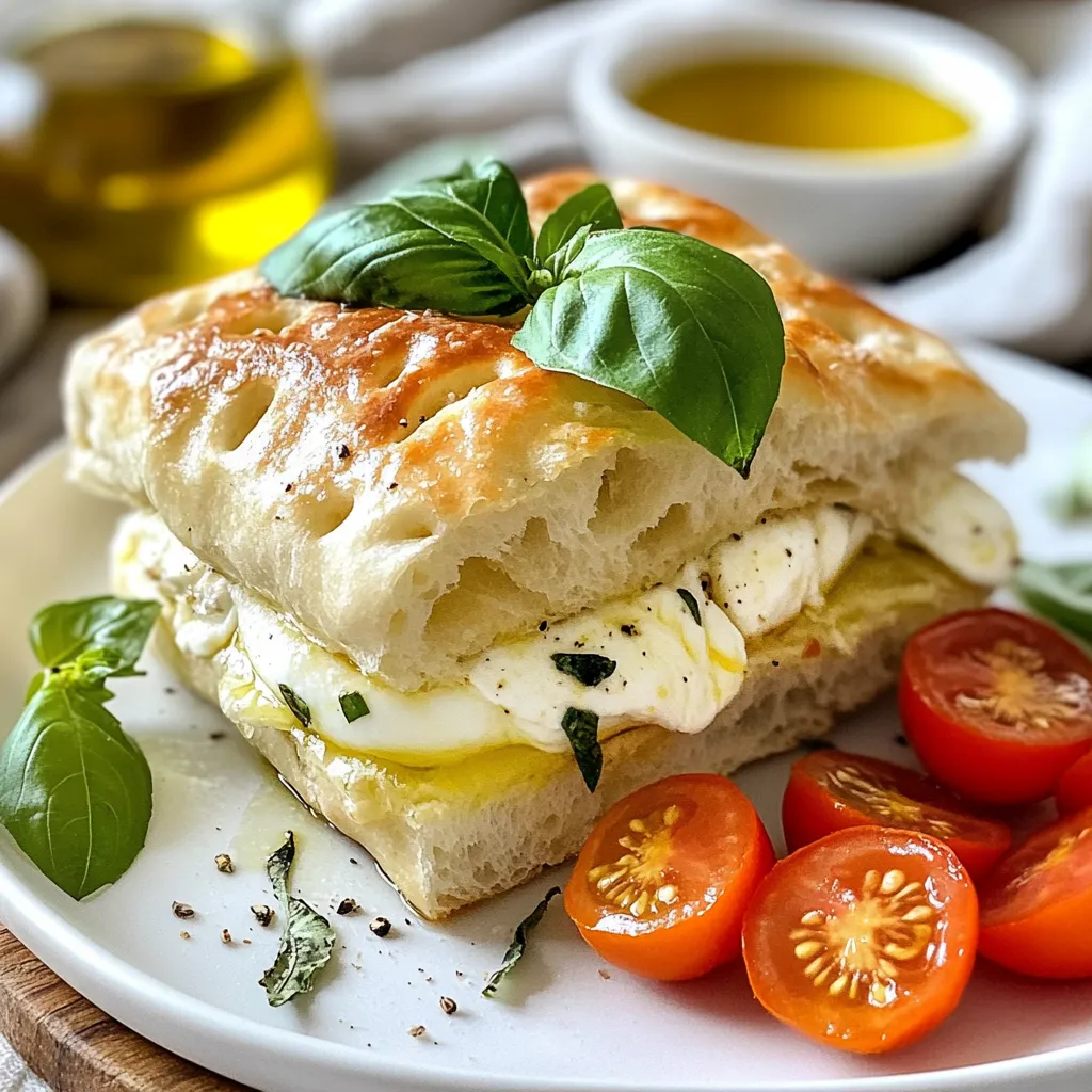 To make a perfect focaccia sandwich, you need these key ingredients: - 2 cups warm water (105°F to 110°F) - 2 teaspoons active dry yeast - 1 tablespoon sugar - 5 cups all-purpose flour - 1/4 cup olive oil (plus more for drizzling) - 2 teaspoons sea salt - 1 teaspoon dried oregano - 1 teaspoon garlic powder - 1 cup cherry tomatoes, halved - 1 cup mozzarella cheese, sliced - 1/2 cup fresh basil leaves - Salt and pepper to taste These ingredients work together to create a soft, flavorful focaccia. The warm water wakes up the yeast. The sugar feeds the yeast, helping it grow. Flour gives the bread its structure. Olive oil adds moisture and flavor. You can add some optional ingredients to make your focaccia even better: - Fresh rosemary for an earthy taste - Sliced olives for a briny kick - Sun-dried tomatoes for a tangy touch - A sprinkle of chili flakes for heat These optional ingredients allow you to customize your sandwich to your liking. You can mix and match to find your perfect flavor. For this recipe, you will need some basic equipment: - Mixing bowls for combining ingredients - A whisk or spoon for mixing the dough - A floured surface for kneading - A baking sheet lined with parchment paper - A damp cloth to cover the dough while it rises Having the right tools makes the process easier and more enjoyable. With these ingredients and tools, you will create a delicious Italian focaccia sandwich that everyone will love! {{ingredient_image_1}} To start, gather your ingredients. You need warm water, yeast, sugar, flour, olive oil, salt, oregano, garlic powder, cherry tomatoes, mozzarella cheese, fresh basil, salt, and pepper. 1. In a mixing bowl, combine 2 cups of warm water, 2 teaspoons of active dry yeast, and 1 tablespoon of sugar. Give it a stir and let it sit for about 5 minutes. Watch for bubbles; this shows the yeast is alive. 2. Next, take a large bowl and mix 5 cups of all-purpose flour with 2 teaspoons of sea salt. Pour in the yeast mixture along with 1/4 cup of olive oil. Mix until a dough forms. 3. Knead the dough on a floured surface for 10 minutes. The dough should feel smooth and elastic. 4. Place your dough in a lightly oiled bowl. Cover it with a damp cloth and let it rise in a warm spot for about 1 hour. Look for it to double in size. After the dough has risen, it’s time to bake. 1. Preheat your oven to 425°F (220°C). 2. Once the dough has risen, punch it down gently to remove air. Transfer it to a baking sheet lined with parchment paper. Stretch the dough to fit the sheet size, using your fingers to make dimples all over the top. 3. Drizzle more olive oil over the dough. Sprinkle it with 1 teaspoon of dried oregano, 1 teaspoon of garlic powder, and the halved cherry tomatoes. 4. Bake for 20-25 minutes until the top is golden brown. The smell will be amazing! Take it out and let it cool slightly before slicing. Now comes the fun part: assembling your sandwich. 1. Cut the baked focaccia in half horizontally. 2. On the bottom half, layer 1 cup of sliced mozzarella cheese and 1/2 cup of fresh basil leaves. 3. Add a sprinkle of salt and pepper for flavor. 4. Place the top half back on and press down gently. 5. Cut into individual sandwiches and serve. Enjoy the deliciousness of your Italian focaccia sandwich! To make the best focaccia, start with warm water. It should be between 105°F and 110°F. This warmth helps the yeast grow. Let the yeast and sugar sit for about five minutes until it foams. This means your yeast is active and ready to go. When mixing, use all-purpose flour and sea salt. Knead your dough for about ten minutes. You want it smooth and elastic. Let it rise in a warm spot until it doubles in size. This can take about one hour. The more you let it rise, the fluffier your focaccia will be. When your focaccia is ready, cut it in half. Layer it with fresh mozzarella and basil. You can also add other toppings like roasted peppers or prosciutto. For a fun twist, try adding some pesto or sun-dried tomatoes. Serve the sandwiches on a wooden board. This makes them look inviting. Garnish with extra basil leaves for color. Offer a small bowl of olive oil for dipping. Everyone loves a good dip! Focaccia sandwiches pair well with many drinks. A light white wine works great. If you prefer non-alcoholic options, try sparkling water with lemon. For sides, a simple salad adds freshness. A mix of greens with olive oil and vinegar is perfect. You can also serve chips or olives for a crunch. These pairings enhance the flavors of your meal. Enjoy exploring different combinations! Pro Tips Use Fresh Ingredients: Always opt for fresh basil and high-quality mozzarella for the best flavor in your focaccia sandwiches. Perfecting the Dough: Kneading the dough until it's smooth and elastic is crucial; this helps develop the gluten for a chewier texture. Experiment with Toppings: Feel free to customize the toppings on your focaccia with olives, roasted peppers, or even different cheeses for a unique twist. Serving Suggestions: Serve alongside a selection of dips, such as balsamic vinegar and olive oil, for an extra burst of flavor. {{image_2}} Italian focaccia sandwiches differ by region. In Liguria, they use rosemary and sea salt. In Apulia, you might find toppings like olives and tomatoes. Each area brings its own twist. You can explore these flavors by changing your toppings. Try adding local cheeses or meats to your sandwich. You can easily adjust ingredients for dietary needs. If you're gluten-free, use gluten-free flour. For dairy-free options, swap mozzarella for a plant-based cheese. If you prefer a low-carb version, try using cauliflower bread instead. These swaps keep the essence of the focaccia while meeting your needs. Mix it up with fun flavor combos! Add roasted red peppers and goat cheese for a tangy bite. Or try pesto and sun-dried tomatoes for a burst of flavor. For a spicy kick, layer in some jalapeños or hot salami. Each new combo can change your sandwich game! To keep your focaccia sandwiches fresh, wrap them well. Use plastic wrap or foil. Store them in an airtight container at room temperature. This method keeps the bread soft and tasty. If you plan to eat them within a day or two, this works great. For longer storage, consider refrigeration. When you're ready to enjoy your focaccia sandwich again, reheat it for the best taste. Preheat your oven to 350°F (175°C). Wrap the sandwich in foil to prevent it from drying out. Heat for about 10-15 minutes. If you like a crispier crust, unwrap the sandwich for the last 5 minutes. This way, you'll get that fresh-baked taste again. Freezing is a smart way to save focaccia sandwiches for later. First, wrap each sandwich tightly in plastic wrap. Then, place them in a freezer-safe bag or container. Label the bag with the date. You can freeze them for up to three months. When you're ready to eat, let them thaw in the fridge overnight. Reheat them in the oven for the best results. Enjoy your tasty meal anytime! To make focaccia from scratch, you need simple ingredients. Start with warm water, yeast, and sugar. Let it sit to foam. Mix flour and salt in another bowl. Add the yeast mixture and olive oil. Knead the dough until smooth. Let it rise for an hour. Shape, season, and bake it. You’ll get a lovely focaccia. Focaccia has roots in ancient Italy. It dates back to the Romans. They baked flatbreads with toppings. Over time, people added different ingredients. Focaccia became a popular base for sandwiches. It’s soft, flavorful, and perfect for layering. Today, we enjoy it with fresh fillings and toppings. Yes, you can use gluten-free flour. However, the texture may change. Focaccia might not rise as much. Choose a good blend for best results. Follow the same steps, but watch the baking time. The taste will still be delicious, and you can enjoy it too! You learned about the key ingredients for Italian focaccia sandwiches and how to prepare them. We explored tips for perfecting the dough and ways to enhance flavors. Different variations and storage methods showed how to enjoy focaccia sandwiches over time. Overall, making Italian focaccia sandwiches is fun and rewarding. With practice, you can create tasty meals that suit your taste. Take what you’ve learned and start your focaccia adventure today!