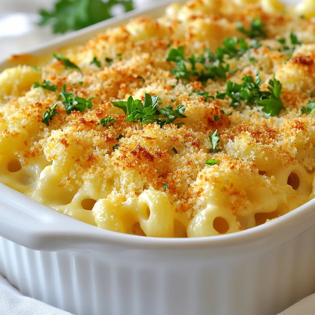 - 8 oz elbow macaroni - 2 cups shredded sharp cheddar cheese - 1 cup shredded Gruyère cheese - 1/2 cup grated Parmesan cheese - 3 tablespoons butter - 3 tablespoons all-purpose flour - 3 cups whole milk - 1 teaspoon garlic powder - 1/2 teaspoon onion powder - 1/2 teaspoon mustard powder - 1 cup panko breadcrumbs - 2 tablespoons chopped fresh parsley In this recipe, we use elbow macaroni, a classic choice for mac and cheese. The shape holds the creamy sauce well. Next, we have three kinds of cheese. Sharp cheddar gives a strong flavor. Gruyère adds a nutty taste. Parmesan adds saltiness and depth. For cooking essentials, butter provides richness. Flour helps thicken the sauce. Whole milk makes it creamy. Seasonings are key. Garlic powder adds warmth. Onion powder gives a nice base flavor. Mustard powder adds a little tang. Panko breadcrumbs give a great crunch. Lastly, fresh parsley brightens the dish and adds color. Gather these ingredients to make a delicious, crunchy baked mac and cheese. Each component plays a role in creating a gourmet dish you will love. {{ingredient_image_1}} - Preheat your oven to 350°F (175°C). - Cook 8 oz of elbow macaroni until al dente. Drain and set it aside. - In a large saucepan, melt 3 tablespoons of butter over medium heat. - Add 3 tablespoons of all-purpose flour. Whisk it for about 2 minutes to make a roux. - Gradually whisk in 3 cups of whole milk. Make sure there are no lumps. - Keep whisking until the mixture thickens, about 5-7 minutes. - Lower the heat and stir in 2 cups of shredded sharp cheddar and 1 cup of Gruyère cheese. - Let the cheeses melt completely into the sauce. - Season the sauce with 1 teaspoon of garlic powder, 1/2 teaspoon of onion powder, 1/2 teaspoon of mustard powder, salt, and pepper to taste. - Add the cooked macaroni to the cheese sauce. Mix until the pasta is well coated. - Transfer the mac and cheese mixture into a greased baking dish. - In a small bowl, mix 1 cup of breadcrumbs with 1/4 cup of grated Parmesan and a pinch of salt. - Sprinkle the breadcrumb mixture evenly over the mac and cheese. - Bake it in the preheated oven for 25-30 minutes until the top is golden brown and crunchy. - Let it cool for 5 minutes before serving. Garnish with 2 tablespoons of chopped fresh parsley. To make a smooth cheese sauce, avoid lumps. Start by whisking the flour with melted butter. Cook it for two minutes to create a roux. Then, gradually whisk in the milk. This method helps to keep the sauce smooth. For the best flavor, choose sharp cheddar and Gruyère cheese. Sharp cheddar gives a rich taste, while Gruyère adds creaminess. Mixing these cheeses makes the sauce more exciting. For extra crunch, use panko breadcrumbs. Panko is lighter and crispier than regular breadcrumbs. Mix the panko with grated Parmesan for added flavor. This combination creates a tasty topping. To achieve optimal crispiness, bake at 350°F for 25-30 minutes. Check for a golden-brown top. If you want an extra crunch, broil for the last few minutes. Just watch closely to avoid burning. Pair gourmet mac and cheese with a fresh salad. A simple green salad balances the richness. You can also serve it with roasted veggies for a colorful plate. For garnishing, sprinkle fresh parsley on top. This adds color and freshness. You can also try adding crispy bacon bits or chopped tomatoes for an extra twist. These simple additions make the dish even more delightful! Pro Tips Use High-Quality Cheese: Opt for high-quality cheeses for a richer flavor and creamier texture in your mac and cheese. Don’t Overcook the Pasta: Cook the macaroni just until al dente; it will continue to cook while baking in the oven. Add Extra Crunch: For an extra crunchy topping, consider mixing in some crushed crackers or adding herbs to the breadcrumb mixture. Let it Rest: Allow the baked mac and cheese to rest for a few minutes before serving; this helps it set and makes it easier to serve. {{image_2}} You can change up the cheese in this dish. Instead of sharp cheddar, try gouda or fontina. For a bold twist, mix in some blue cheese. If you need gluten-free options, use gluten-free pasta and flour. For a dairy-free version, try nut-based cheeses or silken tofu in place of milk. Want to add more flavor? Toss in crispy bacon or cooked sausage. You can also add veggies like broccoli or spinach for a healthy touch. For spices, add cayenne pepper for heat or smoked paprika for depth. A pinch of nutmeg adds warmth, too. You can make this mac and cheese in an Instant Pot. Just cook the pasta, add the sauce ingredients, and set it to pressure cook. If you prefer the stovetop, mix everything in a large pot. For a slow cooker, combine all ingredients and let it cook for hours. Each method gives a different texture and flavor. To keep your mac and cheese fresh, use airtight containers. Glass or plastic containers work well. Make sure to cool the dish before sealing it. Store it in the fridge for up to three days. If you want to keep it longer, consider freezing. Always label your containers with the date. When you reheat your mac and cheese, you want to keep it crunchy. The oven is best for this. Preheat it to 350°F (175°C), cover the dish with foil, and heat for about 20 minutes. This method helps maintain the crispy topping. The microwave is quick but can make it soggy. If you must use it, heat in short bursts and stir often. To freeze your gourmet mac and cheese, let it cool completely first. Use freezer-safe containers or bags. Remove as much air as possible to prevent freezer burn. It can last up to three months in the freezer. When ready to eat, thaw it overnight in the fridge. Reheat in the oven for the best results. This mac and cheese shines because of its rich flavors and textures. Here are the key ingredients that elevate the dish: - 2 cups shredded sharp cheddar cheese - 1 cup shredded Gruyère cheese - 1/2 cup grated Parmesan cheese - Fresh herbs, like parsley, for garnish - Panko breadcrumbs for extra crunch These cheeses provide depth and creaminess. The sharp cheddar gives a bold taste. Gruyère adds a nutty flavor. Parmesan on top creates a nice crust when baked. Yes, you can make this dish ahead of time. - Cook the macaroni and cheese sauce as usual. - Combine them and place in a baking dish. - Cover and store it in the fridge for up to 24 hours. When ready to bake, just add the breadcrumb topping and bake it straight from the fridge. It may take a few extra minutes to bake. Making this dish vegetarian is simple. - Skip any meat additions, like bacon or sausage. - Use vegetable broth instead of chicken broth in any variations. - Ensure that cheese is rennet-free for a true vegetarian option. This way, you still enjoy a creamy and cheesy delight without meat. You can easily adapt this recipe for different dietary needs. Here are a few ideas: - Gluten-free: Use gluten-free pasta and breadcrumbs. - Dairy-free: Substitute cheese with dairy-free alternatives and use plant-based milk. - Nut-free: Check ingredients in cheese and breadcrumbs to avoid nuts. These adjustments maintain taste while meeting dietary needs. You learned how to make gourmet mac and cheese. We covered key ingredients like elbow macaroni and three types of cheese. You know how to create a smooth sauce and achieve the perfect crunch with breadcrumbs. Also, we explored variations and ways to store leftovers. Now you can impress family and friends with your cooking skills. Remember, the best mac and cheese is all about the right cheese mix and technique. Enjoy your cooking adventure!