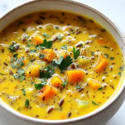 For this nourishing vegan pumpkin wild rice soup, you will need: - 1 cup wild rice, rinsed - 2 tablespoons olive oil - 1 medium onion, diced - 3 cloves garlic, minced - 2 carrots, diced - 2 celery stalks, diced - 1 can (15 oz) pumpkin puree - 4 cups vegetable broth - 1 teaspoon ground cumin - 1 teaspoon smoked paprika - 1/2 teaspoon cinnamon - Salt and pepper to taste - 2 cups kale or spinach, chopped - 1/2 cup coconut milk (optional for creaminess) - Fresh parsley, chopped (for garnish) You can easily swap some ingredients for others based on your tastes: - Wild rice: Use brown rice or quinoa if you prefer. - Olive oil: Canola oil or coconut oil work well too. - Kale or spinach: Try Swiss chard or collard greens for a different flavor. - Coconut milk: Substitute with almond milk or leave it out for a lighter soup. This soup is not just tasty; it’s also good for you! - Wild rice: Full of fiber and protein, it helps keep you full. - Pumpkin puree: Packed with vitamins A and C, it boosts your immune system. - Kale or spinach: Rich in iron and calcium, they support bone health. - Olive oil: Contains healthy fats that are good for your heart. - Spices: Cumin and paprika not only add flavor but also may aid digestion. Each ingredient in this soup brings unique benefits, making it a wholesome choice for any meal. {{ingredient_image_1}} 1. First, grab a large pot. Heat the olive oil over medium heat. 2. Next, add the diced onion. Sauté it for about 5 minutes until it turns translucent. 3. Now, add the minced garlic, diced carrots, and celery. Cook these for 5-7 minutes. Stir occasionally until they start to soften. 4. Stir in the wild rice, cumin, smoked paprika, cinnamon, salt, and pepper. Cook this mixture for one minute. Toasting the spices enhances the flavor. 5. Add the pumpkin puree and vegetable broth. Bring it to a boil. 6. Once boiling, reduce the heat to low. Cover and let it simmer for 40-45 minutes. You want the wild rice to become tender. 7. If you want creaminess, stir in the coconut milk. Let it warm up for another 5 minutes. 8. Add the chopped kale or spinach. Cook for an additional 2-3 minutes until it wilts. 9. Taste and adjust the seasoning with more salt and pepper if needed. 10. Serve the soup hot. Garnish with fresh parsley for a pop of color and flavor. - When sautéing the onion, keep an eye on it to avoid burning. - Stir the vegetables often to ensure even cooking. - Toasting the spices is key to bringing out their full flavor. - When simmering, don't lift the lid too often. This keeps the steam in. - For a richer taste, use homemade vegetable broth if possible. - If you like more texture, add more vegetables like bell peppers or zucchini. (Include images of each cooking stage, showing sautéing onions, adding vegetables, and final soup texture.) To make this soup extra tasty, use fresh herbs. Try adding thyme or rosemary. You can also add a squeeze of lemon juice for brightness. If you like heat, sprinkle a pinch of cayenne pepper. This adds warmth without overpowering the soup’s flavors. Cooking wild rice is different from white rice. Wild rice takes longer to cook. Rinse it well before cooking to remove any grit. Use a ratio of 1 cup of wild rice to 3 cups of broth. This helps the rice absorb the flavors. Cook it on low heat until tender, about 40-45 minutes. Serve this soup hot, topped with fresh parsley. It pairs well with crusty bread or a light salad. Consider a simple green salad with a lemon vinaigrette. This adds freshness and balances the warmth of the soup. You can also serve with some roasted veggies for extra nutrition. Pro Tips Use Fresh Herbs: Adding fresh herbs like thyme or rosemary can elevate the flavor of the soup, giving it a brighter and more aromatic profile. Soak the Wild Rice: Soaking wild rice for a few hours before cooking can reduce the cooking time and improve its texture. Adjust Consistency: If you prefer a thicker soup, blend a portion of it with an immersion blender before adding the greens. Enhance the Creaminess: For a richer flavor, try using full-fat coconut milk instead of light coconut milk, or add a splash of nutritional yeast for a cheesy flavor. {{image_2}} You can easily change this soup by adding more veggies. Try adding chopped sweet potatoes for a sweet touch. Zucchini and bell peppers also work well. Just dice them and toss them in with the other veggies. They will add color and flavor. You can even add some frozen peas at the end for a fresh pop. More veggies mean more nutrients and taste. If you want to add more protein, consider adding beans or lentils. Black beans or chickpeas can mix in nicely. Just rinse and drain them before adding. You can also use cooked quinoa or tempeh. These options make the soup heartier. This is great for a filling meal. You can choose how creamy you want your soup. Adding coconut milk gives it a rich and smooth texture. If you like it lighter, leave out the coconut milk. You can also blend a portion of the soup for a creamy feel without added fat. This way, you keep all the flavors. Both versions taste great, so try both to see what you like! To store your leftover soup, let it cool down first. Then, pour it into an airtight container. Make sure to seal it well. Store it in the fridge for up to five days. When ready to eat, just reheat the soup on the stove or in the microwave. If you want to freeze the soup, use freezer-safe bags or containers. Leave some space at the top for expansion. The soup can last up to three months in the freezer. To reheat, thaw it in the fridge overnight. Then heat it in a pot or microwave. Stir well before serving. Most of the ingredients have a good shelf life. Wild rice can last for years if stored correctly. Canned pumpkin lasts for one to two years unopened. Fresh vegetables like carrots and celery stay good for about a week in the fridge. Coconut milk, once opened, should be used within a few days. Always check for any signs of spoilage before using. You can use brown rice or quinoa as a good substitute. Both have a nice texture. They will change the soup's taste slightly, but they still work well. Yes, this soup is gluten-free. All the ingredients listed do not contain gluten. You can enjoy this soup without worry. To add spice, use red pepper flakes or cayenne pepper. You can also add diced jalapeños. Start with a small amount and taste as you go. Yes, you can add Swiss chard or collard greens. Both bring great color and flavor to the soup. They will also boost the nutrition. You can serve the soup with crusty bread or a fresh salad. A side of roasted veggies also pairs well. These options make for a complete meal. In this blog post, we explored the ingredients and methods for making Vegan Pumpkin Wild Rice Soup. You learned about key ingredients and their health benefits, along with smart substitutions. Our step-by-step guide helped you cook with ease and confidence. I shared tips to enhance flavor and variations to match your taste. Finally, we covered storage methods to keep leftovers fresh. This soup is not just delicious; it is healthy and customizable for every palate. Enjoy making this warm dish that comforts and nourishes!