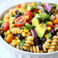 - 8 oz. rotini pasta - 1 cup black beans - 1 cup corn - 1 red bell pepper - 1 green bell pepper - 1 small red onion - 1 cup cherry tomatoes - 1 avocado - 1/4 cup fresh cilantro - 1/4 cup lime juice - 2 tablespoons olive oil - 1 teaspoon cumin - Salt and pepper Cowboy Caviar Pasta Salad combines fresh flavors and fun colors. The main ingredients are the stars of the show. Rotini pasta brings the heartiness. Black beans add protein and fiber. Corn gives a sweet crunch. Red and green bell peppers add bright color and flavor. The small red onion boosts the taste with its sharpness. Cherry tomatoes bring juiciness, while avocado adds creaminess. Fresh cilantro ties it all together with a burst of herb flavor. For the dressing, lime juice adds tang. Olive oil gives richness. Cumin brings warmth and depth. Salt and pepper enhance all the flavors. This salad is not just tasty; it's also packed with nutrients. You can enjoy it as a side or a main dish. It’s perfect for gatherings, picnics, or any meal! {{ingredient_image_1}} To start, boil water in a large pot. Add a pinch of salt to the water for flavor. Next, add 8 oz. of rotini pasta. Cook it according to the package instructions. You want the pasta to be al dente. This means it should be firm but not hard when you bite into it. Once cooked, drain and rinse the pasta under cold water. This stops the cooking and cools it down quickly. In a large mixing bowl, combine the cooled rotini, 1 cup of black beans, and 1 cup of corn. Next, add 1 diced red bell pepper, 1 diced green bell pepper, and 1 finely chopped small red onion. Then, toss in 1 cup of halved cherry tomatoes. Stir the mixture gently to blend the flavors. After that, fold in 1 diced avocado and 1/4 cup of chopped fresh cilantro. Be careful with the avocado so it stays in chunks. In a separate small bowl, whisk together 1/4 cup of lime juice, 2 tablespoons of olive oil, and 1 teaspoon of cumin. Add salt and pepper to taste. Whisk until well combined. This dressing adds a zesty flavor to your salad. Pour it over the pasta salad and toss everything together. Make sure all the ingredients are coated in the dressing for the best taste. Now, toss all the ingredients together gently. This helps to mix the flavors without breaking the avocado. The final step is letting the salad chill. Cover the bowl and refrigerate for at least 30 minutes. This time lets the flavors meld together. Enjoy the fresh and vibrant taste when you serve it! To make your Cowboy Caviar Pasta Salad shine, adjust the seasoning to your taste. Start with a pinch of salt and pepper. Stir well and taste after each addition. You may want more lime juice or cumin for a bolder flavor. Cooking pasta ahead is a great way to save time. Boil your rotini a day before. Cool it and store it in the fridge. This way, you can mix everything quickly when ready to serve. Serving makes a big difference. Use a large bowl so guests can see all the bright colors. Garnish with lime wedges around the edge. This adds a pop of color and a fresh scent. Sprinkle extra cilantro on top. It not only looks good but also enhances the flavor. Your guests will love the way it looks and tastes! Pro Tips Choose Fresh Ingredients: Opt for fresh vegetables, especially the corn and tomatoes, to enhance the flavor and crunch of your salad. Customize Your Beans: Feel free to swap black beans for kidney or pinto beans based on your preference for a different taste and texture. Make It Ahead: Prepare the pasta salad a day in advance to allow the flavors to meld even more, making it a perfect dish for gatherings. Experiment with Spices: Add a pinch of chili powder or smoked paprika for a smoky kick, or adjust the cumin for a more pronounced flavor. {{image_2}} You can change the pasta type. Try gluten-free rotini or even quinoa. Both options work well. You can also swap beans. Use pinto or kidney beans for a twist. If you want more crunch, add diced cucumbers or zucchini. These swaps keep your salad fresh and fun. Want vegan or vegetarian options? Skip the cheese and use plant-based dressing. This keeps the salad tasty and healthy. To lower calories or carbs, reduce the pasta amount. You can also add more veggies like spinach or kale. These choices make the dish lighter without losing flavor. Spice things up! Add cayenne pepper or hot sauce for a kick. This gives your salad a zesty flavor. You can also mix in cheese. Feta or goat cheese adds creaminess. Nuts like walnuts or pecans give a nice crunch. These additions make each bite exciting and different. To keep your Cowboy Caviar Pasta Salad fresh, store it in an airtight container. This helps keep the flavors locked in. Place the salad in the fridge right after serving. It should stay good for a few days. Avoid mixing in the avocado if you plan to save some. Add it just before serving for the best taste and texture. If you have a lot left over, you can freeze it. However, freezing may change the texture of some ingredients. If you freeze it, use a freezer-safe container. Make sure to leave some space for expansion. Thaw in the fridge overnight when you want to eat it again. Cowboy Caviar Pasta Salad lasts about 3 to 5 days in the fridge. Store it at a temperature below 40°F (4°C) for safety. Always check for signs of spoilage before eating. If you see any mold or the salad smells off, it’s best to throw it out. The tomatoes and avocado can get mushy, so keep an eye on those. Enjoy this tasty dish while it’s fresh for the best flavor! Cowboy Caviar Pasta Salad is a fun and fresh dish. It blends pasta with vibrant flavors. This salad has roots in the cowboy culture of the American Southwest. It combines black beans, corn, and colorful veggies. Each bite bursts with taste and crunch. You can serve it as a side or a main dish. This salad is perfect for picnics or barbecues. You can prep this salad ahead of time. First, cook the rotini pasta and let it cool. Next, chop all the vegetables and mix them in a bowl. You can also make the dressing in advance. Keep the dressing separate until you are ready to serve. This way, the salad stays fresh and crunchy. Store the salad in the fridge for up to a day. Just remember to give it a good stir before serving. Cowboy Caviar Pasta Salad pairs well with many dishes. Here are some ideas: - Grilled chicken or steak - Spicy shrimp tacos - Crispy tortilla chips with salsa - A fresh green salad - Cornbread for a hearty meal These options will create a fun and tasty meal. Enjoy mixing and matching your favorites! In this blog post, we explored how to make Cowboy Caviar Pasta Salad. We reviewed the key ingredients, from rotini pasta to fresh veggies. I provided instructions for cooking, mixing, and dressing your salad. I included helpful tips and variations to suit different tastes. This dish is not only tasty but also fun to prepare. With a few simple steps, you can create a colorful, healthy meal. Remember, the best part of cooking is making it your own!