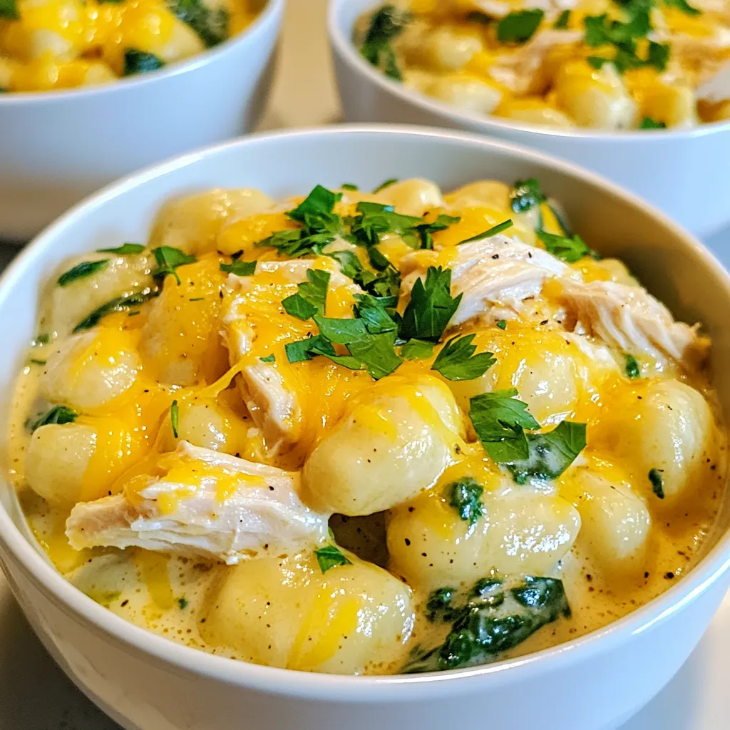 - 1 lb (450g) gnocchi - 2 cups cooked chicken, shredded - 1 cup cream cheese, softened - 1 cup chicken broth - 1 cup shredded cheddar cheese - 1 teaspoon garlic powder - 1 teaspoon onion powder - 1 tablespoon ranch seasoning - 2 tablespoons olive oil - 1 cup spinach, chopped - Salt and pepper to taste - Fresh parsley or chives, for garnish When it comes to making Creamy Crack Chicken Gnocchi, the ingredients play a vital role. Each one adds its own unique flavor. Gnocchi serves as the base, offering a soft and pillowy texture. For protein, I suggest using shredded chicken, which blends nicely into the dish. The cream cheese provides that rich, creamy base that makes this dish so comforting. You’ll want to use softened cream cheese to ensure it melts smoothly. Chicken broth adds depth and keeps everything moist. For a cheesy kick, I recommend shredded cheddar cheese. It melts beautifully and enhances the flavor. The seasonings, like garlic powder and onion powder, bring extra layers of taste. Ranch seasoning adds a fun twist that ties everything together. Using olive oil helps in cooking the chicken and gives a nice flavor. Fresh spinach adds color and nutrients. Finally, a sprinkle of fresh parsley or chives makes for a lovely garnish. By gathering these ingredients, you set the stage for a simple and flavorful dish that everyone will love. {{ingredient_image_1}} - Boiling Process: In a large pot, bring salted water to a boil. Add the gnocchi and cook until they float to the top. This usually takes about 2-3 minutes. - Drain and Set Aside: Once they float, drain the gnocchi using a colander. Let them sit while you prepare the sauce. - Heating the Olive Oil: In a large skillet, heat 2 tablespoons of olive oil over medium heat. This will add flavor and help meld the sauce. - Melting Cream Cheese with Chicken Broth: Add 1 cup of softened cream cheese to the skillet. Pour in 1 cup of chicken broth. Stir until the cream cheese melts and combines well with the broth. - Coating the Chicken: Stir in 2 cups of shredded chicken. Make sure all the chicken gets coated in the creamy sauce. - Adding Seasoning Ingredients: Mix in 1 teaspoon of garlic powder, 1 teaspoon of onion powder, and 1 tablespoon of ranch seasoning. This adds depth and flavor to the dish. - Gently Folding Gnocchi: Carefully add the drained gnocchi to the skillet. Use a spatula to gently fold them into the creamy mixture. - Ensuring Even Coating: Stir until the gnocchi is evenly coated in the sauce. This ensures every bite is full of flavor. - Incorporating Cheese and Spinach: Reduce heat to low. Add 1 cup of shredded cheddar cheese and stir until it melts. Then mix in 1 cup of chopped spinach, cooking for another 2-3 minutes until wilted. - Adjusting Seasoning: Taste your dish and add salt and pepper as needed. This step helps balance the flavors. - Plating Techniques: Divide the creamy crack chicken gnocchi into bowls. This makes for a nice presentation. - Garnishing Options: Top with fresh parsley or chives for an added touch of color and flavor. - Tips for Melting Cream Cheese: Start with softened cream cheese. Cut it into small chunks to help it melt faster. Stir it into the hot chicken broth slowly. This makes the sauce creamy and smooth. - Adjusting Texture of Sauce: If your sauce is too thick, add more chicken broth. If it’s too thin, let it simmer a bit longer. Stir often to keep it from sticking to the pan. - How to Know When Gnocchi is Done: Gnocchi is ready when it floats to the top of the boiling water. This usually takes 2-4 minutes. Keep an eye on it to avoid overcooking. - Preventing Gnocchi from Sticking: Use a large pot with plenty of water. Add a bit of salt to the water. Stir the gnocchi gently while cooking to keep them separate. - Additional Spices to Consider: Try adding paprika or Italian herbs for extra flavor. A pinch of red pepper flakes can add warmth. Experiment with your favorite spices! - Serving with Side Dishes: Pair this dish with a fresh salad or garlic bread. Roasted veggies also make a great side. They add color and nutrition to your meal. Pro Tips Use Fresh Gnocchi: Fresh gnocchi can elevate the dish with a softer texture and richer flavor compared to dried gnocchi. Customize Your Protein: Feel free to experiment with different proteins like turkey or rotisserie chicken for a quick meal. Add Veggies: Incorporating other vegetables like bell peppers or mushrooms can add more flavor and nutrition to your dish. Adjust Creaminess: For a lighter version, substitute half of the cream cheese with Greek yogurt for a tangy twist. {{image_2}} Using Different Types of Chicken You can use any chicken you like. Cooked rotisserie chicken works great. It saves time and adds flavor. You can also use grilled chicken for a smoky taste. If you prefer dark meat, shredded thighs are juicy and tender. Vegetarian Options To make this dish vegetarian, swap chicken for mushrooms. Sautéed mushrooms add a rich flavor. You can also use chickpeas for protein and texture. Tofu is another great choice; just sauté it until golden. Alternative Vegetables If you want to change the greens, try kale or Swiss chard. Both add a nice crunch and flavor. You can also use broccoli florets for a hearty bite. Zucchini or bell peppers work well too. Adding Herbs for Freshness Fresh herbs can brighten the dish. Try adding basil, dill, or cilantro. They bring freshness and a pop of color. Chives or parsley can also add a nice touch. Other Cheese Options While cheddar is delicious, other cheeses can work too. Try mozzarella for a gooey texture. Parmesan adds a sharp flavor that complements the dish. You can even mix cheeses for a unique taste. Vegan Cheese Substitutes If you want a vegan option, use cashew cheese. It’s creamy and rich. Nutritional yeast adds a cheesy flavor without dairy. You can also find store-bought vegan cheese that melts well. - Use airtight containers for storing leftovers. Glass or plastic containers work well. - Cool the dish to room temperature before sealing. This helps prevent moisture buildup. - Store in the fridge for up to three days. Label the containers with the date. - Reheat in a skillet over low heat for best results. Stir gently to heat evenly. - You can also use a microwave. Heat in 30-second intervals, stirring in between. - Avoid overcooking. This can make the gnocchi tough and dry. - To freeze, let the dish cool completely first. Then, place it in a freezer-safe container. - Make sure to leave space at the top for expansion. Seal tightly and label with the date. - Thaw in the fridge overnight before reheating. This helps maintain the best texture. Yes, you can prepare this dish ahead of time. To store it, let it cool completely. Place it in an airtight container. It will stay fresh in the fridge for up to three days. When you are ready to eat, reheat it on the stove. Add a splash of chicken broth if it looks dry. To make Creamy Crack Chicken Gnocchi gluten-free, use gluten-free gnocchi. Many brands now offer this option. Check the label to ensure it is certified gluten-free. The rest of the ingredients are naturally gluten-free, making this dish easy to adapt. Absolutely! Pre-cooked or leftover chicken works great. Use about two cups of shredded chicken. Make sure it is heated through when you add it to the sauce. This saves time and makes the dish even quicker to prepare. To change the spice level, you can add more or less ranch seasoning. For a milder taste, use less. If you like heat, add some red pepper flakes or hot sauce. Mix these in while cooking the chicken. Taste as you go to find your perfect balance. This guide has shown you how to make Creamy Crack Chicken Gnocchi step by step. You learned about key ingredients, cooking methods, and tips for the best dish. Don't be afraid to try variations in proteins and veggies, as they add fun twists. Storing and reheating your leftovers will keep your meal fresh. Remember, cooking is about having fun and experimenting. Enjoy crafting your own tasty version!