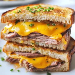 - 1 lb roast beef, thinly sliced - 4 slices sharp cheddar cheese - 4 slices sourdough bread - 2 tablespoons Dijon mustard - 2 tablespoons butter, softened - 1 small onion, thinly sliced - 1 tablespoon olive oil - Salt and pepper to taste - 1 tablespoon fresh chives, chopped (for garnish) When making a Roast Beef Cheddar Melt, you need quality ingredients. The roast beef should be thinly sliced. This makes it easy to layer in your sandwich. Sharp cheddar cheese adds a rich flavor that melts nicely. Sourdough bread gives a great crunch when toasted. For additional flavor, Dijon mustard adds a nice tang. Softened butter helps to toast the bread to a golden brown. Caramelized onions bring sweetness and depth. Olive oil is key for cooking the onions just right. Season with salt and pepper to enhance all the tastes. Finally, fresh chives not only add color but also a fresh kick. With these ingredients, you set the stage for a tasty and hearty meal. {{ingredient_image_1}} - Heat 1 tablespoon of olive oil in a skillet over medium heat. - Add 1 small onion, thinly sliced. Cook for 10-12 minutes. Stir often. - The onions should turn golden and sweet. Season with salt and pepper to taste. - Take 4 slices of sourdough bread. - Spread 2 tablespoons of Dijon mustard on one side of each slice. - On the non-mustard side of 2 slices of bread, layer 1 lb of roast beef. - Top the beef with the caramelized onions. - Place 2 slices of sharp cheddar cheese on each sandwich. - Cover with the other slices of bread, mustard side down. - In the same skillet, add 2 tablespoons of softened butter. Melt it over medium heat. - Carefully add the sandwiches. Cook until golden and crispy, about 4-5 minutes. - Flip the sandwiches and repeat until cheese melts and bread is toasted. - Remove the sandwiches from the skillet. Slice them in half. - Garnish each with 1 tablespoon of fresh chives. - Serve on a wooden board or stylish plate, with pickles or a side salad. To make great caramelized onions, start with medium heat. This helps them cook slowly and evenly. Cook them for about 10 to 12 minutes. Stir them often. You want them golden brown, not burnt. Season with salt and pepper to bring out their sweet flavor. Caramelized onions add depth to your roast beef cheddar melt. To boost the taste, try adding garlic powder or smoked paprika. These seasonings can add a nice twist. You can also top your sandwich with fresh arugula or sliced jalapeños. They add a fresh crunch and a bit of heat. Don’t be afraid to mix flavors. It makes your meal more exciting. For crispy bread, use medium heat and plenty of butter. This helps the bread brown nicely. Toast each side for about 4 to 5 minutes. Flip carefully to avoid spilling the cheese. If you want extra melted cheese, cover the skillet for a minute while cooking. This helps the cheese melt evenly, giving you that perfect gooey texture. Pro Tips Use Fresh Ingredients: Always opt for high-quality, fresh roast beef and sharp cheddar cheese for the best flavor. Don't Rush the Onions: Take your time caramelizing the onions; this enhances their sweetness and depth of flavor. Perfect Toasting: Adjust the heat as needed to avoid burning the bread while ensuring the cheese melts perfectly. Experiment with Add-Ons: Feel free to add other toppings like arugula or sliced tomatoes for extra freshness and flavor. {{image_2}} You can swap sharp cheddar for other cheeses. Try gouda for a creamy taste. Swiss cheese adds a nutty flavor that pairs well with the beef. Provolone melts nicely and offers a mild taste. If you want something zesty, pepper jack adds a kick. Add veggies to make your sandwich even better. Sautéed mushrooms add earthiness. Thinly sliced bell peppers bring sweetness and crunch. Spinach or arugula adds freshness. You can also spread pesto or aioli for added flavor. These small changes make a big difference. While sourdough is great, other breads work too. Rye bread gives a unique taste that complements roast beef. A hearty baguette can add crunch and texture. Whole grain bread is a healthy option that still tastes good. Choose any bread that you enjoy for roasting. To store leftovers, wrap each sandwich tightly in plastic wrap. Place the wrapped sandwiches in an airtight container. They will stay fresh in the fridge for up to three days. If you want, you can also separate the components. Keep the roast beef, cheese, and bread in separate bags to avoid sogginess. To reheat your sandwich, use a skillet on medium heat. Add a little butter to the pan for flavor. Place the sandwich in the skillet and cover it with a lid. Heat for about 3-4 minutes on each side. This method keeps the bread crispy and the cheese melted. You can also use an oven. Wrap the sandwich in foil and bake at 350°F for 10-15 minutes. Freezing the assembled sandwich may change the texture. If you want to freeze it, I suggest freezing the roast beef and cheese separately. You can also freeze the caramelized onions. Just store them in small bags. When ready to eat, defrost everything and assemble your sandwich fresh. This way, you will enjoy the best taste and texture. Yes, you can make this sandwich ahead of time. To do this, prepare the roast beef and caramelize the onions. Store them in separate, airtight containers in the fridge. You can also spread the mustard on the bread ahead of time. When you're ready to eat, assemble the sandwich and toast it. This keeps the bread fresh and crispy. I love pairing this sandwich with a side salad or crispy fries. A fresh salad brings a nice crunch and balances the rich flavors. You could also serve it with pickles for a tangy twist. For a heartier option, potato chips add crunch and are easy to grab. Yes, you can make a vegetarian version of this sandwich. Instead of roast beef, use grilled vegetables like bell peppers and zucchini. You can also add some sautéed mushrooms for extra flavor. Swap the cheddar cheese for a plant-based cheese to keep it dairy-free. This way, you still get a tasty and hearty meal. This blog post shared how to make a delicious Roast Beef Cheddar Melt. We covered the main and additional ingredients, along with step-by-step instructions. I shared tips for perfecting flavors and toasting, as well as variations you can try. Storing and reheating options ensure you enjoy your sandwich later. With these easy steps, you can impress your friends or family. Just have fun and adapt the recipe to your taste. Enjoy your cooking journey!