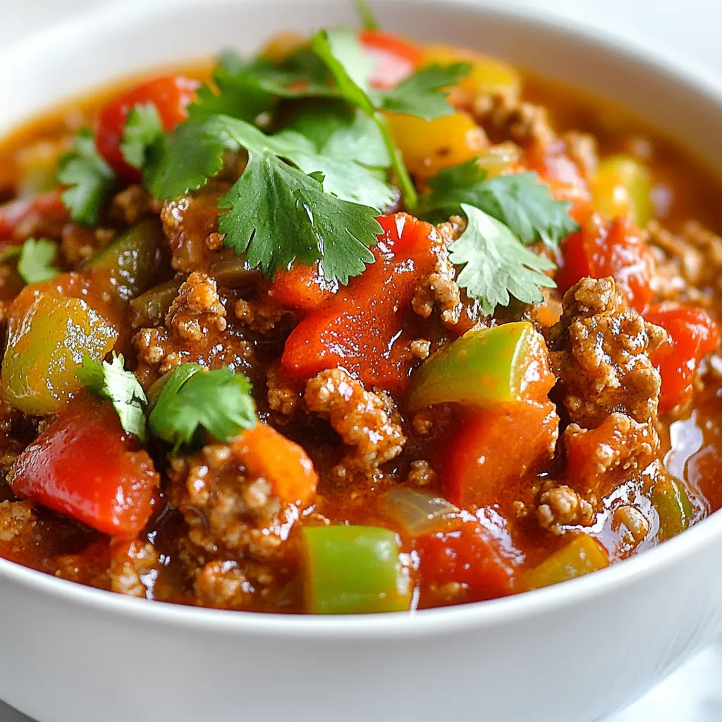 - 1 lb ground turkey - 2 bell peppers (1 red, 1 green), diced - 1 medium onion, chopped - 3 cloves garlic, minced - 1 cup canned diced tomatoes (with juices) - 1 teaspoon smoked paprika - 1 teaspoon oregano - ½ teaspoon cumin - Salt and pepper to taste - 2 tablespoons olive oil - Fresh cilantro or parsley for garnish - Optional: 1 cup cooked quinoa or brown rice You can swap ground turkey for ground chicken or lean beef. This change keeps the dish tasty while changing the flavor slightly. For bell peppers, any color works well. If you don’t have canned tomatoes, fresh ones can also work. Just chop them up and use them in the same amount. You can replace olive oil with another oil, like avocado oil, if needed. For herbs, dried or fresh can both work. Use what you have at home. This dish serves four. Each serving has about 350 calories. It contains 25 grams of protein, which is great for muscle health. The dish also offers fiber from the vegetables and tomatoes. Ground turkey is lean, so it helps keep the meal lower in fat. If you add quinoa or brown rice, you get even more fiber and carbs for energy. This meal is a balanced option for lunch or dinner. {{ingredient_image_1}} To start, gather your ingredients. You need ground turkey, bell peppers, onion, garlic, and tomatoes. I use two bell peppers, one red and one green, for color. Dice the peppers and chop the onion. Mince the garlic, too. This prep makes cooking smooth and easy. Next, heat the olive oil in a large skillet over medium heat. Let it warm up for a minute. You want the oil to shimmer, which means it's ready for cooking. This step is key to getting that nice, rich flavor. Once the oil is hot, add the chopped onion and minced garlic. Sauté them for about 3-4 minutes. You want them to become soft and fragrant, not brown. Stir them often to prevent burning. Now, increase the heat to medium-high. Add the ground turkey. Cook it for 5-7 minutes, breaking it into smaller pieces with a spatula. Make sure it is browned all over. This step adds great taste and texture to your dish. Now, it's time to add the diced bell peppers. Stir them in and cook for another 3-4 minutes. The peppers should start to soften, adding sweetness to the mix. Next, pour in the canned diced tomatoes along with their juices. Add the smoked paprika, oregano, cumin, salt, and pepper. Mix everything well. This blend creates a wonderful aroma that fills your kitchen. Bring the mixture to a simmer, then cover the skillet. Let it cook for 10-15 minutes. This helps all the flavors come together beautifully. If you want a heartier meal, stir in cooked quinoa or brown rice just before serving. Finally, taste your dish and adjust the seasoning if needed. Enjoy the vibrant colors and rich flavors of your Ground Turkey Pepper Skillet! Cooking ground turkey is simple. Start with medium heat to avoid burning. Use a good spatula to break it apart while cooking. I find that cooking it until it’s browned gives the best flavor. This usually takes about 5-7 minutes. Make sure it cooks all the way through. Ground turkey should reach an internal temperature of 165°F. If you want more flavor, try adding spices during the cooking process. To boost flavor, add smoked paprika and cumin. These spices make the dish warm and inviting. You can also mix in some fresh herbs like cilantro or parsley at the end. This adds freshness. For some heat, consider adding a pinch of red pepper flakes. If you like a tangy taste, a splash of lime juice works wonders. Presentation makes a meal more enjoyable. Serve the skillet hot with fresh herbs sprinkled on top. You can drizzle olive oil around the plate for a nice touch. For a pop of color, add sliced avocado or lime wedges on the side. If you use quinoa or brown rice, place it under the turkey mix. This gives a nice contrast and makes the dish look great. Enjoy your meal! Pro Tips Use Lean Turkey: Opt for lean ground turkey to keep the dish healthy while still being flavorful. Customize Your Veggies: Feel free to add other vegetables like zucchini or corn to enhance the nutrition and texture. Spice It Up: Adjust the spices according to your preference; adding a pinch of cayenne pepper can give it a nice kick! Meal Prep Friendly: This dish makes excellent leftovers; double the recipe for easy meals throughout the week! {{image_2}} You can switch up the veggies in this dish. Try using zucchini or spinach. Both add great flavor and nutrients. Carrots or broccoli also work well. For a heartier mix, add mushrooms. Each choice brings its own taste and texture. If you want a different protein, use ground chicken or beef. Both options taste great in this skillet. For a plant-based choice, try lentils or crumbled tofu. They soak up the flavors well. You can even use beans like black or kidney for extra protein. This recipe can fit many diets. To make it gluten-free, just use gluten-free grains. Quinoa is a great option here. For low-carb diets, skip the grains altogether. Serve it with a side salad instead. You still get a meal packed with flavor and nutrition. Store your Ground Turkey Pepper Skillet in an airtight container. It stays fresh for up to four days in the fridge. Make sure it cools to room temperature before sealing. This way, you prevent moisture build-up. Label the container with the date to keep track of freshness. If you want to keep it longer, freeze the dish. Use a freezer-safe container or bag. It can last up to three months in the freezer. To prevent freezer burn, squeeze out as much air as possible. Always label the container with the date and contents for easy identification. When you're ready to eat, thaw the skillet overnight in the fridge. If you're in a hurry, use the microwave. Heat in short bursts, stirring in between. You want it hot all the way through. Alternatively, reheat on the stove over low heat. Add a splash of water to keep it moist. Enjoy your quick and tasty meal! Yes, you can use other meats. Ground chicken is a great choice. You can also use beef or pork. Just remember, each meat has its own flavor. Adjust seasonings as needed for the best taste. To add heat, try adding red pepper flakes. You can also use hot sauce or diced jalapeños. Start with a little, then taste. This way, you can control the spice level. If you want a smoky flavor, add more smoked paprika. This dish pairs well with many sides. You can serve it over rice or quinoa. It also goes well with a fresh salad. For extra crunch, add tortilla chips on the side. Enjoy your meal with a refreshing drink! This blog post covered a tasty ground turkey pepper skillet. We explored the key ingredients, swaps, and even the nutritional facts. You learned step-by-step cooking instructions and tips to enhance flavor and presentation. We also discussed variations for different diets and how to store and reheat your skillet meal. In summary, cooking with ground turkey is easy and fun. You can adapt this dish to suit your tastes and needs. Enjoy experimenting with new flavors and ideas!