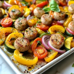 - 1 lb Italian chicken sausage, sliced into rounds - 2 cups bell peppers (mixed colors), sliced - 1 medium red onion, cut into wedges - 1 medium zucchini, sliced - 1 cup cherry tomatoes, halved The main stars of this dish are the Italian chicken sausage and the vibrant veggies. I love using colorful bell peppers for their sweet flavor. Red onion adds a nice bite, while zucchini gives a soft texture. Cherry tomatoes burst with juice and sweetness, making each bite enjoyable. - 3 tablespoons olive oil - 2 teaspoons Italian seasoning - 1 teaspoon garlic powder - Salt and pepper to taste Seasoning is key to great flavor. Olive oil keeps everything moist and helps the veggies roast nicely. I use Italian seasoning for a warm, herby taste. Garlic powder adds depth. Don't forget salt and pepper; they enhance all the flavors. - Fresh basil for garnish (optional) Fresh basil is a lovely touch. It adds color and a fresh taste. You can add it right before serving to make your dish look and taste amazing. {{ingredient_image_1}} 1. First, preheat your oven to 425°F (220°C). This high heat helps the sausage and veggies cook well. 2. On a large baking sheet, arrange the sliced sausage, bell peppers, red onion, zucchini, and cherry tomatoes. Make sure to spread them out. This gives them room to roast. 1. Drizzle the olive oil over the top. This helps everything brown nicely. 2. Next, sprinkle the Italian seasoning, garlic powder, salt, and pepper. These spices add great flavor. 3. Toss everything together until the vegetables and sausage are evenly coated with the oil and seasonings. Use your hands or a spatula for this step. 4. Now, spread the mixture into an even layer on the baking sheet. This ensures even cooking. 1. Roast in the preheated oven for 20-25 minutes. Check halfway through and stir. This helps everything cook evenly. 2. The sausage should be browned, and the veggies should be tender when done. 3. Remove the baking sheet from the oven, and let it cool slightly before serving. 4. If you want, garnish with fresh basil for a pop of color and flavor. To ensure even cooking, cut all veggies to the same size. This way, they roast at the same rate. Arrange the sausage and veggies in a single layer on the baking sheet. This helps the hot air circulate well around all the pieces. Stir halfway through cooking. This also helps them cook evenly. To avoid soggy vegetables, don't overcrowd the pan. If the baking sheet is too full, the steam builds up. This makes the veggies soft instead of crisp. Use a large sheet pan to give everything space. For more flavor, try mixing in spices and herbs. Italian seasoning is great, but you can also add smoked paprika or crushed red pepper. Fresh herbs like rosemary or thyme can add a nice touch. You can also incorporate marinades for extra taste. A simple mix of olive oil, lemon juice, and garlic works well. Marinate the sausage and veggies for about 30 minutes before roasting. This adds depth to each bite. When serving, keep it simple yet appealing. You can serve the dish right from the pan for a rustic look. For a more polished feel, use a large white plate. This contrast highlights the colorful veggies. To make it more inviting, garnish with fresh basil. A sprinkle of chopped parsley can also add color. If you want, drizzle a little balsamic glaze over the top for a gourmet touch. Pro Tips Tip Title: Use Fresh Ingredients: Fresh vegetables and high-quality sausage make a significant difference in flavor. Try to use seasonal vegetables for the best taste. Tip Title: Don't Overcrowd the Pan: Ensure there's enough space between the ingredients on the sheet pan. This allows for proper roasting and caramelization. Tip Title: Experiment with Seasonings: Feel free to customize the seasoning mix. Adding a pinch of red pepper flakes can give it a nice kick! Tip Title: Serve with a Side: Pair this dish with a simple salad or crusty bread to balance the meal and add some freshness. {{image_2}} You can switch up the sausage for different flavors. Try pork, turkey, or even plant-based sausage. Each option gives a unique taste. For veggies, feel free to mix things up. Here are some great choices: - Broccoli florets - Carrots, sliced - Cauliflower, cut into florets - Sweet potatoes, cubed Using colorful veggies not only adds flavor but also makes your dish look great. If you need a gluten-free meal, choose a gluten-free sausage. Most chicken or turkey sausages fit this need. Ensure your seasonings are also gluten-free. For a vegetarian option, skip the sausage. Use extra veggies or tofu instead. Marinated tofu adds a nice touch of flavor. Add global flavors to your dish for exciting new tastes. For a Mediterranean vibe, use feta cheese and add olives. A sprinkle of oregano gives great flavor. If you prefer a Mexican twist, add cumin and chili powder. Top off with fresh cilantro for a bright touch. Experimenting with spices can change up your meal. Try curry powder for an Indian flair or smoked paprika for a BBQ taste. Each twist keeps dinner fresh and fun! For storing leftovers, use airtight containers. Glass or plastic containers work well. Make sure the food cools before sealing. This helps keep it fresh longer. Store in the fridge for up to four days. To reheat, use an oven or microwave. If using an oven, set it to 350°F. Place the food in an oven-safe dish. Cover it with foil to keep moisture in. This keeps the sausage and veggies tender. Microwave it in short bursts, stirring in between. This helps heat evenly and keeps the texture nice. You can freeze leftovers for up to three months. Use freezer-safe bags or containers. Remove as much air as possible to prevent freezer burn. To thaw, move it to the fridge overnight. For quick thawing, use the microwave on defrost. Reheat properly to enjoy a tasty meal again! How long can you store sheet pan sausage and veggies? You can store this dish in the fridge for up to four days. Place it in an airtight container. It stays fresh and tasty. Can you use any type of sausage for this recipe? Yes, you can use any sausage you like. Italian chicken sausage is great, but feel free to try pork, turkey, or even plant-based sausages. Each will add a unique flavor. What vegetables work best for roasting? Bell peppers, zucchini, and cherry tomatoes are perfect. Other good choices include carrots, broccoli, and asparagus. Mix and match for fun colors and tastes! How do you know when the sausage is fully cooked? The sausage should be browned and reach 165°F (74°C) inside. You can cut a piece to check. It should be juicy and no longer pink. What can I serve with sheet pan sausage and veggies? You can serve this dish with rice, pasta, or crusty bread. A simple side salad also pairs well. It adds a fresh crunch to your meal. Can this recipe be made in advance? Yes, you can prep it a day ahead. Just store the cut veggies and sausage in the fridge. Toss everything together before cooking. How to adjust cooking time for larger portions? For larger portions, keep the oven temperature the same. Just check the dish a bit longer. Stir halfway through to ensure even cooking. This blog post shared a simple and tasty sheet pan recipe using Italian chicken sausage and colorful veggies. You learned how to prepare, cook, and store the dish. I also shared tips for flavor and presentation, plus variations for different diets. Remember, cooking can be fun and flexible. You can switch ingredients and adjust flavors to suit your taste. Enjoy experimenting and making this dish your own!