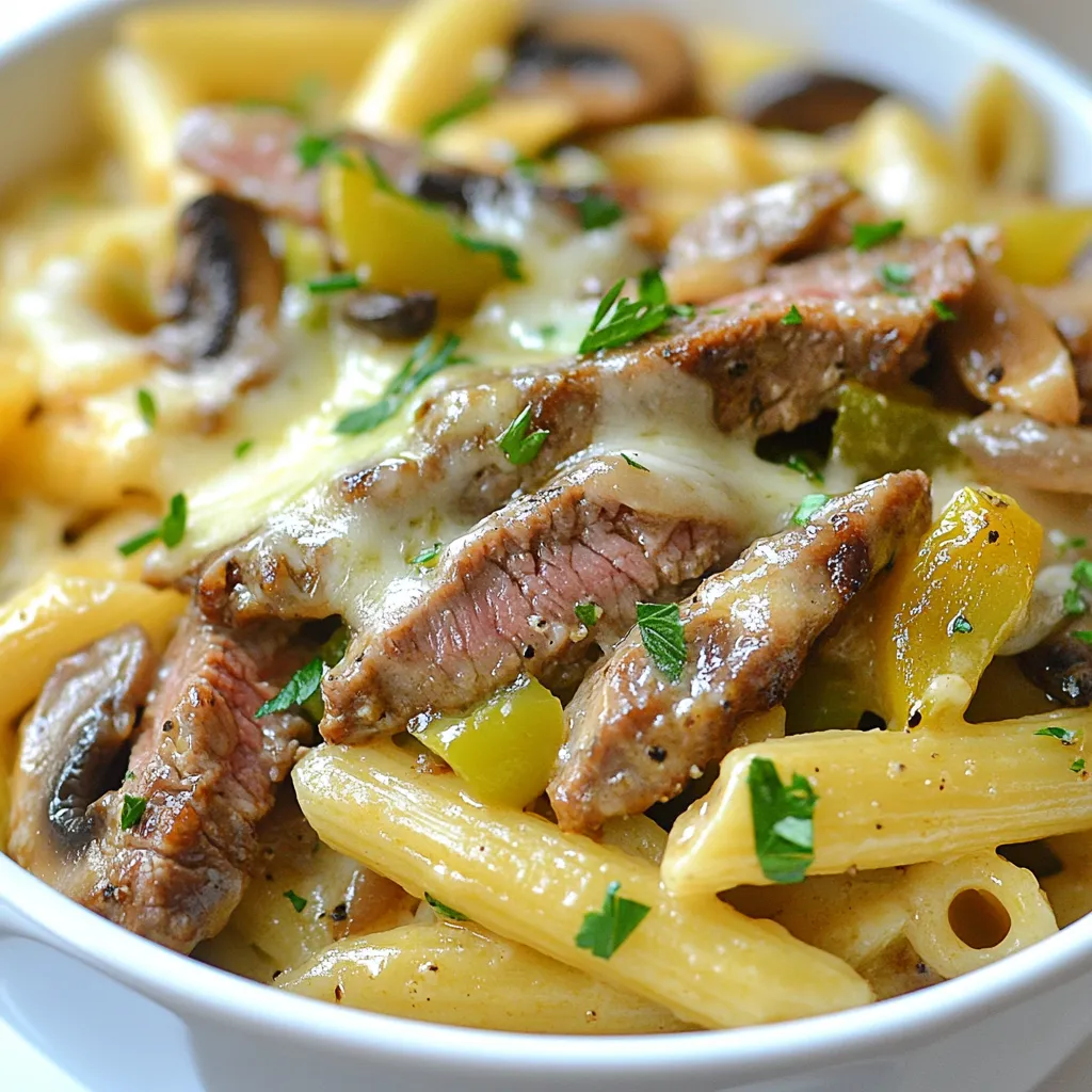 To make Philly Cheesesteak Pasta Skillet, you will need: - 8 oz. penne pasta - 1 lb. sirloin steak, thinly sliced - 1 tablespoon olive oil - 1 medium onion, thinly sliced - 1 green bell pepper, thinly sliced - 1 cup mushrooms, sliced - 2 cloves garlic, minced - 1 teaspoon dried oregano - 1 teaspoon garlic powder - 1 cup beef broth - 1 cup heavy cream - 1 cup provolone cheese, shredded - 1/2 cup grated Parmesan cheese - Salt and pepper to taste You can swap ingredients based on what you have or prefer. For example, use chicken or turkey instead of sirloin. If you want a lighter dish, you can use half-and-half instead of heavy cream. Not a fan of provolone? Try mozzarella or cheddar. For a veggie twist, add zucchini or spinach instead of meat. Always taste as you go. Adjust the salt and pepper to suit your liking. You will need a few key tools to make this dish: - Large pot for boiling pasta - Large skillet for cooking meat and veggies - Wooden spoon for stirring - Measuring cups and spoons - Sharp knife and cutting board for slicing These tools will help you create a tasty meal with ease. Make sure to have everything ready before you start cooking. This way, you can enjoy the process and the delicious outcome! {{ingredient_image_1}} Start by cooking the penne pasta. Use a large pot and fill it with salted water. Bring it to a boil. Cook the pasta according to the package instructions until it is al dente. Drain the pasta and set it aside. Next, heat olive oil in a large skillet over medium-high heat. Season your thinly sliced sirloin steak with salt and pepper. Add the steak to the skillet and sear it for about 3-4 minutes. Once browned, remove the steak from the skillet and set it aside. In the same skillet, add the sliced onion, green bell pepper, and mushrooms. Sauté these veggies for about 5-7 minutes until they soften. Then, add minced garlic, dried oregano, and garlic powder. Cook for an additional minute, letting the aromas fill your kitchen. Pour in the beef broth and bring it to a simmer. Add the heavy cream next and stir everything well. Return the seared steak to the skillet and add the cooked pasta. Gently stir until the pasta is well coated with the creamy sauce. Finally, sprinkle the provolone and Parmesan cheese over the top. Mix until the cheese melts and becomes creamy throughout. Adjust the seasoning with more salt and pepper if needed. To cook pasta well, always use plenty of water. Salt the water well; it should taste like the sea. Stir the pasta often, so it doesn’t stick together. Follow the cooking time on the package closely. Test a piece a minute before the time ends. The pasta should be firm yet tender. Drain it right away to stop the cooking process. For the best sear, use a hot skillet. Make sure to dry the steak with a paper towel. This helps to get a good crust. Season the meat just before cooking. Place the steak in the pan without overcrowding. Let it cook without moving it for 3-4 minutes. This helps to form a nice brown crust. Flip the steak only once. When it’s done, let it rest for a few minutes before slicing. This keeps it juicy and flavorful. One big mistake is overcooking the steak. It should stay juicy and tender. Cook it just until it browns, then set it aside. This keeps it from getting tough. Another mistake is not seasoning the pasta water. Salt the water well before cooking. This adds flavor to the pasta itself. Lastly, don’t skip the cheese. It makes the dish creamy and rich. To change the flavor, try adding more spices. A pinch of cayenne gives it a kick. You can also use fresh herbs like parsley for a fresh taste. If you want it sweeter, add sautéed bell peppers or even a dash of sugar. For a smoky flavor, try adding smoked paprika. Adjust according to your taste preferences. For a smooth sauce, always add the cream slowly. Stir as you pour to blend well. Use full-fat cream for a richer taste. If the sauce gets too thick, add a bit of beef broth. This keeps it creamy without being too heavy. Lastly, mix in the cheese off the heat. This prevents it from clumping and ensures a velvety finish. Pro Tips Choose the Right Steak: Opt for sirloin or ribeye for a tender and flavorful result. The quality of the meat can greatly affect the overall taste of your dish. Don't Overcook the Pasta: Cook the penne just until al dente, as it will continue to cook slightly after being added to the skillet. This prevents a mushy texture. Enhance the Flavor: Consider adding a splash of Worcestershire sauce or hot sauce to the creamy sauce for an extra depth of flavor. Experiment with Cheese: While provolone is traditional, you can mix in mozzarella or cheddar for a different flavor profile and texture. {{image_2}} You can easily make a vegetarian version of the Philly cheesesteak pasta. Replace the sirloin steak with plant-based meat or sautéed mushrooms. Use a mix of veggies like zucchini, carrots, and bell peppers. This makes for a hearty meal without meat. You can also add some tofu for protein. It will soak up all the great flavors while keeping it meat-free. If you love heat, add hot peppers to your dish. Sliced jalapeños or serrano peppers work great. You can sauté them with the onions and bell peppers for a spicy kick. Adjust the amount based on your spice level. This adds a nice zing and complements the creamy sauce. Provolone is tasty, but don’t stop there! Try mozzarella or gouda for a different flavor. For a sharper taste, use cheddar or pepper jack cheese. You can even mix different cheeses for a richer flavor. Just remember to adjust the amount based on your preference for creaminess. More cheese always makes it better! To store leftovers, let your Philly cheesesteak pasta skillet cool first. Transfer it to an airtight container. Make sure to seal it tightly to keep it fresh. You can store it in the fridge for up to three days. Label the container with the date so you remember when you made it. If you want to freeze the dish, use a freezer-safe container. This meal can last up to three months in the freezer. Before freezing, avoid adding cheese to the portion you plan to freeze. Cheese might not thaw well and could become grainy. When you're ready to eat, let it thaw in the fridge overnight. To reheat, place the pasta in a skillet over low heat. Add a splash of beef broth or cream to help it stay moist. Stir it gently as it warms up. You can also microwave it in a bowl. Cover the bowl with a damp paper towel to keep it from drying out. Heat in short bursts, stirring in between. Enjoy your meal just like the first time! Yes, you can use other pasta shapes. Bowtie, fusilli, or spaghetti work well. Just adjust the cooking time based on the pasta you choose. Each shape will soak up the creamy sauce nicely. To make this dish gluten-free, use gluten-free pasta. You can also check the beef broth and cheese for gluten. Many brands offer gluten-free options. This way, everyone can enjoy this meal. Great sides include a fresh salad or garlic bread. A light Caesar salad adds crunch and freshness. Garlic bread pairs well with the creamy pasta. You can also serve it with steamed veggies for a balanced meal. Yes, you can cook this dish ahead of time. Prepare it and store it in the fridge for up to three days. When ready to eat, reheat it on the stove. Add a splash of cream if it seems dry. In this post, we covered key ingredients, step-by-step cooking, and useful tips. You learned about ingredient substitutions and essential tools. Cooking pasta and searing steak need focus and care, so avoid common mistakes. We shared variations like vegetarian ideas and different cheeses to try. Storing leftovers is easy, too. With the FAQ section, all your questions were answered. Embrace these tips and enjoy making delicious meals. Happy cooking!