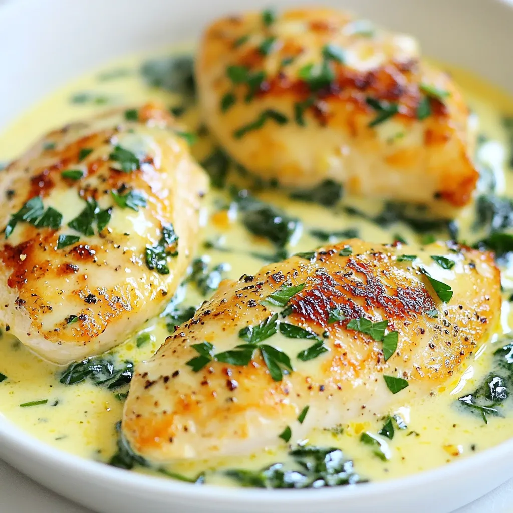 To make the Creamy Garlic Chicken Skillet, gather these items: - 4 boneless, skinless chicken breasts - 3 tablespoons olive oil - 4 cloves garlic, minced - 1 cup chicken broth - 1 cup heavy cream - 1 cup spinach, roughly chopped - 1 teaspoon dried thyme - 1 teaspoon paprika - Salt and pepper to taste - Fresh parsley, chopped (for garnish) If you need to convert measurements, here are some common ones: - 1 cup = 16 tablespoons - 1 tablespoon = 3 teaspoons - 1 teaspoon = 5 milliliters This helps when adjusting the recipe to fit your needs. For the best flavor, consider these brands: - Olive Oil: Extra virgin olive oil is best. Brands like Colavita or California Olive Ranch are great choices. - Chicken Broth: Look for low-sodium chicken broth. Swanson and Kitchen Basics make good options. - Heavy Cream: Use a high-quality heavy cream like Horizon Organic or Land O'Lakes for rich flavor. - Spices: Fresh herbs are ideal. If not, dried spices from McCormick or Simply Organic work well. Choosing quality ingredients makes a big difference in taste. {{ingredient_image_1}} To start, take the chicken breasts and season them. Use salt, pepper, thyme, and paprika. Rub the seasonings on both sides of each chicken breast. This step adds great flavor. Next, heat three tablespoons of olive oil in a large skillet over medium-high heat. Once the oil is hot, add the chicken breasts. Cook them for about 5-6 minutes on each side. Look for a golden brown color. You want them cooked through but not dry. After cooking, take the chicken out and set it aside on a plate. Now, let’s make the sauce. In the same skillet, lower the heat to medium. Add four cloves of minced garlic. Sauté the garlic for about 30 seconds. You want it fragrant but not burned. Pour in one cup of chicken broth. Scrape any brown bits from the bottom of the skillet. These bits add flavor. Bring the broth to a gentle simmer for about 2-3 minutes. Now, stir in one cup of heavy cream. Mix until it’s well combined. Add one cup of roughly chopped spinach and let it wilt for about 2 minutes. Return the chicken to the skillet. Spoon the creamy garlic sauce over each piece. Let it simmer for an extra 3-4 minutes. This step helps the flavors blend together. After that, your creamy garlic chicken is ready to enjoy. To get chicken that is juicy and tender, follow these steps: - Use a meat thermometer. Cook the chicken until it reaches 165°F. - Let the chicken rest for a few minutes after cooking. This helps keep the juices in. - Don't overcrowd the skillet. Cook in batches if needed for even browning. To make your dish pop, use these tips: - Season the chicken well with salt and pepper. - Add fresh herbs like thyme or rosemary for a bright taste. - Try adding a squeeze of lemon juice for extra freshness. - Mix in some grated Parmesan cheese to the sauce for a rich flavor. Watch out for these common errors: - Cooking the chicken over high heat can dry it out. Use medium heat instead. - Forgetting to scrape the brown bits from the skillet can lose flavor. - Adding spinach too early can make it soggy. Wait until the sauce is ready. - Skipping the resting time after cooking leads to dry chicken. Always let it rest! Pro Tips Use Fresh Garlic: Freshly minced garlic will provide a more robust flavor compared to pre-minced varieties. Always opt for fresh when possible for the best taste. Adjust the Creaminess: For a lighter sauce, you can substitute half of the heavy cream with low-fat milk or Greek yogurt. This will still keep the dish creamy without the extra calories. Perfectly Cooked Chicken: Use a meat thermometer to check the internal temperature of the chicken. It should reach 165°F (75°C) for safe consumption while remaining juicy. Customize the Greens: Feel free to swap out spinach for other greens like kale or Swiss chard, depending on your preference or what's available in your fridge. {{image_2}} You can make Creamy Garlic Chicken Skillet healthier by using low-fat options. Instead of heavy cream, try using half-and-half or coconut milk. This cuts down on fat but keeps a creamy texture. You can also use skinless chicken thighs for more flavor and moisture. For a lighter dish, add more chicken broth and less cream. You can easily add vegetables to this dish. Try adding bell peppers, broccoli, or zucchini. Just sauté them in the skillet before you add the garlic. You can also use alternative proteins. Tofu or chickpeas work well in this recipe. Just make sure to adjust the cook time so they heat through. Pair this dish with simple sides for a complete meal. Serve it over rice or pasta to soak up the creamy sauce. You can also add a fresh salad for a crunchy contrast. Garnish with fresh parsley for a pop of color. A sprinkle of grated cheese can add richness too. Store your creamy garlic chicken in an airtight container. This keeps the flavors fresh. Let the dish cool down before sealing it. It is best to eat it within three days. Make sure your fridge is at 40°F or below for safe storage. When you're ready to enjoy leftovers, reheat the dish on the stove. Use medium heat and stir often. You can add a splash of chicken broth to keep it creamy. Heat until it’s warm all the way through. This usually takes about 5-7 minutes. You can also use the microwave. Heat in short bursts of 30 seconds. Stir in between to ensure even heating. If you want to freeze this dish, do it before adding cream. Cook the chicken and make the sauce, then cool it down. Place it in a freezer-safe container. It can last up to three months in the freezer. When you’re ready to eat, thaw it in the fridge overnight. Then, add the cream and heat as mentioned above. This keeps the dish fresh and tasty. You can use half-and-half for a lighter option. Milk with butter also works well. Mix 3/4 cup of milk with 1/4 cup of melted butter. For a non-dairy choice, try coconut cream or cashew cream. Each substitute changes the flavor a bit, so choose what fits your taste. This dish will stay fresh for about 3 to 4 days in the fridge. Make sure to store it in a sealed container. If you want to keep it longer, consider freezing it instead. Yes, you can make this dish ahead. Cook it fully and let it cool. Store it in the fridge for up to 3 days. Reheat it gently on the stove. This will help keep the cream and flavors intact. Yes, you can make a vegetarian version. Replace the chicken with tofu or mushrooms. Use vegetable broth instead of chicken broth. For cream, use a plant-based version like almond or soy cream. Add more veggies for color and taste. This blog covered how to make a tasty Creamy Garlic Chicken Skillet. We looked at ingredients, cooking steps, and tips to ensure your chicken turns out great. I shared ways to make it healthier and storage advice too. With these insights, you can enjoy a flavorful meal any day. Don't forget to experiment with flavors and variations. Cooking should be fun, so try new things. I'm confident you can create a dish your family will love!