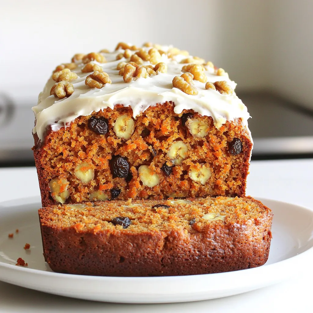 - 2 ripe bananas, mashed - 1 cup finely grated carrots (about 2 medium carrots) - 2 large eggs - 1/2 cup vegetable oil - 1 cup brown sugar - 1 1/2 cups all-purpose flour The base of this recipe lies in the essential ingredients. Ripe bananas bring natural sweetness and moisture. Finely grated carrots add flavor and a slight crunch. Eggs are the binding agent, helping the bread rise. Vegetable oil keeps the bread moist and tender. Brown sugar gives a deep, rich flavor. Lastly, all-purpose flour provides structure. - 1/2 cup chopped walnuts or pecans - 1/2 cup raisins You can add a twist with optional ingredients. Chopped walnuts or pecans give a nutty crunch. Raisins add a touch of sweetness and chewiness. Both options enhance the texture and flavor of the bread. - 1 teaspoon baking soda - 1/2 teaspoon baking powder - 1/2 teaspoon salt - 1 teaspoon ground cinnamon - 1/4 teaspoon ground nutmeg Spices and leavening agents bring warmth and rise. Baking soda and powder help the bread rise. Salt balances the sweetness. Ground cinnamon and nutmeg add depth, making every bite feel cozy and comforting. - Preheat oven to 350°F (175°C). - Grease a 9x5-inch loaf pan. Start by warming up your oven. This step helps the bread rise well. Use butter or oil to grease the pan. This keeps the bread from sticking. - Combine bananas, carrots, eggs, oil, sugar, and vanilla. In a large bowl, mash the ripe bananas. You want them smooth. Add the finely grated carrots next. Then, crack in the eggs. Pour in the vegetable oil and brown sugar. Don't forget the vanilla extract! Whisk everything until it blends well. - Whisk flour, baking soda, baking powder, salt, and spices. In another bowl, mix the all-purpose flour, baking soda, and baking powder. Add salt, ground cinnamon, and ground nutmeg. Use a whisk to combine these dry ingredients. This helps to evenly spread the leavening agents and spices. - Fold dry into wet ingredients, add optional ingredients. - Pour into pan and bake. Slowly add the dry mix to the wet mix. Gently fold them together. Do not overmix, or your bread may become tough. If you want, add chopped walnuts or pecans and raisins. Pour the batter into your greased loaf pan. Spread it out evenly. Bake in your preheated oven for 55-65 minutes. Use a toothpick to check for doneness. If it comes out clean, your bread is ready. Let it cool in the pan for about 10 minutes. After that, transfer it to a wire rack. To make your bread soft and moist, avoid overmixing the batter. Mix until just combined. If you mix too long, the bread can get tough. Use ripe bananas for the best sweetness. The browner the banana, the sweeter the bread. To check if your bread is done, use the toothpick test. Insert a toothpick into the center of the bread. If it comes out clean, your bread is ready. This usually takes about 55-65 minutes at 350°F. For a lovely presentation, slice the bread and place it on a nice platter. You can drizzle simple cream cheese frosting on top for extra flavor. This not only looks great but also adds a sweet touch. Enjoy your Carrot Cake Banana Bread warm or at room temperature! {{image_2}} You can easily swap out flour or sugar in this recipe. For flour, use almond flour or coconut flour. Both add a nutty flavor. For sugar, try maple syrup or honey. They will give a great taste and moisture. Boost the flavor with spices or zest. Add ginger for a warm kick. Lemon or orange zest brightens the bread. You can also mix in cocoa powder for a chocolate twist. Each addition makes this bread unique and tasty. If you need gluten-free options, use a gluten-free flour blend. Make this bread vegan by replacing eggs with flaxseed meal. Mix one tablespoon of flaxseed with three tablespoons of water. Let it sit for five minutes to thicken. These swaps keep the taste great while meeting dietary needs. To keep your Carrot Cake Banana Bread fresh, wrap it well. Use plastic wrap or aluminum foil. You can also place it in an airtight container. This helps keep moisture in and air out. Store it at room temperature for up to three days. If you want it to last longer, refrigeration is a good option. You can freeze this bread for later enjoyment. First, let it cool completely. Then, wrap the bread tightly in plastic wrap. After that, place it in a zip-top freezer bag. Press out as much air as you can before sealing. This method helps keep the bread fresh for up to three months. When you're ready to eat, thaw it overnight in the fridge. Reheating slices is easy and keeps the bread tasty. You can use a microwave or an oven. For the microwave, heat each slice for about 15-20 seconds. If you prefer the oven, set it to 350°F (175°C). Place the slices on a baking sheet for about 5-10 minutes. This method restores warmth and flavor without drying it out. Enjoy your slice warm! Yes, you can use whole wheat flour. It will change the taste and texture. The bread may be denser and have a nuttier flavor. Use the same amount as all-purpose flour. Carrot Cake Banana Bread lasts about 4 to 5 days at room temperature. Keep it in an airtight container. You can also refrigerate it for up to a week. Yes, you can use mini loaf pans. Adjust the baking time to about 25 to 30 minutes. Check for doneness with a toothpick. You can use mashed bananas or applesauce as a substitute. Use 1/4 cup of either for each egg. This keeps the bread moist and adds flavor. Yes, this bread is great for breakfast. It has fruits and veggies, making it a tasty, healthy choice. Enjoy it with coffee or tea for a perfect start to your day. We explored a tasty Carrot Cake Banana Bread recipe. You learned about key ingredients like ripe bananas, carrots, and spices. I shared step-by-step instructions to make it easy. You also discovered helpful tips for the best texture and serving ideas. Lastly, we covered storage, variations, and answers to common questions. Making this bread can bring joy to your baking. Try it and enjoy the flavors you create!
