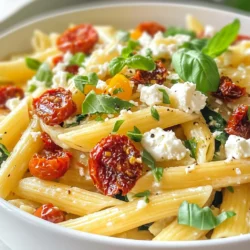 To make the best sun-dried tomato pasta, you'll need: - 300g pasta (penne or fusilli) - 100g sun-dried tomatoes, chopped - 2 tablespoons olive oil - 3 cloves garlic, minced - 1 cup cherry tomatoes, halved - 1/2 teaspoon red pepper flakes (optional) - Salt and pepper to taste - 1 cup fresh spinach - 50g feta cheese, crumbled - Fresh basil leaves for garnish - 1 tablespoon balsamic vinegar (optional for extra flavor) These ingredients create a dish full of flavor and color. The sun-dried tomatoes give a rich, tangy taste that shines through. When choosing pasta, I suggest penne or fusilli. Both types hold sauce well. Penne has tubes that trap flavors inside. Fusilli twists allow the sauce to cling to every bite. You can also use spaghetti or any pasta you like best! You can make this dish even better with a few extras. Try adding: - Fresh herbs like parsley or oregano for more flavor. - A squeeze of lemon juice for brightness. - Cooked chicken or shrimp for protein. These enhancements can add a personal touch to your pasta dish. Feel free to mix and match based on what you enjoy! {{ingredient_image_1}} Start by boiling water in a large pot. Add a good amount of salt. Once the water is bubbling, toss in 300 grams of pasta. I like penne or fusilli for this dish. Cook it according to the package directions until it is al dente. This usually takes about 8 to 10 minutes. Drain the pasta but keep a small cup of the cooking water. This water helps to mix flavors later. In a large skillet, heat 2 tablespoons of olive oil over medium heat. Add 3 cloves of minced garlic. Sauté the garlic for about 1 minute. You want to smell that garlic aroma. Next, add 1 cup of halved cherry tomatoes. Cook these for about 3 to 4 minutes. You want them to soften but not lose their shape. Stir them well to mix with the garlic. Now, it’s time to add flavor. Toss in 100 grams of chopped sun-dried tomatoes. If you like a little heat, add 1/2 teaspoon of red pepper flakes. Stir everything together and let it cook for another 2 minutes. The tomatoes will add a rich taste that pairs well with the garlic. Next, add the cooked pasta to the skillet. Mix well with all the ingredients. If it seems dry, use the reserved pasta water to make it creamier. Gently fold in 1 cup of fresh spinach. Season with salt and pepper to taste. Cook for another 1 to 2 minutes until the spinach wilts. Finally, take the skillet off the heat. Sprinkle 50 grams of crumbled feta cheese on top. If you want, drizzle 1 tablespoon of balsamic vinegar for an extra flavor boost. Serve your sun-dried tomato pasta in shallow bowls. Garnish with fresh basil leaves and an extra sprinkle of feta. A drizzle of olive oil adds a nice touch too. Enjoy this quick and easy meal! To cook pasta perfectly, start with a large pot. Fill it with water and add a good amount of salt. The water should taste like the sea. Bring the water to a rolling boil before adding your pasta. Stir it right after adding to prevent sticking. Cook until al dente, which means firm to the bite. Drain the pasta but keep a little water for later. This water helps combine the sauce smoothly. When picking sun-dried tomatoes, look for ones packed in oil. They taste fresher and are softer. If you see dry ones, check for any signs of mold or unusual color. Choose tomatoes that feel plump and vibrant. You can also find them sold in jars or bags. Always check the expiration date to ensure you're getting the best quality. To boost the flavor of your sun-dried tomato pasta, consider adding fresh herbs. Basil, parsley, or oregano can brighten the dish. A splash of balsamic vinegar adds a sweet tang. You can also sprinkle some cheese for extra creaminess. Red pepper flakes give a nice kick, but only if you like spice. Remember, a drizzle of high-quality olive oil right before serving makes everything shine. Pro Tips Use Quality Olive Oil: The flavor of olive oil can greatly affect the overall taste of the dish. Choose a high-quality extra virgin olive oil for the best results. Don’t Overcook the Pasta: Cooking the pasta until al dente ensures it maintains a nice texture and will not become mushy when combined with the sauce. Fresh Herbs Matter: Using fresh basil not only enhances the flavor but also adds a beautiful pop of color to the dish. Always opt for fresh herbs when possible. Customize Your Cheese: If feta isn’t your favorite, try substituting with goat cheese or Parmesan for a different flavor profile that pairs well with the sun-dried tomatoes. {{image_2}} You can easily make this dish more veggie-rich. Try adding more vegetables like bell peppers, zucchini, or mushrooms. These add color and flavor. You can also toss in some artichoke hearts or olives for a Mediterranean twist. Fresh herbs like parsley or oregano brighten up the dish too. These add fresh taste and aroma. Want to make your meal heartier? Add protein! Grilled chicken or shrimp work great. You can also use chickpeas or lentils for a plant-based option. They pack in protein and fiber. If you enjoy seafood, try tossing in some cooked salmon or tuna. These options keep your meal filling and satisfy your hunger. If you need gluten-free options, choose gluten-free pasta. Many brands offer great taste and texture. You can also use zucchini noodles or spaghetti squash. They create a light and healthy base. Just make sure to adjust cooking times for these alternatives. These options help you enjoy the dish without the gluten. To keep your leftover sun-dried tomato pasta fresh, store it in an airtight container. Make sure the pasta cools down to room temperature first. Seal the container tightly to prevent air from getting in. You can store it in the fridge for up to three days. If you want to keep it longer, freeze it. Use freezer-safe containers or bags, and it can last for up to three months. When you are ready to eat your leftovers, you can reheat them easily. For the best results, use the stove. Heat a skillet over medium heat and add a splash of olive oil. Add the pasta and a little water to help it heat evenly. Stir occasionally for about 5-7 minutes until it’s warm. If you prefer the microwave, place your pasta in a microwave-safe dish. Add a bit of water and cover it. Heat in short bursts of 1 minute, stirring in between, until hot. Meal prepping this dish is a great way to save time. You can cook the pasta and store it separately from the sauce. Keep the sun-dried tomatoes, garlic, and spinach in the fridge. When you’re ready to eat, just sauté them together and add the pasta. This way, your pasta stays fresh and doesn’t get mushy. You can also portion out servings into containers for easy grab-and-go meals during the week. Yes, you can use store-bought sun-dried tomatoes. They save time and taste great. Look for ones packed in oil for more flavor. If they are dry, soak them in warm water. This will help them soften. If you want a substitute for feta, try goat cheese or ricotta. Both add creaminess. You can also use a dairy-free cheese if you prefer. Just keep in mind the flavor may change slightly. To spice up your sun-dried tomato pasta, add more red pepper flakes. You can also use fresh chili peppers or hot sauce. Start with a little, then taste and adjust to your liking. Yes, you can add meat to this dish. Chicken, shrimp, or sausage work well. Cook the meat first, then follow the recipe. Just make sure it’s cooked through before mixing it with the pasta. Penne or fusilli work best for sun-dried tomato pasta. Their shapes hold the sauce nicely. Other options include spaghetti or farfalle. Choose your favorite pasta type to match your taste! We covered the vital ingredients for making sun-dried tomato pasta. You learned about essential items, pasta choices, and tasty enhancements. I shared step-by-step cooking tips, from perfect pasta to adding spinach and feta. Helpful tricks can improve your skills, like choosing quality sun-dried tomatoes. Variations allow for creativity, with options for different diets. In the end, this dish is easy to adapt and delicious. Enjoy experimenting and making it your own. You’ll impress your friends and family!