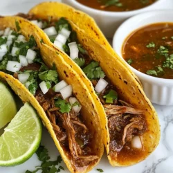 - 3 lbs beef chuck roast - 4 dried guajillo chilies - 2 dried ancho chilies - 1 onion - 4 cloves garlic - 2 teaspoons ground cumin - 2 teaspoons dried oregano - 1 tablespoon apple cider vinegar - 4 cups beef broth - Salt and pepper to taste - Corn tortillas - Chopped fresh cilantro - Lime wedges When making Slow Cooker Birria Tacos, the right ingredients make all the difference. The beef chuck roast gives a rich flavor and tender texture. I love using dried guajillo and ancho chilies for their unique taste. They add depth and warmth to the dish. For the additional ingredients, an onion and garlic are essential. They create a base flavor that is hard to beat. Ground cumin and dried oregano enhance the dish with bold spices. Apple cider vinegar adds a touch of acidity that brightens the flavors. The beef broth is crucial for cooking the meat and creating a savory sauce. Don’t forget to season with salt and pepper. It’s simple but important for bringing out all the flavors. For serving, I recommend warm corn tortillas. They are perfect for holding all the delicious filling. Chopped fresh cilantro adds a nice color and fresh taste. A squeeze of lime juice right before you bite into the taco creates a burst of flavor that makes each taco even better. Enjoy this mix of flavors and textures! {{ingredient_image_1}} To make the best birria tacos, start with the dried chilies. - Toasting the dried chilies: Heat a dry skillet over medium heat. Add the guajillo and ancho chilies. Toast them for about 1-2 minutes. You want them fragrant but not burnt. - Soaking instructions: Once toasted, take them off the heat. Place them in a bowl and cover with hot water. Let them soak for 15-20 minutes until soft. Now that the chiles are ready, it’s time to make the sauce. - Ingredients for the sauce: You need the soaked chiles, onion, garlic, cumin, oregano, apple cider vinegar, and some beef broth. - Blending tips: Drain the chiles and put them in a blender. Add the onion, garlic, cumin, oregano, vinegar, and about 1 cup of broth. Blend until smooth. Set the sauce aside. Next, we will prepare the beef. - Seasoning and placing the meat: Take the beef chuck roast and season it with salt and pepper. Cut it into large chunks. Place the meat in the slow cooker. - Combining all ingredients in the slow cooker: Pour the blended chile sauce over the meat. Add the remaining beef broth, ensuring the meat is mostly covered. Cooking time is crucial for tender meat. - Low vs. high cooking settings: You can cook on low for 8 hours or high for 4-5 hours. Both methods work well. - Signs the meat is ready: The meat is done when it shreds easily with a fork. Now, let’s shred the meat for the tacos. - Techniques for shredding: Remove the beef from the slow cooker. Use two forks to shred the meat. - Using reserved broth: Set aside a cup of the cooking liquid. This will be your dipping sauce. It's time to put it all together! - Heating tortillas: Heat corn tortillas in a skillet until warm and soft. - Filling and garnishing tacos: Fill each tortilla with shredded birria meat. Top with chopped cilantro and diced onions. Serve with lime wedges and the reserved broth on the side. - Choosing the right cut of meat: I recommend using beef chuck roast. Its fat content makes it tender and juicy. Look for bright red meat with good marbling. This cut breaks down well during cooking, giving you rich flavor. - Flavor enhancements: To boost the taste, try adding smoked paprika or a dash of cinnamon. These spices deepen the flavor profile. You can also add a bit more garlic for an extra kick. - Slow cooker settings: For best results, cook on low for 8 hours. This slow method makes the meat tender. If short on time, high for 4-5 hours works too. Just keep an eye on the meat. - Monitoring moisture levels: Make sure the meat stays mostly submerged in broth. If the liquid cooks down too much, add a bit more beef broth. This keeps the meat juicy and flavorful. - Pairing sides and drinks: Birria tacos pair well with Mexican rice or refried beans. For drinks, consider a refreshing agua fresca or a light beer. They balance the rich flavors of the tacos. - Presentation ideas: Serve the tacos on a colorful platter. Add lime wedges and bowls of diced onions and cilantro. This makes the meal look vibrant and inviting. Pro Tips Chili Soaking Time: Ensure the dried chilies are soaked long enough for optimal softness, which helps in blending them smoothly into the sauce. Beef Broth Flavor: Using a quality beef broth enhances the overall depth of flavor in the birria, so opt for low sodium for better control over seasoning. Meat Shredding Technique: For easier shredding, let the meat rest for a few minutes after cooking; this makes it easier to handle and retains moisture. Taco Assembly: Warm the tortillas just before assembling the tacos to make them pliable, preventing them from cracking when filled. {{image_2}} You can use other meats for birria. Pork shoulder works well and gives great flavor. You can also try lamb for a unique twist. If you're looking for a vegetarian option, jackfruit is a fantastic choice. It mimics the texture of meat and soaks up the rich sauce well. To spice things up, add more chilies. Chipotle chilies bring heat and a smoky taste. You can also mix in fresh herbs like cilantro or parsley. Thyme and bay leaves add depth to the flavor too. Experiment with your favorite spices to find the perfect balance for your taste. Birria is not just for tacos! You can make burritos or quesadillas with the same filling. Just use larger tortillas and add cheese for quesadillas. For toppings, consider avocado, radishes, or a drizzle of crema. These add freshness and flavor to your meal. To store leftovers, place birria in an airtight container. This keeps it fresh and tasty. Make sure to cool it down before sealing. The birria can last in the fridge for 3 to 4 days. When you're ready to eat, check for any off smells or changes in texture. You can freeze birria for longer storage. First, let it cool completely. Then, pack it in freezer-safe bags or containers. Remove as much air as possible to avoid freezer burn. The birria can last up to 3 months in the freezer. To thaw, move it to the fridge overnight. You can also use the microwave for quick thawing. For reheating, the microwave works well. Place birria in a bowl and cover it. Heat in short bursts, stirring in between. If you prefer stovetop, heat it in a pan over low heat. Add a splash of broth to keep it moist. The oven is another option; cover it with foil and heat at 350°F for about 20 minutes. Yes, you can make Slow Cooker Birria Tacos ahead of time. After cooking, let the meat cool. Store it in an airtight container in the fridge. It will last for up to three days. For best flavor, keep the broth with the meat. When ready to eat, reheat it on the stove or in the microwave. Make sure it’s hot all the way through before serving. If you don’t have beef broth, try chicken broth or vegetable broth. Both options will add flavor. You can also use water mixed with some soy sauce for a savory touch. Each substitute will give a different taste, so pick what you like best. To spice up your Birria Tacos, add more chilies. You can use more guajillo or ancho chilies. If you like it really hot, add some dried arbol chilies. Another option is to add cayenne pepper to the sauce. Start with a little and taste it as you go. Birria Tacos pair well with many sides. Try serving them with rice and beans for a filling meal. You can also add a fresh salad or corn on the cob. Don’t forget chips with salsa or guacamole. They add a nice crunch and flavor. You now know how to make delicious Slow Cooker Birria Tacos. We covered the main ingredients, like the beef and dried chilies, and how to prepare them. You learned step-by-step instructions to ensure perfect tacos every time. Remember the tips for storing and reheating, and feel free to try different meats and flavors. Birria tacos are not just a meal; they can be a fun cooking adventure. Enjoy sharing your tasty creations with friends and family!