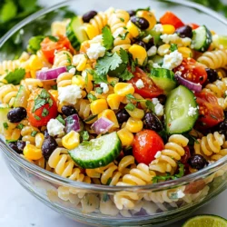 - 2 cups whole wheat pasta (fusilli or rotini) - 1 cup cherry tomatoes, halved - 1 cup cucumber, diced - 1/2 red bell pepper, diced - 1/4 red onion, finely chopped - 1/2 cup corn kernels (fresh or frozen) - 1 cup canned black beans, rinsed and drained - 1/4 cup fresh cilantro, chopped - 3 tablespoons olive oil - 2 tablespoons lime juice (freshly squeezed) - 1 teaspoon honey or agave syrup - Salt and pepper to taste - 1/2 teaspoon chili powder (optional for a kick) - 1/4 cup feta cheese, crumbled You can change some ingredients to fit your taste. Use any pasta you like, such as penne or spaghetti. If you want more crunch, add bell peppers or radishes. Feel free to swap black beans for kidney beans or chickpeas. If you do not have fresh lime juice, bottled juice works too, but fresh gives the best taste. You can replace honey with maple syrup for a vegan option. For a creamy twist, add some avocado. These substitutes make the recipe your own while keeping it fresh and tasty. Enjoy experimenting! {{ingredient_image_1}} First, boil water in a large pot. Add two cups of whole wheat pasta. I like fusilli or rotini for this salad. Cook according to the package instructions until it is al dente. This usually takes about 8 to 10 minutes. Once done, drain the pasta and rinse it under cold water. This helps cool the pasta quickly. Set it aside while you prepare the other ingredients. Grab a large mixing bowl. In this bowl, add one cup of halved cherry tomatoes and one cup of diced cucumber. Next, chop half of a red bell pepper into small pieces and add it too. Then, finely chop a quarter of a red onion. Toss in half a cup of corn kernels, either fresh or frozen. Finally, rinse and drain one cup of canned black beans before adding them. Don’t forget to add a quarter cup of freshly chopped cilantro. This mix gives the salad a great crunch and flavor! In a separate small bowl, whisk together three tablespoons of olive oil and two tablespoons of freshly squeezed lime juice. Add one teaspoon of honey or agave syrup for a touch of sweetness. Season with salt and pepper to taste. If you like a little kick, add half a teaspoon of chili powder. Whisk until it is well combined. This dressing ties the salad together beautifully. Now, take the cooled pasta and add it to the bowl of veggies and beans. Pour the dressing over the top. Gently toss everything together. You want to coat the pasta and vegetables with the dressing evenly. If you like, you can sprinkle crumbled feta cheese on top for extra flavor. Let the salad sit for at least 15 minutes before serving. This helps all the flavors blend together nicely. Enjoy your fresh and flavorful cilantro lime pasta salad! For a great dressing, use fresh lime juice. It gives a bright and zesty taste. Combine olive oil, lime juice, and honey or agave in a bowl. Whisk them well until blended. This mix adds richness and tang. Adjust salt and pepper to your liking. If you want a bit of spice, add chili powder. This adds a nice kick without being too hot. Cilantro is key in this salad. Its fresh taste lifts the entire dish. You can also try adding parsley or green onions for extra flavor. Chop the herbs finely. This helps distribute their taste throughout the salad. Don’t skip this step; fresh herbs make a big difference. Serve your salad in a clear bowl. This shows off the bright colors of the ingredients. Garnish with extra cilantro and lime wedges. This not only looks nice but also adds more flavor. Consider pairing this salad with grilled chicken or shrimp for protein. It also works well with tortilla chips or crusty bread. Enjoy it as a side dish or a light main meal. Pro Tips Cook Pasta Perfectly: Make sure to cook the pasta al dente for the best texture. This will help it hold up against the other ingredients in the salad. Cool Pasta Quickly: Rinsing the pasta under cold water not only cools it down but also prevents it from becoming sticky. This keeps the salad light and fresh. Customize Your Veggies: Feel free to add or swap in your favorite vegetables. Bell peppers, zucchini, or even avocado can bring unique flavors to the salad. Let It Marinate: Allowing the salad to sit for at least 15 minutes before serving lets the flavors meld together, creating a more delicious dish. {{image_2}} You can easily make this salad vegan. Just skip the feta cheese. Use more veggies for a nice crunch. You can add diced avocado for creaminess. Chickpeas are a great protein option too. They add a nice texture and flavor. For a gluten-free version, swap whole wheat pasta for gluten-free pasta. Quinoa is also a great choice. It gives a nutty taste and is full of protein. Always check labels to ensure your pasta is certified gluten-free. Want to make your salad unique? Here are some fun add-ins: - Olives: Add green or black olives for a briny kick. - Spinach or Kale: Mix in some greens for extra vitamins. - Jalapeños: For heat, add fresh jalapeños or pickled ones. - Nuts or Seeds: Sprinkle sunflower seeds or chopped nuts for crunch. Feel free to mix and match. Get creative and make it your own! To keep your cilantro lime pasta salad fresh, store it in an airtight container. Place it in the fridge. This will help maintain its flavor and texture. Make sure to eat the salad within three to four days. The longer it sits, the softer the veggies will get. I do not recommend freezing this salad. Freezing can change the texture of the pasta and veggies. The fresh taste will not be the same once thawed. If you must freeze, try freezing the dressing separately. You can then mix it with fresh pasta and veggies later. If you want to enjoy leftovers, here’s how to reheat them. First, remove the salad from the fridge. Let it sit at room temperature for about 10 minutes. This helps it warm up a bit. If you need to heat it further, use the microwave. Place a portion in a bowl and heat for 20-30 seconds. Stir and check the temperature. Be careful not to overheat. This can make the pasta mushy. Yes, you can use many pasta types. Fusilli and rotini work well. You can try penne or farfalle too. Just pick a shape you like. The cooking time may change, so check the package. This salad can last for about three days in the fridge. Keep it in a sealed container. The flavors will mix and deepen over time. However, fresh veggies may lose some crunch. You can add grilled chicken or shrimp for protein. Chopped avocado gives a creamy texture. You can also try adding more beans or quinoa for extra fiber. Mix in some nuts for a crunchy bite if you want! This blog post covered key ingredients for a pasta salad, along with cooking steps. I shared tips to perfect your dressing and enhance flavors. You learned about variations, storage tips, and common questions. Remember, you can mix ingredients and flavors to fit your taste. Use this guide to create a fun and tasty pasta salad! Happy cooking!