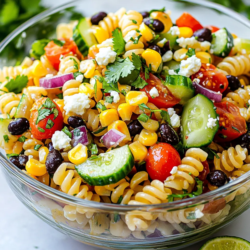 - 2 cups whole wheat pasta (fusilli or rotini) - 1 cup cherry tomatoes, halved - 1 cup cucumber, diced - 1/2 red bell pepper, diced - 1/4 red onion, finely chopped - 1/2 cup corn kernels (fresh or frozen) - 1 cup canned black beans, rinsed and drained - 1/4 cup fresh cilantro, chopped - 3 tablespoons olive oil - 2 tablespoons lime juice (freshly squeezed) - 1 teaspoon honey or agave syrup - Salt and pepper to taste - 1/2 teaspoon chili powder (optional for a kick) - 1/4 cup feta cheese, crumbled You can change some ingredients to fit your taste. Use any pasta you like, such as penne or spaghetti. If you want more crunch, add bell peppers or radishes. Feel free to swap black beans for kidney beans or chickpeas. If you do not have fresh lime juice, bottled juice works too, but fresh gives the best taste. You can replace honey with maple syrup for a vegan option. For a creamy twist, add some avocado. These substitutes make the recipe your own while keeping it fresh and tasty. Enjoy experimenting! {{ingredient_image_1}} First, boil water in a large pot. Add two cups of whole wheat pasta. I like fusilli or rotini for this salad. Cook according to the package instructions until it is al dente. This usually takes about 8 to 10 minutes. Once done, drain the pasta and rinse it under cold water. This helps cool the pasta quickly. Set it aside while you prepare the other ingredients. Grab a large mixing bowl. In this bowl, add one cup of halved cherry tomatoes and one cup of diced cucumber. Next, chop half of a red bell pepper into small pieces and add it too. Then, finely chop a quarter of a red onion. Toss in half a cup of corn kernels, either fresh or frozen. Finally, rinse and drain one cup of canned black beans before adding them. Don’t forget to add a quarter cup of freshly chopped cilantro. This mix gives the salad a great crunch and flavor! In a separate small bowl, whisk together three tablespoons of olive oil and two tablespoons of freshly squeezed lime juice. Add one teaspoon of honey or agave syrup for a touch of sweetness. Season with salt and pepper to taste. If you like a little kick, add half a teaspoon of chili powder. Whisk until it is well combined. This dressing ties the salad together beautifully. Now, take the cooled pasta and add it to the bowl of veggies and beans. Pour the dressing over the top. Gently toss everything together. You want to coat the pasta and vegetables with the dressing evenly. If you like, you can sprinkle crumbled feta cheese on top for extra flavor. Let the salad sit for at least 15 minutes before serving. This helps all the flavors blend together nicely. Enjoy your fresh and flavorful cilantro lime pasta salad! For a great dressing, use fresh lime juice. It gives a bright and zesty taste. Combine olive oil, lime juice, and honey or agave in a bowl. Whisk them well until blended. This mix adds richness and tang. Adjust salt and pepper to your liking. If you want a bit of spice, add chili powder. This adds a nice kick without being too hot. Cilantro is key in this salad. Its fresh taste lifts the entire dish. You can also try adding parsley or green onions for extra flavor. Chop the herbs finely. This helps distribute their taste throughout the salad. Don’t skip this step; fresh herbs make a big difference. Serve your salad in a clear bowl. This shows off the bright colors of the ingredients. Garnish with extra cilantro and lime wedges. This not only looks nice but also adds more flavor. Consider pairing this salad with grilled chicken or shrimp for protein. It also works well with tortilla chips or crusty bread. Enjoy it as a side dish or a light main meal. Pro Tips Cook Pasta Perfectly: Make sure to cook the pasta al dente for the best texture. This will help it hold up against the other ingredients in the salad. Cool Pasta Quickly: Rinsing the pasta under cold water not only cools it down but also prevents it from becoming sticky. This keeps the salad light and fresh. Customize Your Veggies: Feel free to add or swap in your favorite vegetables. Bell peppers, zucchini, or even avocado can bring unique flavors to the salad. Let It Marinate: Allowing the salad to sit for at least 15 minutes before serving lets the flavors meld together, creating a more delicious dish. {{image_2}} You can easily make this salad vegan. Just skip the feta cheese. Use more veggies for a nice crunch. You can add diced avocado for creaminess. Chickpeas are a great protein option too. They add a nice texture and flavor. For a gluten-free version, swap whole wheat pasta for gluten-free pasta. Quinoa is also a great choice. It gives a nutty taste and is full of protein. Always check labels to ensure your pasta is certified gluten-free. Want to make your salad unique? Here are some fun add-ins: - Olives: Add green or black olives for a briny kick. - Spinach or Kale: Mix in some greens for extra vitamins. - Jalapeños: For heat, add fresh jalapeños or pickled ones. - Nuts or Seeds: Sprinkle sunflower seeds or chopped nuts for crunch. Feel free to mix and match. Get creative and make it your own! To keep your cilantro lime pasta salad fresh, store it in an airtight container. Place it in the fridge. This will help maintain its flavor and texture. Make sure to eat the salad within three to four days. The longer it sits, the softer the veggies will get. I do not recommend freezing this salad. Freezing can change the texture of the pasta and veggies. The fresh taste will not be the same once thawed. If you must freeze, try freezing the dressing separately. You can then mix it with fresh pasta and veggies later. If you want to enjoy leftovers, here’s how to reheat them. First, remove the salad from the fridge. Let it sit at room temperature for about 10 minutes. This helps it warm up a bit. If you need to heat it further, use the microwave. Place a portion in a bowl and heat for 20-30 seconds. Stir and check the temperature. Be careful not to overheat. This can make the pasta mushy. Yes, you can use many pasta types. Fusilli and rotini work well. You can try penne or farfalle too. Just pick a shape you like. The cooking time may change, so check the package. This salad can last for about three days in the fridge. Keep it in a sealed container. The flavors will mix and deepen over time. However, fresh veggies may lose some crunch. You can add grilled chicken or shrimp for protein. Chopped avocado gives a creamy texture. You can also try adding more beans or quinoa for extra fiber. Mix in some nuts for a crunchy bite if you want! This blog post covered key ingredients for a pasta salad, along with cooking steps. I shared tips to perfect your dressing and enhance flavors. You learned about variations, storage tips, and common questions. Remember, you can mix ingredients and flavors to fit your taste. Use this guide to create a fun and tasty pasta salad! Happy cooking!
