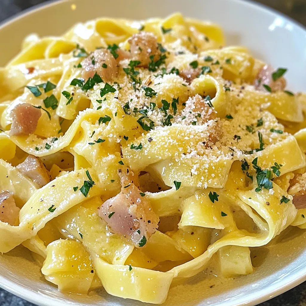 - 12 oz fettuccine pasta - 1 lb boneless, skinless chicken breast, diced - 4 oz pancetta or turkey bacon, diced - 1 cup heavy cream - 1 cup grated Parmesan cheese - 3 cloves garlic, minced - 1 teaspoon black pepper - Salt to taste - Fresh parsley, chopped When I make creamy chicken carbonara, I always think about the main ingredients first. Fettuccine pasta makes a great base. It holds the sauce well and gives that lovely texture. I like to use boneless, skinless chicken breast because it cooks evenly and stays juicy. Pancetta or turkey bacon adds a tasty, salty kick. I prefer pancetta for its rich flavor, but turkey bacon is a great lighter option. The heavy cream is what makes this dish creamy and smooth. It binds everything together perfectly. Parmesan cheese is a must; it brings in that savory umami flavor. Next, let’s talk about the seasonings. Garlic is essential. It adds depth and aroma. I usually use three cloves for a nice, bold taste. Black pepper gives that hint of spice, while salt brings out all the flavors. Finally, I love garnishing with fresh parsley. It adds color and a fresh taste that brightens the dish. Gather these ingredients, and you’re well on your way to making a delicious creamy chicken carbonara! {{ingredient_image_1}} To cook fettuccine al dente, bring a large pot of salted water to a boil. Add the fettuccine and cook based on the package directions. Al dente means the pasta is firm when bitten. This texture holds up well with sauce. After cooking, reserve one cup of pasta water before draining. This water helps adjust the sauce later. Start by cooking pancetta or turkey bacon in a large skillet over medium heat. Cook it for about five minutes until it is crispy. Remove it from the pan and set it aside. In the same skillet, add diced chicken. Season it with salt and black pepper. Cook the chicken until it turns golden and is no longer pink, about seven to eight minutes. Add minced garlic and sauté for one to two more minutes. This step enhances the flavor. In a bowl, whisk together two large eggs, one cup of heavy cream, and one cup of grated Parmesan cheese until the mix is smooth. Timing is key here. You want to combine this mixture with the pasta and chicken quickly to avoid scrambling the eggs. Add the cooked fettuccine to the skillet with chicken and pancetta. Remove the skillet from heat. Pour in the egg and cream mixture right away. Stir quickly to combine everything well. The heat will gently cook the eggs, creating a creamy sauce. If the sauce becomes too thick, add some reserved pasta water a little at a time. Adjust it until you reach your desired consistency. To keep your sauce from getting too thick, add reserved pasta water slowly. This water helps thin the sauce without losing flavor. Stir while adding to find the right texture. To enhance flavor, use fresh garlic and high-quality Parmesan. Fresh ingredients make a big difference. Don’t rush the cooking process; let the chicken brown well. This adds depth to the dish. For plating, use shallow bowls to show off the creamy sauce. Make sure the pasta sits in a nice pile, covered with sauce. Top each serving with extra Parmesan for a rich look. Garnish with fresh parsley for color and flavor. A sprinkle of black pepper adds a nice touch too. These small details make your dish more appealing. Refrigerate leftovers in airtight containers. This keeps them fresh for up to three days. When reheating, use a pan over low heat. Add a splash of cream or water to restore creaminess. Use glass or BPA-free containers for storage. They hold up well and won’t affect the taste. Proper storage helps maintain the quality of your creamy chicken carbonara. Pro Tips Use Fresh Ingredients: Fresh ingredients, especially high-quality chicken and real Parmesan cheese, will enhance the flavor and texture of your carbonara. Perfect Pasta Cooking: Make sure to cook the fettuccine just until al dente, as it will continue to cook slightly when combined with the sauce. Quick Mixing: Combine the pasta and sauce quickly off the heat to prevent the eggs from scrambling, ensuring a smooth and creamy finish. Customize Your Meat: Feel free to substitute the pancetta with your choice of bacon or even add vegetables for a unique twist on this classic dish. {{image_2}} Alternative proteins for chicken You can use shrimp or turkey in place of chicken. Both options add a new twist. For a heartier meal, try diced pork or beef. Each will bring a unique flavor to your dish. Vegetarian options If you want a meat-free version, use mushrooms or eggplant. These vegetables provide a nice texture. You can also add tofu for protein. Just make sure to season it well. Different types of pasta to use While fettuccine is a classic choice, you can swap it out for spaghetti or penne. Each pasta type will change the mouthfeel and presentation slightly. Try your favorite shape for a fun spin. Adding veggies like spinach or mushrooms Adding spinach or peas boosts color and nutrition. Sauté them briefly before mixing in the pasta. You can also use mushrooms for a rich, earthy flavor. They work well with the cream sauce. Incorporating different cheeses or spices Feel free to experiment with cheeses like Gouda or Pecorino. Each cheese will change the taste. For spices, try a dash of nutmeg or red pepper flakes for warmth. They can bring a new layer of flavor to your carbonara. Yes, you can make this dish without eggs. Use extra heavy cream and cheese instead. This will help create a rich and creamy sauce without eggs. If you prefer a vegan option, try silken tofu blended with nutritional yeast for creaminess. To make this dish gluten-free, choose gluten-free fettuccine pasta. Many brands offer great alternatives made from rice or corn. Check the labels to ensure they are certified gluten-free. If your sauce is not creamy, it may be due to low-quality cream or not whisking the mixture well. Make sure you use heavy cream and whisk the eggs, cream, and cheese together until smooth. If it's still not creamy, add a bit of reserved pasta water. Yes, you can prepare the sauce in advance, but it may not stay as creamy. Store the egg and cream mixture in the fridge, but combine it with the pasta just before serving. This helps maintain the sauce's texture. Serve Chicken Carbonara with a simple salad or steamed vegetables. Garlic bread is also a great side. For drinks, pair it with a crisp white wine or sparkling water with lemon. Each serving of creamy chicken carbonara has about 600 calories. This dish packs a good balance of macronutrients. It contains roughly 30 grams of protein, 40 grams of carbohydrates, and 35 grams of fat. The chicken and cheese give you important protein. The fettuccine adds tasty carbs. The heavy cream and pancetta bring the fat. You can make smart swaps to cut calories or fat. Use whole grain pasta instead of regular fettuccine. This change boosts fiber and nutrients. Swap heavy cream for Greek yogurt. This keeps the creaminess but cuts down on fat. For a high-protein option, try using turkey breast instead of chicken. You could also add chickpeas for extra protein and fiber. These small changes let you enjoy a delicious meal while staying health-conscious. You learned how to make a delicious Creamy Chicken Carbonara with key ingredients and steps. Start with fettuccine and chicken, and use pancetta for flavor. Remember to save pasta water for the sauce. Mix eggs, cream, and cheese wisely. Try my tips for a perfect meal. Explore variations like vegetarian options and creative flavors. Cooking is fun, and with practice, you can make this dish shine. Enjoy your cooking adventure!