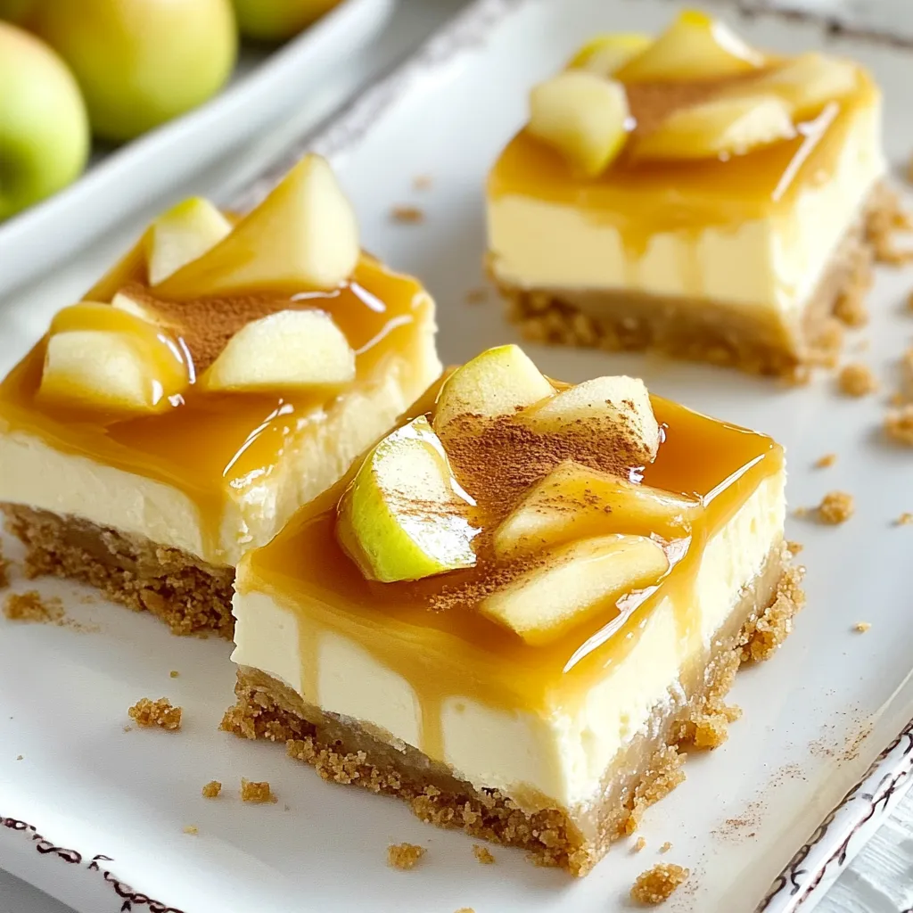 - 1 ½ cups graham cracker crumbs - ½ cup unsalted butter, melted - 1 cup cream cheese, softened - 1 cup granulated sugar - 2 large eggs - 1 teaspoon vanilla extract - 2 cups apples, peeled and diced (preferably Granny Smith) - 1 teaspoon cinnamon - ½ cup caramel sauce (store-bought or homemade) - ¼ cup chopped pecans or walnuts (optional) You can mix things up with some fun variations. Try using different apple types, like Honeycrisp or Fuji, for a sweeter taste. If you love chocolate, consider adding chocolate chips to the filling. For a nutty flavor, mix in almond extract instead of vanilla. You can also use a gluten-free crust if needed. This way, everyone can enjoy these tasty bars! {{ingredient_image_1}} 1. Preheat your oven to 325°F (163°C). Line an 8x8 inch baking pan with parchment paper, leaving some paper hanging over the sides. This helps you lift the bars out later. 2. In a medium bowl, combine 1 ½ cups of graham cracker crumbs with ½ cup of melted unsalted butter. Mix until it looks like wet sand. 3. Press the mixture evenly into the bottom of the pan. This forms a nice crust. Bake it for 10 minutes. Once done, take it out and let it cool. 1. In a large bowl, beat together 1 cup of softened cream cheese and 1 cup of granulated sugar until smooth and creamy. 2. Add in 2 large eggs, one at a time. Mix well after each egg. Then, add 1 teaspoon of vanilla extract and mix until it’s fully blended. 3. In a separate bowl, toss 2 cups of peeled and diced apples with 1 teaspoon of cinnamon. This gives the apples a lovely flavor. 4. Gently fold the cinnamon apples into the cheesecake mixture. Then, pour this mixture over the cooled crust. Make sure to spread it evenly. 1. Drizzle ½ cup of caramel sauce over the cheesecake mixture. Use a knife to gently swirl it, creating a marbled look. 2. If you want, sprinkle ¼ cup of chopped pecans or walnuts on top. This adds a nice crunch. 3. Bake the cheesecake bars for 30-35 minutes. They should be set and slightly golden on the edges. The center may jiggle a bit; it will firm up as it cools. 4. Let the bars cool to room temperature. Then, refrigerate them for at least 2 hours before cutting into squares. To get a smooth cheesecake, use room temperature ingredients. This helps them mix well. Softened cream cheese is key for a creamy filling. Let your eggs sit out for a bit before using them. This simple step makes a big difference. Cooling your cheesecake slowly helps it set right. After baking, let it cool at room temp first. Then, place it in the fridge. This helps the bars firm up without cracking. Cracks in cheesecake often come from baking too fast. To avoid this, bake your bars at a lower temperature. A gentle bake helps keep the surface smooth. Also, don’t open the oven door too often while baking. This helps keep the heat steady. Make sure your batter is mixed evenly. Uneven mixing can lead to spots that cook differently. For even baking, use a pan that fits your oven well. If your pan is too small, the heat may not circulate well. Presentation matters! Drizzle extra caramel sauce on top for a sweet touch. Add a sprinkle of cinnamon for extra flavor. Thin apple slices make a fresh garnish. They add color and a nice crunch. To impress your guests, serve the bars on a pretty plate. Stack them neatly and space them out. This simple step makes your dessert look more inviting. Pro Tips Choose the Right Apples: For the best flavor and texture, opt for tart apples like Granny Smith. Their acidity balances the sweetness of the cheesecake and caramel. Don’t Overmix the Cheesecake: While mixing the cream cheese and sugar, avoid overmixing after adding the eggs. This helps prevent cracks in the cheesecake as it bakes. Cool Gradually: Allow the cheesecake to cool to room temperature before refrigerating. This gradual cooling helps set the texture and prevents condensation. Perfect Swirl Technique: When swirling the caramel, use a knife and make gentle, simple back-and-forth motions. Too much swirling can mix the caramel into the cheesecake instead of creating a beautiful marbled effect. {{image_2}} You can change the flavor by using different apple types. Granny Smith apples are tart and great for this recipe. Honeycrisp apples add a sweet crunch. You can also try Fuji or Gala for a sweeter taste. If you want to mix it up, consider adding chocolate or peanut butter swirls. Just melt some chocolate or peanut butter and gently swirl it into the cheesecake mixture before baking. This adds a fun twist and extra flavor. For a gluten-free crust, use gluten-free graham cracker crumbs. You can find these at most grocery stores. This keeps the bars tasty while meeting gluten-free needs. If you need dairy-free options, use vegan cream cheese. Many brands make good dairy-free cream cheese. This keeps the creamy texture without using dairy. You can adapt this recipe for fall festivities. Add pumpkin puree to the cheesecake for a seasonal flavor. You can also use fresh cranberries for a tart touch. Adding seasonal spices like nutmeg or allspice can enhance the fall vibe. Just mix in a teaspoon or two with the cinnamon for a warm, cozy taste. To keep your caramel apple cheesecake bars fresh, use an airtight container. Glass or plastic containers work well. If you stack them, place parchment paper between layers. This helps avoid sticking. Refrigerate them right after they cool. Make sure to cover them tightly to prevent drying out. If you want to save some bars for later, freezing is a great option. First, wrap each bar in plastic wrap. Then, place them in a freezer-safe bag. Remove as much air as possible. This keeps them fresh for up to three months. When you're ready to eat, take the bars out and let them thaw in the fridge overnight. This way, they stay creamy and delicious. In the fridge, these cheesecake bars last about five days. Look out for any signs of spoilage. If you see mold or a sour smell, it's best to throw them away. Enjoy your treats fresh for the best taste! Yes, you can! While graham cracker crumbs work great, you have options. Try using Oreos for a chocolate twist. A nut crust made from almonds or pecans is another tasty choice. If you want a gluten-free crust, use crushed gluten-free cookies. Each crust adds its own flavor, so feel free to experiment! Yes, chilling is key! It helps the bars set properly and develop flavor. After baking, let your bars cool to room temp. Then, refrigerate for at least 2 hours. This waiting time lets the cheesecake firm up. It also makes cutting the bars easier. Trust me, the flavor is worth the wait! Watch for a few signs. The edges should look golden and set. The center might jiggle a bit; that’s okay! It will firm up as it cools. You can also insert a toothpick into the center. If it comes out clean or with a few crumbs, your bars are ready! In this blog post, I covered how to make delicious caramel apple cheesecake bars. I shared the key ingredients, steps for preparation, and tips for perfect texture. You can also try variations and learn how to store these treats. Remember, follow the instructions closely. Practice makes perfect! Enjoy these bars at your next gathering or as a sweet snack. They are sure to impress anyone who tastes them.
