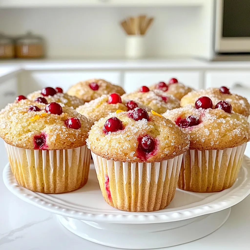 To make these bakery-style cranberry orange muffins, you'll need: - 2 cups all-purpose flour - 1 cup fresh or frozen cranberries, roughly chopped - 1 cup granulated sugar - 1/2 cup unsalted butter, melted and cooled - 1 cup buttermilk (or substitute with milk + 1 tbsp lemon juice) - 2 large eggs - Zest of 1 large orange - Juice of 1 large orange - 2 teaspoons baking powder - 1 teaspoon baking soda - 1/2 teaspoon salt - 1 teaspoon vanilla extract - Optional: 1/2 cup coarse sugar for topping You can swap some ingredients if needed: - For buttermilk, mix milk with lemon juice. This works well. - Use coconut oil instead of unsalted butter for a dairy-free option. - If you lack fresh cranberries, dried cranberries can work. Just chop them smaller. - You can replace all-purpose flour with a gluten-free blend for a gluten-free muffin. Want to jazz up your muffins? Here are a few ideas: - Add 1 teaspoon of cinnamon for warmth. - Mix in 1/2 cup of chopped nuts like walnuts or pecans for crunch. - Include 1/4 cup of orange zest for a stronger citrus flavor. - Top with a sprinkle of powdered sugar or an orange glaze for a sweet finish. Start by preheating your oven to 375°F (190°C). This step helps the muffins rise perfectly. Line a muffin tin with paper liners or grease it with non-stick spray. This prevents sticking and makes clean-up easy. In a large mixing bowl, combine the flour, baking powder, baking soda, and salt. Use a whisk to mix them well. This makes sure that the baking powder and soda spread evenly. It also helps the muffins rise nicely. In another bowl, mix the granulated sugar and melted butter until they blend well. Add the buttermilk, eggs, orange zest, orange juice, and vanilla extract. Whisk this mixture until it is smooth and creamy. The orange zest adds a fresh flavor that you will love. Now, slowly fold the wet ingredients into the dry ingredients using a spatula. Be gentle and do not over mix; lumps are okay. Once combined, fold in the chopped cranberries so they are evenly spread out. This gives each muffin a burst of flavor. Next, divide the batter evenly among the muffin cups. Fill them about 3/4 full to allow room for rising. If you want a sweet crunch, sprinkle some coarse sugar on top before baking. Place the muffin tin in your preheated oven. Bake for 18-22 minutes. To check if they are done, insert a toothpick into the center. If it comes out clean, your muffins are ready. Once baked, let them cool in the tin for 5 minutes. Then, transfer them to a wire rack to cool completely. To get that perfect bakery-style texture, use cold butter. Mix it in with sugar until it looks like wet sand. This creates a light muffin. Also, do not over mix the batter. Stir just until the dry and wet ingredients blend together. Some lumps are okay. Keep your muffins fresh by storing them in an airtight container. Place a paper towel at the bottom to absorb moisture. This keeps them soft for days. If you want them to last longer, freeze them. Just wrap each muffin tightly in plastic wrap. Presentation matters! Serve your muffins warm for the best taste. Dust them with powdered sugar or drizzle with orange glaze. A simple mix of powdered sugar and orange juice makes a lovely topping. Pair them with coffee or tea for a cozy treat. Avoid using old baking powder or baking soda. This can lead to flat muffins. Also, do not skip the orange zest; it adds bright flavor. Lastly, remember to fill your muffin cups about 3/4 full. This ensures they rise beautifully. {{image_2}} You can swap out cranberries for other fruits. Try blueberries, raspberries, or diced apples. Each fruit brings a new taste to the muffins. Blueberries add sweetness, while apples give a nice crunch. Adjust the sugar based on the fruit you choose. For example, apples may need less sugar. To make these muffins gluten-free, use a gluten-free flour blend. Many blends work well for baking. Be sure to check the bag for any special instructions. You might also consider adding a bit of xanthan gum if your blend does not contain it. This helps bind the muffins and keeps them fluffy. Spices can elevate your muffins to a new level. Consider adding cinnamon or nutmeg for warmth. Just a pinch can make a big difference! You can also try different extracts like almond or maple. These small changes can add complexity to the muffins' flavor. Experiment to find your favorite combo! To keep your muffins fresh, store them in an airtight container. This helps keep moisture in. If you keep them at room temperature, they stay good for about 2 to 3 days. For longer storage, put them in the fridge. Always use a sealed bag or container to prevent drying out. Freezing muffins is easy and smart! First, let them cool completely. Then, wrap each muffin in plastic wrap. Place them in a freezer-safe bag or container. Label with the date. You can freeze them for up to 3 months. When you are ready to enjoy one, just take it out and let it thaw at room temperature. To enjoy your muffins warm, reheat them in the oven. Preheat your oven to 350°F (175°C). Place the muffins on a baking sheet for 5 to 10 minutes. You can also use the microwave. Just heat them for about 15 to 20 seconds. Check if they feel warm all the way through. Enjoy that fresh-baked taste! Yes, you can use frozen cranberries in this recipe. They work well and save time. Just chop them roughly before adding. Keep in mind they may add a bit of moisture. This might change the muffin's texture slightly. If you don’t have buttermilk, you can make a quick substitute. Mix one cup of milk with one tablespoon of lemon juice. Let it sit for five minutes. This gives you a similar tangy flavor. It helps keep your muffins moist and tasty. To check if the muffins are done, use a toothpick. Insert it into the center of a muffin. If it comes out clean, the muffins are done. Another sign is a golden-brown top. The muffins should spring back when lightly pressed. Yes, you can definitely make mini muffins! Just adjust the baking time. Bake them for about 12-15 minutes. Keep an eye on them, as they can bake faster than regular muffins. Enjoy these bite-sized treats anytime! We explored the key ingredients needed for tasty muffins. You learned about substitutions and how to add extra flavor. I shared step-by-step baking instructions for perfect muffins every time. We discussed tips for achieving a bakery-style texture and how to store your muffins. I also covered flavor variations and answered common questions. Remember, baking is an art. Keep experimenting until you find your perfect recipe. Enjoy your delicious muffins!
